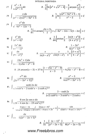 i t
x ¿ - 3
A v/x4 - 4
:d x
INTEGRAL INDEFINIDA
1
In |x 2 + V * 2 _ 4| - -a r c s e n —
x dx
¿'t
(x 2 - 2 ) V x 4 - 4 x 2 + 5
x 2 d x
1
/?. -In
V x 4 — 4 x 2 4- 5 — 1
x 2 - 2
+ C
4- C
l 4 x 2 — 1 2 x — 5
(2x 4- 3 i------------------------
11 arcsen^— -— j 4- -J—4-x2 - 12x — 5(3 — 2x)
411
I I
1,’
4 I
x z dx
( x 2 4- 4 ) 3
2x :i dx
1
R ‘ 64
x 2 x ( 4 - x 2) 1
arctan - -
'2 (4 + x 2) 2
4- C
4- C
( v ’ - l ) 4
dx
1 - 3 x 2
R ■ ^------T“TT 4- C
(() _ x 2)3
( 4 x 2 4- l ) d x
R.
3
■4- - In
6 ( x 2 — l ) 3
(3 + x f
3 6 ( 9 - x 2) 2 1 6 ( 9 - x 2) 4 9 — x 2
4- C
It
( v - 3 )V 6 x — x 2 — 8
/Í. 24 a rc se n (x — 3) 4- 37 In
e 2x dx
1 - V ó x - x 2 - 8
x — 3
J ( c ¿x - 2 e x 4- 5) ) 3
se nh 2x dx
R.
4y¡6x — x 2 — 8 4- C
e * - 5
4 V e 2* - 2 e * 4- 5
4- C
(2 c o sh 2x — 3 se n h 2x — 2 cosh x ) 3/2
R
3 — cosh 2 x
2V 2 c o sh 2x - 3 se n h 2x - 2 c o s h x
:4- C
ill
I ,
!sen 2x sen x d x
( - 4 sen 2 x - 19 se n 2x ) 5/2
4 tan x — 16 / 5 ( t a n x - 4 ) 2
</
W t.m 2* - 8 tan x + 20 ta n 2x - 8 tan x 4 20
dx
+ 12 +
128
3 (tan 2x - 8 tan x + 20 )3/
" t C
(* 1)(x 2 - 2x + 5 )2
R- 32
(x - l ) 2
x 2 — 2x + 5
4-
1
8 (x 2 - 2x + 5)
+ C
55www.FreeLibros.com
 