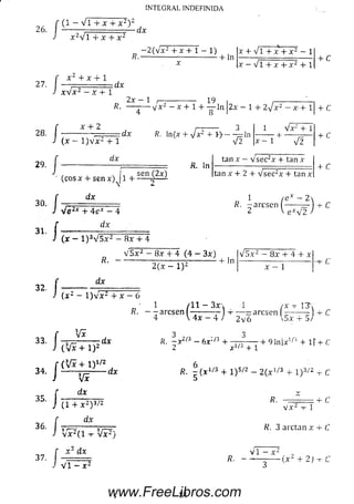 INTEGRAL INDEFINIDA
26.
/
(1 - V i + x + x 2) 2
x 2V l + x + x 2
d x
— 2 ( v x 2 4- x + 1 — 1)
R----------------------------------f- In
' 4- V l 4- x + x 2 - 1
x —V l 4- x + x 2 + 1
4- C
27.
28.
29.
30.
31.
' x 4- x 4- 1
x V x 2 - x 4- 1
dx
2x - 1 r - ------------ 19 I ,------------ — ,
R' — ^ ¡ ~ v * - x 4- 1 + — in | 2 x - 1 + 2V x 2 - X ‘+ lj + C
x + 2
(x - l ) v x ‘ + 1
dx
-.dx R. In(x + yjx2 + ir}-----— In
v2
1 V x 2 + 1
■+
X - 1 s [2
R, In
tan x — v s e c 2x + tan x
tan x + 2 + V se c 2x + tan x
+ C
+ c
dx
V ? Zx + 4 e ;c — 4
dx
1 /e* - 2 
ft. - a r c s e n ------ — + C
2 V e * V 2 /
(x - l ) 3V 5 x 2 - 8 x + 4
V
32.
R.
dx
5 x 2 —Sx + 4 (4 - 3 x )
2 (x - l ) 2
+ In
V 5 x 2 — 8 x + 4 + .
x - 1
-t- C
f dx
J (x 2 - D v x 2(x 2 - 1)VX2 + X - 6
1 / I I - 3 x 
R. - - arcsen — ---------
 4 x - 4 /4
i
2 v 6
¡ X -r 1'3
arcsen ( --------- + C
k' dx + b/
33.
34.
35.
36.
f 3_VX dx
J (Vx + l )2
f ( V x + I f 2
J V x
3 °
R. - x 2/3 - 6 x :/3 + — ... . + 9 + i f + C
2 + 1
R. - ( x 1'3 + I ) 5' 2 - 2 ( x 1/3 + I ) 3' 2 + C
r dx
J (1 + x 2) 3/2
f dx
J Vx2(l + Vx2)
R. 4- C
V X 2 + 1
R. 3 arctan x + C
www.FreeLibros.com
 
