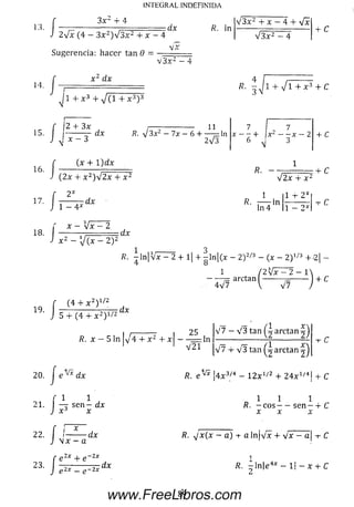 INTEGRAL INDEFINIDA
3x~ ■+■
2V x (4 — 3 x 2) V 3 x 2 4- x — 4
Sugerencia: hacer tan 0 —
dx
'JX
R. in
V 3 x 2 + x - 4 4- Vx
a/3x 2 - 4
V 3 x 2 - 4
14.
x 2 dx
!
J l 4 - X 3 4- 7 ( 1 + X 3)
|2 4- 3 x
X - 3
d x
11
fí. V 3 x 2 — 7 x — 6 H------ — In
2a/3
7 7
x ------ 1- x 2 ---- x — 2
6 ^ 3
4- C
16.
17.
18.
(x 4- l ) d x
(2x 4- x 2)a/2x 4- x 2
2 *
/2x 4- x 2
1 — 4 *
d x
R - i- r inIn 4
1 4- 2X
1 — 2*
r x - Vx - 2
------------ d r
J x 2 ~ ^ ( x - i y
R. - ln | ^ x — 2 4-1| 4- — ln|(x - 2 )2/3 - (x - 2 )1/3 + £|
1 ( 2 W = 2 - l 
------ ■= arctan ---------= -------|4- C
4 V 7 V V 7
(4 4- x 2) 1/2
( 4 + x 2) 1/2
d x
/?. x - 5 In
I 25
4- x -----= l n
1 V21
/7 — V 3 tan arctan
20. j dx R. e ^ ¡4x 3/4 - 1 2 x 1/2 4- 2 4 x 1/4j + C
r 1 1
21.—=• s e n - d x
j x J x
1 1 1
/?. - c o s — sen - 4- C
x x x
22. f I
J V x - a
-dx R. yjx(x - a) ■+• a in jv x 4- v * - a| -1- C
www.FreeLibros.com
 