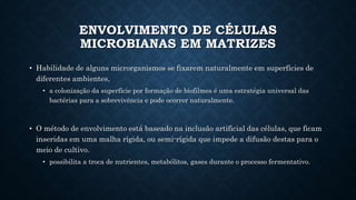 ENVOLVIMENTO DE CÉLULAS
MICROBIANAS EM MATRIZES
• Habilidade de alguns microrganismos se fixarem naturalmente em superfícies de
diferentes ambientes,
• a colonização da superfície por formação de biofilmes é uma estratégia universal das
bactérias para a sobrevivência e pode ocorrer naturalmente.
• O método de envolvimento está baseado na inclusão artificial das células, que ficam
inseridas em uma malha rígida, ou semi-rígida que impede a difusão destas para o
meio de cultivo.
• possibilita a troca de nutrientes, metabólitos, gases durante o processo fermentativo.
 
