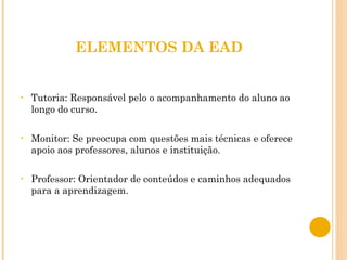 ELEMENTOS DA EAD Tutoria: Responsável pelo o acompanhamento do aluno ao longo do curso. Monitor: Se preocupa com questões mais técnicas e oferece apoio aos professores, alunos e instituição. Professor: Orientador de conteúdos e caminhos adequados para a aprendizagem. 
