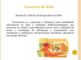 Conceito de EaD Decreto N. 5.622 de 19 de dezembro de 2005. Caracteriza-se a educação a distância como modalidade educacional na qual a mediação didático-pedagógica nos processos de ensino e aprendizagem ocorre com a utilização de meios e tecnologias de informação e comunicação, com estudantes e professores desenvolvendo atividades educativas em tempos diversos.  