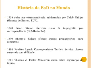 História da EaD no Mundo 1728 aulas por correspondência ministradas por Caleb Philips (Gazette de Boston, EUA). 1840 Isaac Pitman ofereceu curso de taquigrafia por correspondência (Grã-Bretanha). 1840 Sherry´s Colege oferece cursos preparatórios para concursos. 1884 Foulkes Lynch Correspondence Tuition Service oferece cursos de contabilidade. 1891 Thomas J. Foster Ministrou curso sobre segurança de Minas. 