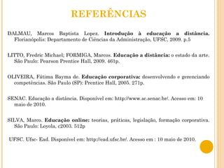 REFERÊNCIAS DALMAU, Marcos Baptista Lopez.  Introdução à educação a distância.  Florianópolis: Departamento de Ciências da Administração, UFSC, 2009. p.5 LITTO, Fredric Michael; FORMIGA, Marcos.  Educação a distância:  o estado da arte. São Paulo: Pearson Prentice Hall, 2009. 461p.  OLIVEIRA, Fátima Bayma de.  Educação corporativa:  desenvolvendo e gerenciando competências. São Paulo (SP): Prentice Hall, 2005. 271p. SENAC. Educação a distância. Disponível em: http://www.sc.senac.br/. Acesso em: 10 maio de 2010. SILVA, Marco.  Educação online:  teorias, práticas, legislação, formação corporativa. São Paulo: Loyola, c2003. 512p UFSC. Ufsc- Ead. Disponível em: http://ead.ufsc.br/. Acesso em : 10 maio de 2010. 