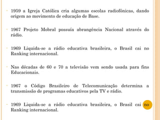 1959 a Igreja Católica cria algumas escolas radiofônicas, dando origem ao movimento de educação de Base. 1967 Projeto Mobral possuía abrangência Nacional através do rádio. 1969 Liquida-se a rádio educativa brasileira, o Brasil cai no Ranking internacional. Nas décadas de 60 e 70 a televisão vem sendo usada para fins Educacionais. 1967 o Código Brasileiro de Telecomunicação determina a transmissão de programas educativos pela TV e rádio. 1969 Liquida-se a rádio educativa brasileira, o Brasil cai no Ranking internacional. 