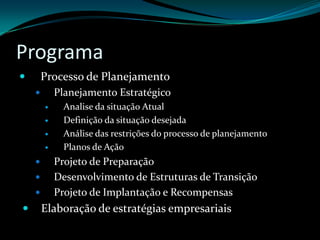 ProgramaProcesso de PlanejamentoPlanejamento EstratégicoAnalise da situação AtualDefinição da situação desejadaAnálise das restrições do processo de planejamentoPlanos de AçãoProjeto de PreparaçãoDesenvolvimento de Estruturas de TransiçãoProjeto de Implantação e RecompensasElaboração de estratégias empresariais