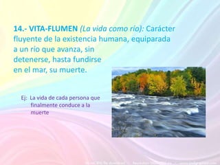 14.- VITA-FLUMEN (La vida como río): Carácter
fluyente de la existencia humana, equiparada
a un río que avanza, sin
detenerse, hasta fundirse
en el mar, su muerte.


  Ej: La vida de cada persona que
      finalmente conduce a la
      muerte
 