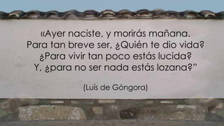 «Ayer naciste, y morirás mañana.
Para tan breve ser, ¿Quién te dio vida?
¿Para vivir tan poco estás lucida?
Y, ¿para no ser nada estás lozana?”
(Luís de Góngora)
 