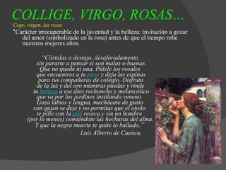 COLLIGE, VIRGO, ROSAS…   Coge, virgen, las rosas   * Carácter irrecuperable de la juventud y la belleza: invitación a gozar del amor (simbolizado en la rosa) antes de que el tiempo robe nuestros mejores años. “ Córtalas a destajo, desaforadamente,   sin pararte a pensar si son malas o buenas.   Que no quede ni una. Púlele los rosales    que encuentres a tu  paso  y deja las espinas   para tus compañeras de colegio. Disfruta   de la luz y del oro mientras puedas y rinde    tu  belleza  a ese dios rechoncho y melancólico   que va por los jardines instilando veneno.   Goza labios y lengua, machácate de gusto   con quien se deje y no permitas que el otoño    te pille con la  piel  reseca y sin un hombre   (por lo menos) comiéndote las hechuras del alma.   Y que la negra muerte te quite lo bailado .” Luis Alberto de Cuenca. 