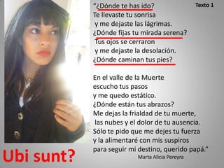 “¿Dónde te has ido?                  Texto 1
            Te llevaste tu sonrisa
             y me dejaste las lágrimas.
            ¿Dónde fijas tu mirada serena?
             Tus ojos se cerraron
             y me dejaste la desolación.
            ¿Dónde caminan tus pies?

            En el valle de la Muerte
            escucho tus pasos
            y me quedo estático.
            ¿Dónde están tus abrazos?
            Me dejas la frialdad de tu muerte,
            las nubes y el dolor de tu ausencia.
            Sólo te pido que me dejes tu fuerza
            y la alimentaré con mis suspiros
            para seguir mi destino, querido papá.”
Ubi sunt?                 Marta Alicia Pereyra
 