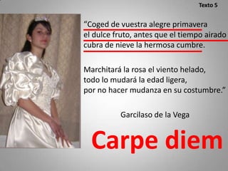 Texto 5


“Coged de vuestra alegre primavera
el dulce fruto, antes que el tiempo airado
cubra de nieve la hermosa cumbre.

Marchitará la rosa el viento helado,
todo lo mudará la edad ligera,
por no hacer mudanza en su costumbre.”

          Garcilaso de la Vega


  Carpe diem
 