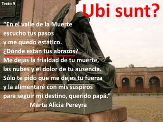 Texto 9



“En el valle de la Muerte
                           Ubi sunt?
escucho tus pasos
y me quedo estático.
¿Dónde están tus abrazos?
Me dejas la frialdad de tu muerte,
las nubes y el dolor de tu ausencia.
Sólo te pido que me dejes tu fuerza
y la alimentaré con mis suspiros
para seguir mi destino, querido papá.”
          Marta Alicia Pereyra
 