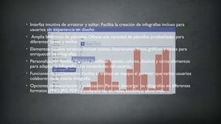 • Interfaz intuitiva de arrastrar y soltar: Facilita la creación de infografías incluso para
usuarios sin experiencia en diseño.
• Amplia biblioteca de plantillas: Ofrece una variedad de plantillas prediseñadas para
diferentes temas y estilos.
• Elementos visuales variados: Incluye iconos, ilustraciones, fotos, gráficos y tablas para
enriquecer las infografías.
• Personalización flexible: Permite modificar fuentes, colores, diseños y otros elementos
para adaptar la infografía a las necesidades del usuario.
• Funciones de colaboración: Facilita el trabajo en equipo al permitir que varios usuarios
colaboren en la misma infografía.
• Opciones de exportación y publicación: Permite descargar las infografías en diferentes
formatos (PNG, JPG, PDF) y compartirlas en redes sociales o sitios web.
 