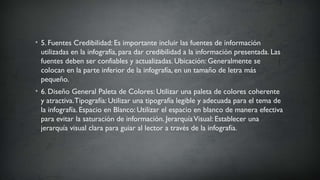• 5. Fuentes Credibilidad: Es importante incluir las fuentes de información
utilizadas en la infografía, para dar credibilidad a la información presentada. Las
fuentes deben ser confiables y actualizadas. Ubicación: Generalmente se
colocan en la parte inferior de la infografía, en un tamaño de letra más
pequeño.
• 6. Diseño General Paleta de Colores: Utilizar una paleta de colores coherente
y atractiva.Tipografía: Utilizar una tipografía legible y adecuada para el tema de
la infografía. Espacio en Blanco: Utilizar el espacio en blanco de manera efectiva
para evitar la saturación de información. JerarquíaVisual: Establecer una
jerarquía visual clara para guiar al lector a través de la infografía.
 