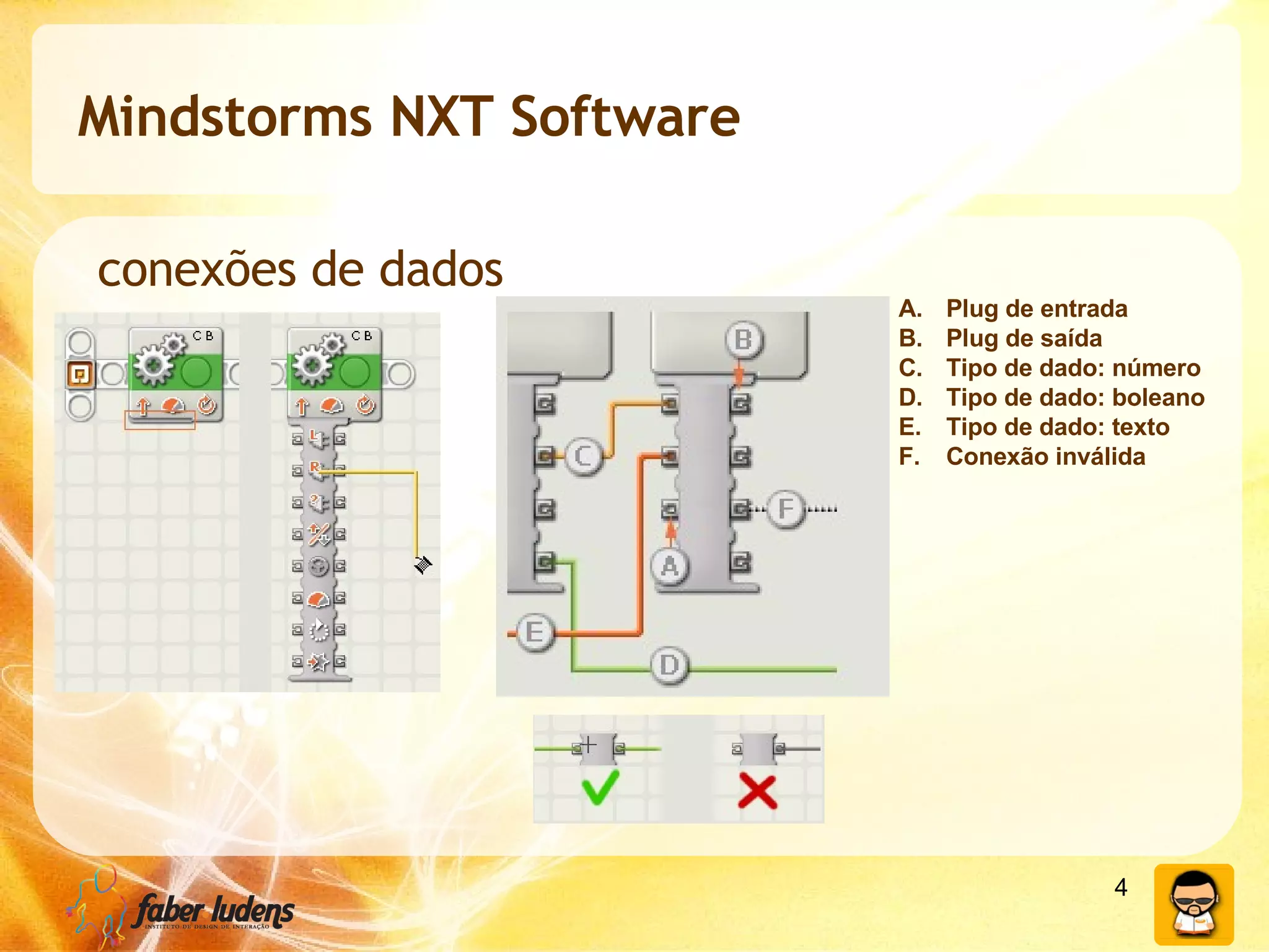 Mindstorms NXT Software conexões de dados Plug de entrada Plug de saída Tipo de dado: número Tipo de dado: boleano Tipo de dado: texto Conexão inválida 