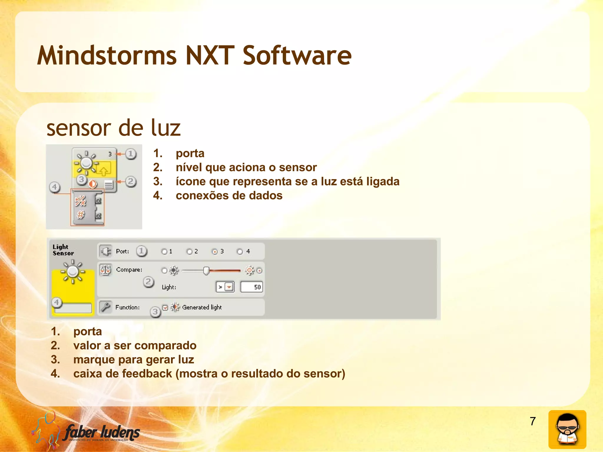 Mindstorms NXT Software sensor de luz porta nível que aciona o sensor ícone que representa se a luz está ligada conexões de dados porta valor a ser comparado marque para gerar luz caixa de feedback (mostra o resultado do sensor) 