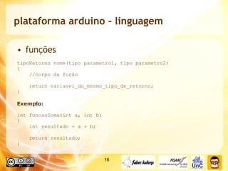 plataforma arduino - linguagem funções tipoRetorno nome(tipo parametro1, tipo parametro2)  { //corpo da fução return variavel_do_mesmo_tipo_de_retorno;  } Exemplo: int funcaoSoma(int a, int b)  { int resultado = a + b; return resultado;  } 