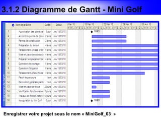 3.1.2 Diagramme de Gantt - Mini Golf




Enregistrer votre projet sous le nom « MiniGolf_03 »
 