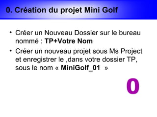 0. Création du projet Mini Golf

• Créer un Nouveau Dossier sur le bureau
  nommé : TP+Votre Nom
• Créer un nouveau projet sous Ms Project
  et enregistrer le ,dans votre dossier TP,
  sous le nom « MiniGolf_01 »
 