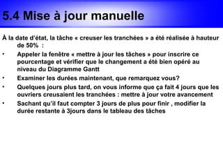 5.4 Mise à jour manuelle
À la date d’état, la tâche « creuser les tranchées » a été réalisée à hauteur
     de 50% :
•    Appeler la fenêtre « mettre à jour les tâches » pour inscrire ce
     pourcentage et vérifier que le changement a été bien opéré au
     niveau du Diagramme Gantt
•    Examiner les durées maintenant, que remarquez vous?
•    Quelques jours plus tard, on vous informe que ça fait 4 jours que les
     ouvriers creusaient les tranchées : mettre à jour votre avancement
•    Sachant qu’il faut compter 3 jours de plus pour finir , modifier la
     durée restante à 3jours dans le tableau des tâches
 