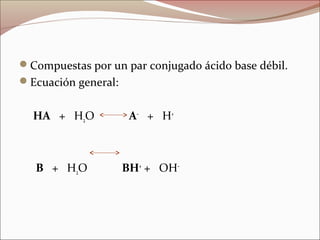 Compuestas por un par conjugado ácido base débil.
Ecuación general:
HA + H2O A–
+ H+
B + H2O BH+
+ OH–
 