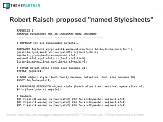 Robert Raisch proposed "named Stylesheets"




Source: http://ksi.cpsc.ucalgary.ca/archives/WWW-TALK/www-talk-1993q2.messages/443.html
 