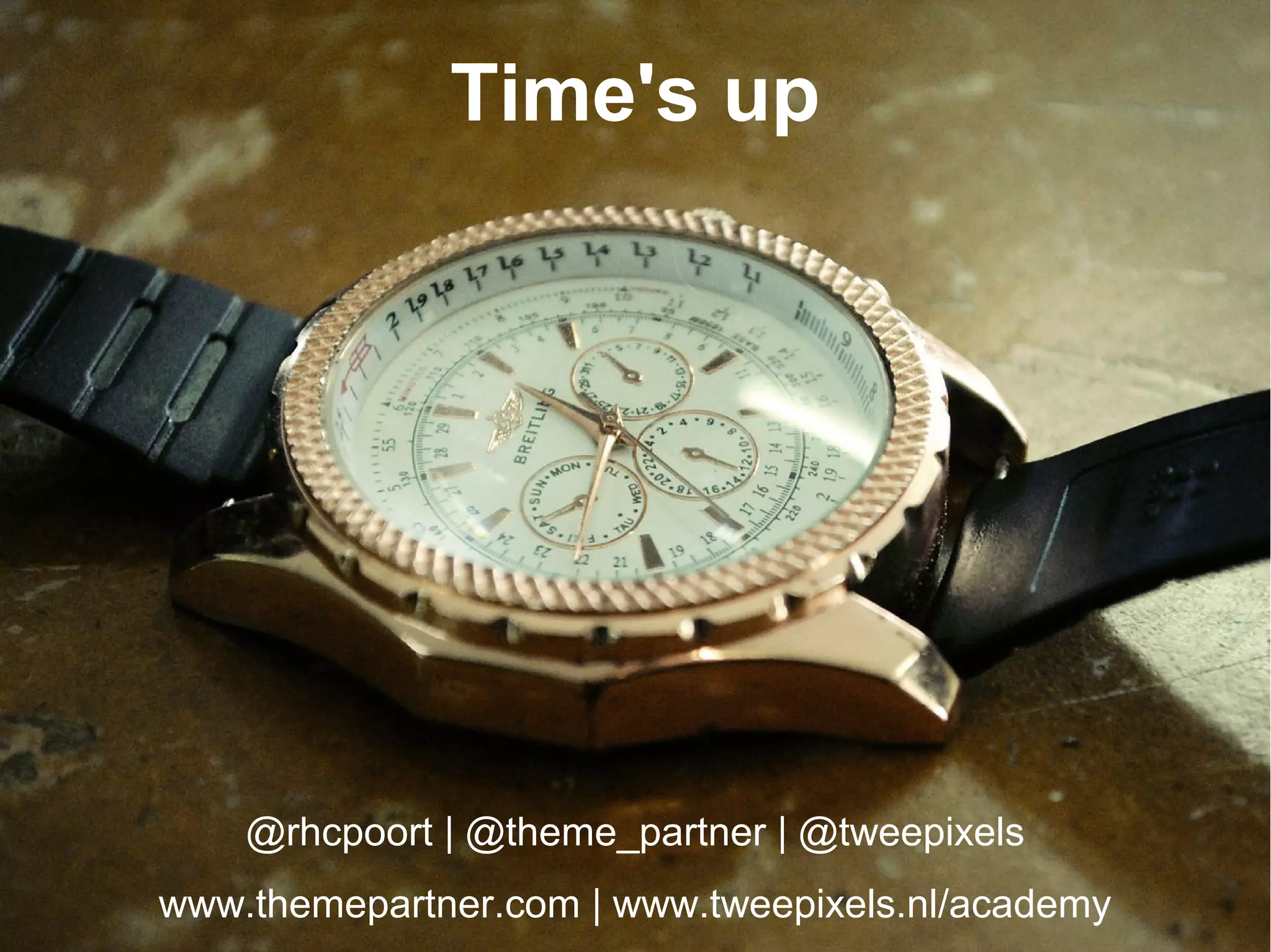 @rhcpoort | @theme_partner | @tweepixels
www.themepartner.com | www.tweepixels.nl/academy
Time's up
 