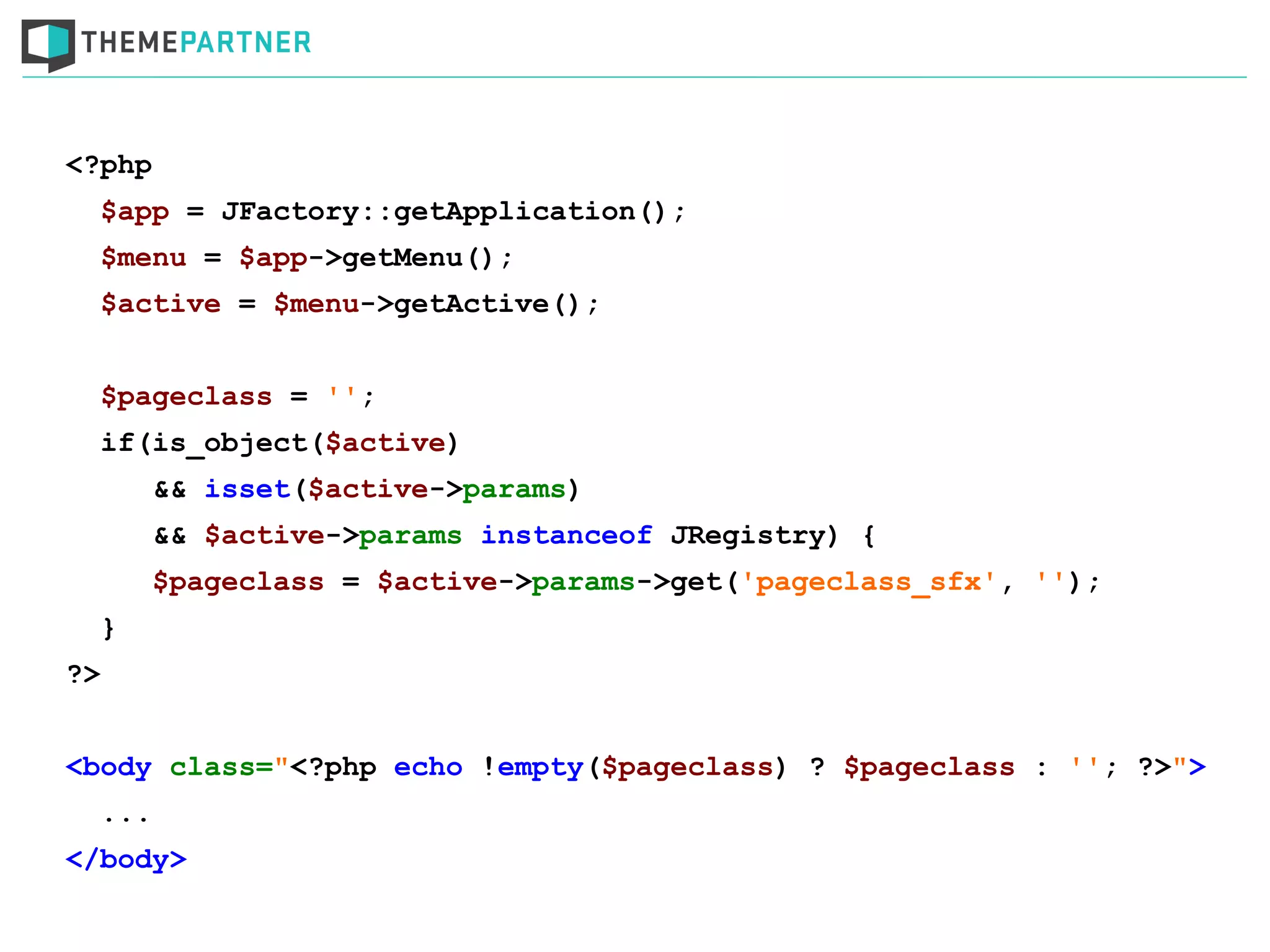 <?php
$app = JFactory::getApplication();
$menu = $app->getMenu();
$active = $menu->getActive();
$pageclass = '';
if(is_object($active)
&& isset($active->params)
&& $active->params instanceof JRegistry) {
$pageclass = $active->params->get('pageclass_sfx', '');
}
?>
<body class="<?php echo !empty($pageclass) ? $pageclass : ''; ?>">
...
</body>
 