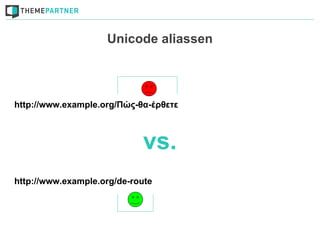 Unicode aliassen




http://www.example.org/Πώς-θα-έρθετε



                            vs.
http://www.example.org/de-route
 