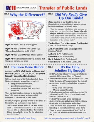 Transfer of Public Lands
Tab 1

Why the Difference??

Tab 2

Did We Really Give
Up Our Lands?

Some say that in our Enabling Acts (or
Constitutions for some States) we gave up our
lands at statehood because it says:
“That the people inhabiting said territory do
agree and declare that they forever disclaim
all right and title to the unappropriated public
lands lying within said territory, and that the
same shall be and remain at the sole and entire
disposition of the United States”

Myth #1 “Your Land is Arid/Rugged”

The Problem: This is Nebraska’s Enabling Act
It has 1% Public Lands today!

Myth #2 “You Gave Up Your Lands” OR
“These Lands Belong to All of Us”

And, it’s also the same language in the
Enabling Acts of:

Myth #3 “You Can’t Manage These Lands”

Alabama (2.7% Public Lands)
Louisiana (4.6% Public Lands)
North Dakota (3.9% Public Lands)
South Dakota (5.4% Public Lands), etc.

Myth #4 “It’s Unconstitutional” to demand that
Congress transfer our lands
Tab 3

It’s Been Done Before!

As much as 90% of all lands in Illinois and
Missouri (and AL, LA, AR, IN, FL, etc.) were
federally controlled for decades!
With so much land under federal control, these
States persistently argued they could not:
• adequately fund education,
• grow their economies, or
• responsibly manage their abundant
resources.
They banded together, refused to be silent or
take “NO” for an answer, and compelled
Congress to transfer title to their lands.
In 1959, Congress granted directly to the State of
Hawaii (the last and western-most State):
“the United States’ title to all the public
lands ... within the boundaries of the State of
Hawaii, title to which is held by the United
States immediately prior to its admission
into the Union.”

www.AmericanLandsCouncil.org

Tab 4

It’s The Only
Solution Big Enough!

• 30-50% of most States’ revenues are federally

sourced (CliftonLarsenAllen, LLP Report)
• Federal Finances are “unsustainable” (US GAO)
• Under the guise of “sequestration” the federal
government is cutting critical state revenues:
• PILT
• SRS (even retroactively)
• Mineral Lease Royalties
Federal access and use restrictions impair the
•
value and beneﬁt of school trust lands, and
state and private lands
• Federal “no-harvest” forest policies are
destroying forests, polluting air, killing millions
of animals, and decimating watershed
• There are more than $150 trillion in minerals
locked up in federally controlled lands (IER)
• There is “more recoverable oil” in UT, CO, &
WY “than the rest of the world combined” (US
GAO)

http://www.youtube.com/AmericanLandsCouncil

 