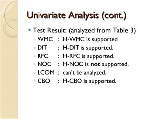 Univariate Analysis (cont.) Test Result:  (analyzed from Table 3) WMC :   H-WMC is supported. DIT :   H-DIT is supported. RFC :   H-RFC is supported. NOC :   H-NOC is  not  supported. LCOM :   can’t be analyzed. CBO :   H-CBO is supported. 