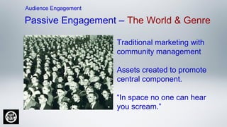 Passive Engagement – The World & Genre
Audience Engagement
Traditional marketing with
community management
Assets created to promote
central component.
“In space no one can hear
you scream.”
 