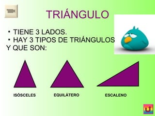TRIÁNGULO TIENE 3 LADOS. HAY 3 TIPOS DE TRIÁNGULOS  Y QUE SON: ISÓSCELES EQUILÁTERO ESCALENO 
