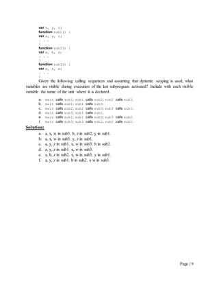 Page | 9
var x, y, z;
function sub1() {
var a, y, z;
. . .
}
function sub2() {
var a, b, z;
. . .
}
function sub3() {
var a, x, w;
. . .
}
Given the following calling sequences and assuming that dynamic scoping is used, what
variables are visible during execution of the last subprogram activated? Include with each visible
variable the name of the unit where it is declared.
a. main calls sub1; sub1 calls sub2; sub2 calls sub3.
b. main calls sub1; sub1 calls sub3.
c. main calls sub2; sub2 calls sub3; sub3 calls sub1.
d. main calls sub3; sub3 calls sub1.
e. main calls sub1; sub1 calls sub3; sub3 calls sub2.
f. main calls sub3; sub3 calls sub2; sub2 calls sub1.
Solution:
a. a, x, w in sub3. b, z in sub2, y in sub1.
b. a, x, w in sub3. y, z in sub1.
c. a, y, z in sub1. x, w in sub3. b in sub2.
d. a, y, z in sub1. x, w in sub3.
e. a, b, z in sub2. x, w in sub3. y in sub1.
f. a, y, z in sub1. b in sub2. x w in sub3.
 
