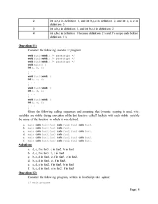 Page | 8
2 int a,b,c in definition 1, and int b,c,d in definition 2, and int c, d, e in
definition 3
3 int a,b,c in definition 1, and int b,c,d in definition 2
4 int a,b,c in definition 1 because definition 2’s and 3’s scope ends before
definition 1’s
Question 11:
Consider the following skeletal C program:
void fun1(void); /* prototype */
void fun2(void); /* prototype */
void fun3(void); /* prototype */
void main() {
int a, b, c;
. . .
}
void fun1(void) {
int b, c, d;
. . .
}
void fun2(void) {
int c, d, e;
. . .
}
void fun3(void) {
int d, e, f;
. . .
}
Given the following calling sequences and assuming that dynamic scoping is used, what
variables are visible during execution of the last function called? Include with each visible variable
the name of the function in which it was defined.
a. main calls fun1; fun1 calls fun2; fun2 calls fun3.
b. main calls fun1; fun1 calls fun3.
c. main calls fun2; fun2 calls fun3; fun3 calls fun1.
d. main calls fun3; fun3 calls fun1.
e. main calls fun1; fun1 calls fun3; fun3 calls fun2.
f. main calls fun3; fun3 calls fun2; fun2 calls fun1.
Solution:
a. d, e, f in fun3. c in fun2. b in fun1
b. d, e, f in fun3. b, c in fun1
c. b, c, d in fun1. e, f in fun3. c in fun2.
d. b, c, d in fun1. e , f in fun3.
e. c, d, e in fun2. f in fun3. b in fun1
f. b, c, d in fun1. e in fun2. f in fun3
Question 12:
Consider the following program, written in JavaScript-like syntax:
// main program
 