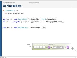 15
Joining	
  Blocks	
  
§  BatchBlock<T>	
  
–  accumulate	
  and	
  run	
  
	
  
var	
  batch	
  =	
  new	
  BatchBlock<T>(batchSize:	
  Int32.MaxValue);	
  
new	
  Timer(delegate	
  {	
  batch.TriggerBatch();	
  }).Change(1000,	
  1000);	
  
	
  
var	
  batch	
  =	
  new	
  BatchBlock<T>(batchSize:	
  100);	
  
TPL	
  Dataﬂow	
  –	
  crash	
  course	
   Built-­‐in	
  Dataﬂow	
  Blocks
20 Апрель 2015
 
