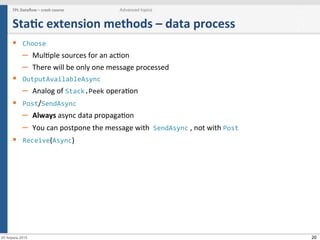 20
StaKc	
  extension	
  methods	
  –	
  data	
  process	
  
§  Choose	
  
–  MulGple	
  sources	
  for	
  an	
  acGon	
  
–  There	
  will	
  be	
  only	
  one	
  message	
  processed	
  
§  OutputAvailableAsync	
  
–  Analog	
  of	
  Stack.Peek	
  operaGon	
  
§  Post/SendAsync	
  
–  Always	
  async	
  data	
  propagaGon	
  
–  You	
  can	
  postpone	
  the	
  message	
  with	
  	
  SendAsync	
  ,	
  not	
  with	
  Post	
  
§  Receive(Async)	
  
TPL	
  Dataﬂow	
  –	
  crash	
  course	
   Advanced topics
20 Апрель 2015
 