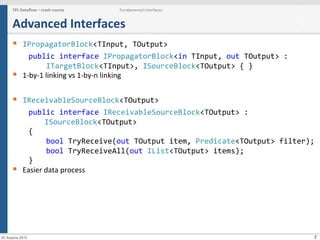 7
Advanced	
  Interfaces	
  
§  IPropagatorBlock<TInput,	
  TOutput>	
  
public	
  interface	
  IPropagatorBlock<in	
  TInput,	
  out	
  TOutput>	
  :	
  	
  
	
  	
  	
  	
  ITargetBlock<TInput>,	
  ISourceBlock<TOutput>	
  {	
  }	
  
§  1-­‐by-­‐1	
  linking	
  vs	
  1-­‐by-­‐n	
  linking	
  
§  IReceivableSourceBlock<TOutput>	
  
public	
  interface	
  IReceivableSourceBlock<TOutput>	
  :	
  
	
  ISourceBlock<TOutput>	
  
{	
  
	
  	
  	
  	
  bool	
  TryReceive(out	
  TOutput	
  item,	
  Predicate<TOutput>	
  filter);	
  
	
  	
  	
  	
  bool	
  TryReceiveAll(out	
  IList<TOutput>	
  items);	
  
}	
  
§  Easier	
  data	
  process	
  
TPL	
  Dataﬂow	
  –	
  crash	
  course	
   Fundamental	
  Interfaces
20 Апрель 2015
 