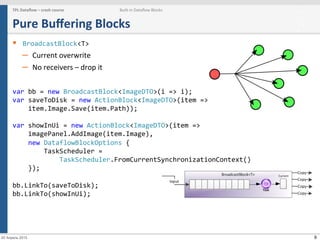 9
Pure	
  Buﬀering	
  Blocks	
  
§  BroadcastBlock<T>	
  
–  Current	
  overwrite	
  
–  No	
  receivers	
  –	
  drop	
  it	
  
	
  
var	
  bb	
  =	
  new	
  BroadcastBlock<ImageDTO>(i	
  =>	
  i);	
  
var	
  saveToDisk	
  =	
  new	
  ActionBlock<ImageDTO>(item	
  =>	
  
	
  	
  	
  	
  item.Image.Save(item.Path));	
  
	
  	
  
var	
  showInUi	
  =	
  new	
  ActionBlock<ImageDTO>(item	
  =>	
  
	
  	
  	
  	
  imagePanel.AddImage(item.Image),	
  	
  
	
  	
  	
  	
  new	
  DataflowBlockOptions	
  {	
  	
  	
  	
  
	
  	
  	
  	
  	
  	
  	
  	
  TaskScheduler	
  =	
  
	
  	
  	
  	
  	
  	
  	
  	
  	
  	
  	
  	
  TaskScheduler.FromCurrentSynchronizationContext()	
  
	
  	
  	
  	
  });	
  
	
  	
  
bb.LinkTo(saveToDisk);	
  
bb.LinkTo(showInUi);	
  
TPL	
  Dataﬂow	
  –	
  crash	
  course	
   Built-­‐in	
  Dataﬂow	
  Blocks
20 Апрель 2015
 