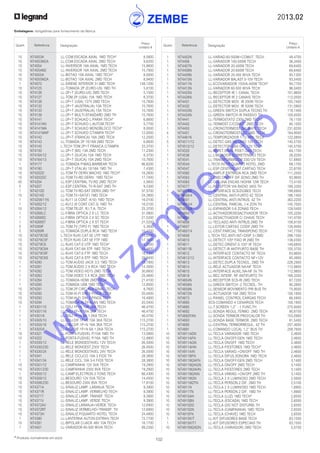 2013.02
102* Produtos normalmente em stock
Embalagens: obrigatórias para fornecimento da fábrica
Quant. Referência Designação
Preço
Unitário €
Quant. Referência Designação
Preço
Unitário €
	 10	 NT4053A	 LL-COM.ESCADA AXIAL 1MD TECH*	 8,5800
	 10	 NT4053M2A	 LL-COM.ESCADA AXIAL 2MD TECH	 9,6200
	 10	 NT4054	 LL-INVERSOR 16A AXIAL 1MD TECH	 15,8600
	 10	 NT4054M2	 LL-INVERSOR 16A AXIAL 2MD TECH	 15,7900
	 10	 NT4055A	 LL-BOTAO 10A AXIAL 1MD TECH*	 8,0000
	 10	 NT4055M2A	 LL-BOTAO 10A AXIAL 2MD TECH	 8,9400
	 1	 NT4070	 LL-SIRENE INTERIOR 3+3MD TECH	 149,1200
	 10	 NT4125	 LL-TOMADA 2P (EURO-US) 1MD TH	 5,6100
	 10	 NT4126	 LL-2P+T (EURO-US) 2MD TECH	 5,1500
	 10	 NT4127	 LL-TOM.2P (USA) 15A 1MD TECH	 8,3700
	 10	 NT4128	 LL-2P+T (USA) 127V 2MD TECH	 10,7600
	 10	 NT4132	 LL-2P+T (AUSTRALIA) 10A TECH	 10,7600
	 10	 NT4133	 LL-2P+T (AUSTRALIA) 15A TECH	 10,7600
	 10	 NT4139	 LL-2P+T MULTI-STANDARD 2MD TH	 10,7600
	 10	 NT4141	 LL-2P+T SCHUKO L.PARAF.TECH*	 6,6600
	 10	 NT4141AN	 LL-2P+T SCHUKO L.AUTOM.TECH*	 5,7700
	 10	 NT4141MA	 LL-2P+T SCHUKO MONOBLOCO TECH*	 8,0000
	 10	 NT4141MAP	 LL-2P+T SCHUKO C/TAMPA TECH*	 12,0000
	 10	 NT4142	 LL-2P+T (FRANCA) 16A 2MD TECH	 12,2000
	 10	 NT4143	 LL-TOMADA 2P 10/16A 2MD TECH	 6,6600
	 10	 NT4145	 L.TECH TOM.2P+T FRANCA C/TAMPA	 33,3700
	 10	 NT4150	 LL-2P+T (BS) 13A 2MD TECH	 11,2300
	 10	 NT4164/12	 LL-2P+T (SUICA) 10A 1MD TECH	 8,3700
	 10	 NT4164/13	 LL-2P+T (SUICA) 10A 2MD TECH	 10,7600
	 1	 NT4177	 LL-TOMADA P/MAQ.BARBEAR TECH	 96,8200
	 10	 NT4180	 LL-2P+T (ITALIA) 10/16A 1MD TH	 7,4300
	 10	 NT4202D	 LL-TOM.TV DERIV.MACHO 1MD TECH*	 16,2600
	 10	 NT4202DC	 LL-TOM.TV-RD DERIV. 1MD TECH	 17,7400
	 40	 NT4204	 LL-ESP.CENTRAL TV-RD 2MD TECH*	 5,5600
	 5	 NT4207	 LL-ESP.CENTRAL TV-R-SAT 2MD TH	 9,5300
	 1	 NT4210D	 LL-TOM.TV-RD-SAT DERIV.2MD TH*	 37,5700
	 10	 NT4214D	 LL-TOM.TV+SAT(F) 1MD TECH	 24,3900
	 1	 NT4258/11N	 LL-RJ11 (4 CONT.-K10) 1MD TECH	 16,0100
	 1	 NT4262/12	 LL-RJ12 (6 CONT.CAT.3) 1MD TH	 16,0100
	 10	 NT4264/12	 LL-TOM.TELEF. R.I.T.A. TECH	 25,3700
	 1	 NT4268LC	 LL-FIBRA OPTICA 2 X LC TECH	 31,0800
	 1	 NT4268SC	 LL-FIBRA OPTICA 2 X SC TECH	 21,5200
	 1	 NT4268ST	 LL-FIBRA OPTICA 2 X ST TECH	 21,5200
	 5	 NT4269F	 LL-TOM.TV (TIPO F) 1MD TECH	 5,3400
	 5	 NT4269R	 LL-TOMADA DUPLA RCA 1MD TECH	 10,4700
	 10	 NT4279C5E	 L.TECH RJ45 CAT.5E UTP 1MD	 15,0500
	 10	 NT4279C5F	 L.TECH RJ45 CAT.5E FTP 1MD	 17,3600
	 10	 NT4279C6	 LL-RJ45 CAT.6 UTP 1MD TECH*	 16,2000
	 10	 NT4279C6A	 LL-RJ45 CAT.6A STP 1MD TECH	 25,4600
	 10	 NT4279C6F	 LL-RJ45 CAT.6 FTP 1MD TECH	 18,5300
	 10	 NT4279C6S	 LL-RJ45 CAT.6 STP 1MD TECH	 20,8400
	 1	 NT4280	 LL-TOM.AUDIO JACK 3,5 1MD TECH	 18,1900
	 1	 NT4281	 LL-TOM.AUDIO 2 X RCA 1MD TECH	 14,3000
	 1	 NT4282	 LL-TOM.VIDEO HD15 2MD TECH	 30,6600
	 1	 NT4283	 LL-TOM.VIDEO 3 X RCA 2MD TECH	 25,4600
	 1	 NT4284	 LL-TOMADA HDMI 2MD TECH	 21,4100
	 1	 NT4285	 LL-TOMADA USB 1MD TECH	 12,8500
	 10	 NT4291	 LL-TOM.2P CIRC.AUX.SINAL. TECH	 8,7600
	 10	 NT4292	 LL-TOM.HI-FI DIN 5 PINOS TECH	 20,4400
	 10	 NT4293	 LL-TOM.HI-FI DIN 2 PINOS TECH	 16,4900
	 10	 NT4294	 LL-TOMADA ALTIFALAN.1MD TECH	 20,5400
	 1	 NT4301/10	 LL-DISJ.1P+N 10A 3KA TECH	 46,4700
	 1	 NT4301/16	 LL-DISJ.1P+N 16A 3KA TECH	 46,4700
	 1	 NT4301/6	 LL-DISJ.1P+N 6A 1,5KA TECH	 46,4700
	 1	 NT4305/10	 LL-DISJ.DIF.1P+N 10A 3KA TECH	 115,2700
	 1	 NT4305/16	 LL-DISJ.DIF.1P+N 16A 3KA TECH	 115,2700
	 1	 NT4305/6	 LL-DISJ.DIF.1P+N 6A 1,5KA TECH	 115,2700
	 10	 NT4321	 LL-PORTA-FUSIVEL P/10A 1MD TH	 13,5800
	 10	 NT4322	 LL-PORTA-FUSIVEL P/16A 1MD TH	 12,9900
	 1	 NT4330/12	 LL-RELE MONOESTAVEL 12V TECH	 26,5000
	 1	 NT4330/230	 LL-RELE MONOEST.230V TECH	 26,4500
	 1	 NT4330/24	 LL-RELE MONOESTAVEL 24V TECH	 26,5000
	 1	 NT4341	 LL-RELE CICLICO 10A 3 FIOS TH	 28,3800
	 1	 NT4341/34	 LL-RELE CICL.10A 3-4 FIOS TECH	 28,3800
	 10	 NT4351/12	 LL-CAMPAINHA 12V 5VA TECH	 19,2900
	 10	 NT4351/230	 LL-CAMPAINHA 230V 8VA TECH	 19,2900
	 1	 NT4355/12	 LL-CAMP.ELECTRON.3 TONS TECH	 66,4300
	 10	 NT4356/12	 LL-BESOURO 12V 5VA TECH	 14,4500
	 10	 NT4356/230	 LL-BESOURO 230V 8VA TECH	 17,8100
	 10	 NT4371A	 LL-SINALIZ.LAMP. LARANJA TECH	 9,3900
	 10	 NT4371R	 LL-SINALIZ.LAMP. VERMELHO TECH	 9,3900
	 10	 NT4371T	 LL-SINALIZ.LAMP. TRANSP. TECH	 9,3900
	 10	 NT4371V	 LL-SINALIZ.LAMP. VERDE TECH	 9,3900
	 10	 NT4372AV	 LL-SINALIZ.LARANJA+VERDE TECH	 12,6900
	 10	 NT4372RT	 LL-SINALIZ.VERMELHO+TRANSP. TH	 12,6900
	 10	 NT4373H	 LL-SINALIZ.P/QUARTO HOTEL TECH	 24,4800
	 1	 NT4380	 LL-LANTERNA AUTON.EXTRAIV.TECH	 72,7700
	 10	 NT4391	 LL-BIPOLAR C/JACK 48V 10A TECH	 16,1700
	 1	 NT4401	 LL-VARIADOR 60-500 W/VA TECH	 99,2300
	 1	 NT4402N	 LL-VARIAD.60-500W+COMUT. TECH	 49,4700
	 1	 NT4406	 LL-VARIADOR 100-500W TECH	 36,3400
	 1	 NT4407N	 LL-VARIADOR 20-400W TECH	 69,6400
	 1	 NT4408N	 LL-VARIADOR 20-600W TECH	 69,6400
	 1	 NT4409N	 LL-VARIADOR 20-400 W/VA TECH	 85,1300
	 1	 NT4410N	 LL-VARIADOR BALAST.0-10V TECH	 93,5400
	 1	 NT4411N	 LL-ECOVARIADOR 150VA-400W TECH*	 94,7700
	 1	 NT4413N	 LL-VARIADOR 60-500 W/VA TECH	 96,0400
	 1	 NT4425N	 LL-RECEPTOR IR 1 CANAL TECH	 101,8600
	 1	 NT4426N	 LL-RECEPTOR IR 2 CANAIS TECH	 112,0500
	 1	 NT4431	 LL-DETECTOR MOV. IR 200W TECH	 105,7400
	 1	 NT4432	 LL-DETECTOR MOV. IR 500W TECH	 131,5900
	 1	 NT4433N	 LL-GREEN SWITCH DUPLA TECNO.TH	 118,1400
	 1	 NT4434N	 LL-GREEN SWITCH IR PASSIVO TH	 100,0500
	 1	 NT4441	 LL-TERMOSTATO 230V 2MD TECH*	 76,1100
	 1	 NT4442	 LL-TERMOST.C/COMUT. 2MD TECH	 80,1000
	 1	 NT4450	 LL-CRONOTERMOST.SALIENTE TECH	 231,8200
	 4	 NT4451	 LL-CRONOTERMOSTATO 3MD TECH	 164,9000
	 1	 NT4461N	 LL-TEMPORIZADOR 1-12 MIN. TECH	 122,0800
	 5	 NT4511/12	 LL-DETEC.GAS METANO 12V TECH	 145,5700
	 1	 NT4512/12	 LL-DETECTOR GAS GPL 12V TECH	 145,5700
	 1	 NT4520	 LL-REPET.SINAL P/DET.GAS TECH	 84,1700
	 1	 NT4536	 LL-LIMITADOR SOBRETENSAO TECH	 26,0200
	 1	 NT4541	 LL-TRANSFORMADOR 230/12V TECH	 57,6900
	 1	 NT4544	 L.TECH INTER.QUARTO HOTEL 2MD	 69,1700
	 1	 NT4547	 LL-ESP.CENTRAL INT.CARTAO TECH	 22,8700
	 1	 NT4560	 LL-AMPLIF.ENTRADA RCA 2MD TECH	 111,2500
	 1	 NT4563	 LL-CMD.ON/OFF DIF.SONO.2MD TH	 83,9600
	 1	 NT4565	 LL-COLUNA ENCAS.16OHM 12W TECH	 73,4100
	 1	 NT4577	 LL-RECEPTOR VIA RADIO 3455 TH	 168,3300
	 1	 NT4578N	 LL-INTERFACE SCS/ZIGBEE TECH	 199,6900
	 1	 NT4600/4	 LL-CENTRAL ANTI-FURTO 4Z TECH	 186,1400
	 1	 NT4601	 LL-CENTRAL ANTI-INTRUS. 4Z TH	 362,2200
	 1	 NT4603/4	 LL-CENTRAL PARCIAL.1-4 ZON.TH	 145,7000
	 1	 NT4603/8	 LL-EXPANSOR 5-8 ZONAS TECH	 129,5400
	 1	 NT4604	 LL-ACTIVADOR/DESACTIVADOR TECH	 105,2200
	 1	 NT4605	 LL-DESACTIVADOR C/ CHAVE TECH	 141,4700
	 1	 NT4606	 LL-TECLADO ANTI-INTRUS.2MD TH	 108,9100
	 1	 NT4607	 LL-LEITOR CARTAO CODIF.2MD TH	 126,9400
	 1	 NT4607/4	 LL-CENT.PARCIAL TRANSPOND.TECH	 147,7700
	 1	 NT4608	 L.TECH TEC.ANTI-INT+DISP 3+3MD	 298,1500
	 1	 NT4610	 LL-DETECT.105º FIXO IR 2MD TH	 138,0300
	 1	 NT4611	 LL-DETEC.ORIENT.0-105º IR TECH	 149,6800
	 1	 NT4611B	 LL-DETECT.IR ANTIFURTO BASE TH	 100,3700
	 1	 NT4612	 LL-INTERFACE CONTACTO NF TECH	 83,8600
	 1	 NT4612/12	 LL-INTERFACE CONTACTO NF+12V	 95,4900
	 1	 NT4613	 LL-DETEC.DUPLA TECNOL. 2MD TH	 228,2900
	 1	 NT4614	 LL-RELE ACTUADOR NA-NF TECH	 112,9800
	 1	 NT4615	 LL-INTERFACE AUXIL.NA-NF 5V TH	 112,9800
	 1	 NT4618	 LL-REC.INTERF. RF ANTIFURTO TH	 168,3200
	 1	 NT4654N	 LL-RECEPTOR SCS-IR 2MD TECH	 87,7200
	 1	 NT4658N	 LL-GREEN SWITCH -2 TECNOL. TH	 90,2800
	 1	 NT4659N	 LL-SENSOR MOVIMENTO PIR BUS TH	 75,9000
	 1	 NT4672N	 LL-ACTUADOR 16A 2MD TECH	 100,1800
	 1	 NT4673	 LL-PAINEL CONTROL.CARGAS TECH	 66,5900
	 1	 NT4680	 SCS-COMANDO 4 CENARIOS TECH	 100,1800
	 1	 NT4685	 LL-T.SCREEN 1,2’’ - 1 FUNC.TH	 275,9400
	 1	 NT4692	 LL-SONDA REGUL.TERMO. 2MD TECH	 90,8700
	 1	 NT4692FAN	 LL-SONDA TERMOR.FRIO/CALOR TH	 103,0900
	 1	 NT4693	 LL-SONDA BASE TERMOR. 2MD TECH	 81,5400
	 1	 NT4695	 LL-CENTRAL TERMORREGUL. 4Z TH	 257,4000
	 1	 NT4891	 LL-COMANDO LOCAL 1,2’’ BUS TH	 258,7600
	 10	 NT4911ADN	 LL-TECLA VARIADOR 1MD TECH	 2,4600
	 10	 NT4911AFN	 LL-TECLA ON/OFF/GEN 1MD TECH	 2,4600
	 10	 NT4911AGN	 LL-TECLA ON/OFF 1MD TECH	 2,4600
	 10	 NT4911AHN	 LL-TECLA P/ESTORES 1MD TECH*	 2,4600
	 10	 NT4911AIN	 LL-TECLA VARIAD.+ON/OFF 1MD TH	 2,4600
	 10	 NT4911BFN	 LL-TECLA DIFUS.SONORA 1MD TECH	 2,4600
	 10	 NT4911M2AFN	 LL-TECLA ON/OFF/GEN 2MD TECH	 3,1400
	 10	 NT4911M2AGN	 LL-TECLA ON/OFF 2MD TECH	 3,1400
	 10	 NT4911M2AHN	 LL-TECLA P/ESTORES 2MD TECH	 3,1400
	 10	 NT4911M2AIN	 LL-TECLA VARIAD.+ON/OFF 2MD TH	 3,1400
	 10	 NT4911M2N	 LL-TECLA 2 X LUMINOSO 2MD TECH	 2,5600
	 10	 NT4911M2TN	 LL-TECLA PERSON.2 DIF. 2MD TH	 2,5100
	 10	 NT4911N	 LL-TECLA 2 X LUMINOSO 1MD TECH	 1,8900
	 10	 NT4911TN	 LL-TECLA PERSON.2 DIF. 1MD TH	 1,8900
	 10	 NT4915AN	 LL-TECLA (LUZ) 1MD TECH*	 2,6500
	 10	 NT4915BN	 LL-TECLA (ESCADA) 1MD TECH	 2,6500
	 10	 NT4915DD	 LL-TECLA (DO NOT DISTURB) TH	 2,6500
	 10	 NT4915DN	 LL-TECLA (CAMPAINHA) 1MD TECH	 2,6500
	 10	 NT4915FN	 LL-TECLA (CHAVE) 1MD TECH	 2,6500
	 1	 NT4915KIT	 LL-KIT DIFUSORES BASE TECH	 83,1500
	 1	 NT4915KIT1	 LL-KIT DIFUSORES ESPECIAIS TH	 83,1500
	 10	 NT4915M2ADN	 LL-TECLA (VARIADOR) 2MD TECH	 5,0700
w
w
w
.zem
be.info
 