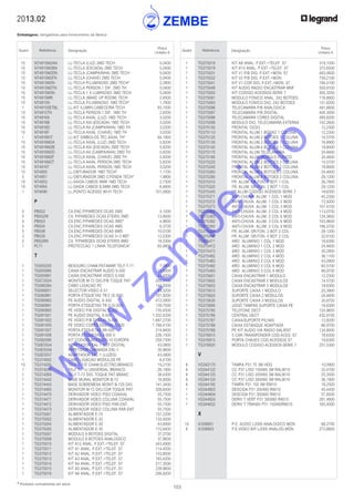 103
* Produtos normalmente em stock
2013.02
Embalagens: obrigatórias para fornecimento da fábrica
Quant. Referência Designação
Preço
Unitário €
Quant. Referência Designação
Preço
Unitário €
	 10	 NT4915M2AN	 LL-TECLA (LUZ) 2MD TECH	 5,0400
	 10	 NT4915M2BN	 LL-TECLA (ESCADA) 2MD TECH	 5,0400
	 10	 NT4915M2DN	 LL-TECLA (CAMPAINHA) 2MD TECH	 5,0400
	 10	 NT4915M2FN	 LL-TECLA (CHAVE) 2MD TECH	 5,0400
	 10	 NT4915M2N	 LL-TECLA P/LUMINOSO 2MD TECH*	 2,2800
	 10	 NT4915M2TN	 LL-TECLA PERSON.1 DIF. 2MD TH	 5,0400
	 10	 NT4915M3N	 LL-TECLA 1 X LUMINOSO 3MD TECH	 5,0400
	 10	 NT4915MR	 LL-TECLA (MAKE UP ROOM) TECH	 2,6500
	 10	 NT4915N	 LL-TECLA P/LUMINOSO 1MD TECH*	 1,7600
	 1	 NT4915SETBL	 LL-KIT ILUMIN.CABECEIRA TECH	 83,1500
	 10	 NT4915TN	 LL-TECLA PERSON.1 DIF. 1MD TH	 2,6500
	 10	 NT4916A	 LL-TECLA AXIAL (LUZ) 1MD TECH	 3,0200
	 10	 NT4916B	 LL-TECLA AXI.(ESCADA) 1MD TECH	 3,0200
	 10	 NT4916D	 LL-TECLA AX.(CAMPAINHA) 1MD TH	 3,0200
	 10	 NT4916F	 LL-TECLA AXIAL (CHAVE) 1MD TH	 3,0200
	 1	 NT4916KIT	 LL-KIT SIMBOLOS TEC.AXIAL TH*	 84,1900
	 10	 NT4916M2A	 LL-TECLA AXIAL (LUZ) 2MD TECH	 5,8200
	 10	 NT4916M2B	 LL-TECLA AXI.(ESCADA) 2MD TECH	 5,8200
	 10	 NT4916M2D	 LL-TECLA AX.(CAMPAINHA) 2MD TH	 5,8200
	 10	 NT4916M2F	 LL-TECLA AXIAL (CHAVE) 2MD TH	 5,8200
	 10	 NT4916M2T	 LL-TECLA AXIAL PERSON.2MD TECH	 5,8200
	 10	 NT4916T	 LL-TECLA AXIAL PERSON.1MD TECH	 3,0200
	 10	 NT4950	 LL-OBTURADOR 1MD TECH*	 1,1700
	 5	 NT4951	 LL-OBTURADOR 2MD C/FENDA TECH*	 1,9800
	 10	 NT4953	 LL-SAIDA CABOS 9MM 1MD TECH	 2,7300
	 10	 NT4954	 LL-SAIDA CABOS 9,5MM 2MD TECH	 8,4800
	 1	 NT9490	 LL-PONTO ACESSO WI-FI TECH	 701,5800
		 P
		
	 5	 PB502	 CX.ENC.P/PAREDES OCAS 2MD	 4,1000
	 5	 PB502W	 CX. P/PAREDES OCAS ETERIS 2MD	 13,9000
	 5	 PB503	 CX.ENC.P/PAREDES OCAS 3MD*	 4,9600
	 5	 PB504	 CX.ENC.P/PAREDES OCAS 4MD	 6,3700
	 5	 PB506	 CX.ENC.P/PAREDES OCAS 6MD	 10,0100
	 3	 PB526	 CX.ENC.P/PAREDES OCAS 3+3 MD*	 12,0300
	 5	 PB528W	 CX. P/PAREDES OCAS ETERIS 8MD	 18,5300
	 1	 PLT1	 PROTECCAO 1 LINHA TELEFONICA*	 65,9800
		 T
		
	 1	 TG005200	 BESOURO CHAM.PATAMAR TELF.T-71	 7,0900
	 1	 TG005880	 CAIXA ENCASTRAR AUDIO S-500	 33,9300
	 1	 TG005881	 CAIXA ENCASTRAR VIDEO S-500	 33,9300
	 1	 TG072024	 MONITOR M-72 DIG.P/B TOQUE PAT	 200,5100
	 1	 TG090264	 CABO LIGACAO PC	 147,0000
	 1	 TG090651	 SELECTOR VIDEO E-51	 49,3200
	 1	 TG090981	 PORTA ETIQUETAS TR-2 (S-300)	 101,9200
	 1	 TG090983	 PE AUDIO DIGITAL S-300	 472,0900
	 1	 TG090991	 PORTA ETIQUETAS TR-3 (S-300)	 139,7500
	 1	 TG090993	 PE VIDEO P/B DIGITAL S-300	 735,4500
	 1	 TG091001	 PE AUDIO DIGITAL S-500	 1.032,4200
	 1	 TG091002	 PE VIDEO P/B DIGITAL S-500	 1.687,2700
	 1	 TG091005	 PE VIDEO CORES DIGITAL S-500	 1.766,4100
	 1	 TG091007	 PORTA ETIQUETAS SR-500	 214,8400
	 1	 TG091008	 PORTA ETIQUETAS S-500 V	 226,1500
	 1	 TG092090	 KIT CODIGO ACESSOS-10 EUROPA	 258,7300
	 1	 TG0E5554	 ADAPTADOR EAL-1 SIST.DIGITAL	 43,0900
	 1	 TG0E5556	 REPETIDOR CHAMADA ERL-1	 30,9600
	 1	 TG0E5557	 ADAPTADOR EAL-1 (LUZES)	 43,0900
	 1	 TG374002	 CABO LIGACAO MODULOS PE	 6,4100
	 10	 TG374200	 TELF.T-71E CHAM.ELECTRO.BRANCO	 19,2100
	 1	 TG374240	 TELF.T-71U UNIVERSAL BRANCO	 26,1900
	 1	 TG374260	 TELF.T-72 DIG. TOQUE PAT.BRANC	 38,4300
	 1	 TG374442	 BASE MURAL MONITOR B-72	 16,9500
	 1	 TG374443	 BASE SOBREMESA MONIT.B-72S DIG	 141,3400
	 1	 TG374465	 MONITOR M-72 DIG.COR TOQUE PAT	 328,6000
	 1	 TG374470	 DERIVADOR VIDEO PISO COAXIAL	 55,7500
	 1	 TG374471	 DERIVADOR VIDEO COLUNA COAXIAL	 55,7500
	 1	 TG374472	 DERIVADOR VIDEO PISO PAR ENT.	 55,7500
	 1	 TG374473	 DERIVADOR VIDEO COLUNA PAR ENT	 55,7500
	 1	 TG375001	 ALIMENTADOR E-70	 157,2200
	 1	 TG375002	 ALIMENTADOR E-32	 133,9300
	 1	 TG375004	 ALIMENTADOR E-30	 43,6900
	 1	 TG375005	 ALIMENTADOR E-35	 110,6400
	 1	 TG375007	 MODULO 8 BOTOES DIGITAL	 37,2700
	 1	 TG375008	 MODULO 8 BOTOES ANALOGICO	 37,9600
	 1	 TG375010	 KIT A12 ANAL. P.EXT.+TELEF. S7	 443,4900
	 1	 TG375011	 KIT A1 ANAL. P.EXT.+TELEF. S7	 114,4500
	 1	 TG375012	 KIT A2 ANAL. P.EXT.+TELEF. S7	 143,8500
	 1	 TG375013	 KIT A3 ANAL. P.EXT.+TELEF. S7	 183,4200
	 1	 TG375014	 KIT A4 ANAL. P.EXT.+TELEF. S7	 217,3500
	 1	 TG375015	 KIT A5 ANAL. P.EXT.+TELEF. S7	 239,9600
	 1	 TG375016	 KIT A6 ANAL. P.EXT.+TELEF. S7	 256,9200
	 1	 TG375018	 KIT A8 ANAL. P.EXT.+TELEF. S7	 319,1000
	 1	 TG375019	 KIT A10 ANAL. P.EXT.+TELEF. S7	 375,6500
	 1	 TG375031	 KIT V1 P/B DIG. P.EXT.+MON. S7	 483,0600
	 1	 TG375032	 KIT V2 P/B DIG. P.EXT.+MON.	 709,2100
	 1	 TG375041	 KIT V1 COR DIG. P.EXT.+MON. S7	 794,0100
	 1	 TG375048	 KIT AUDIO RADIO ENCASTRAR MNF	 550,9100
	 1	 TG375050	 KIT CODIGO ACESSOS-SERIE 7	 305,3200
	 1	 TG375091	 MODULO FONICO ANAL. 2X2 BOTOES	 116,8800
	 1	 TG375093	 MODULO FONICO DIG. 2X2 BOTOES	 151,8200
	 1	 TG375096	 TELECAMARA P/B ANALOGICA	 491,6600
	 1	 TG375097	 TELECAMARA P/B DIGITAL	 404,3000
	 1	 TG375098	 TELECAMARA CORES DIGITAL	 485,8200
	 1	 TG375099	 MODULO DIG. TELECAMARA EXTERNA	 142,2600
	 1	 TG375100	 FRONTAL CEGO	 12,2300
	 1	 TG375110	 FRONTAL ALUM.1 BOTAO 1 COLUNA	 12,2300
	 1	 TG375120	 FRONTAL ALUM.2 BOTOES 1 COLUNA	 14,5700
	 1	 TG375130	 FRONTAL ALUM.3 BOTOES 1 COLUNA	 16,8900
	 1	 TG375140	 FRONTAL ALUM.4 BOTOES 1 COLUNA	 19,8000
	 1	 TG375170	 FRONTAL ALUM.TELECAMARA	 24,4600
	 1	 TG375180	 FRONTAL ALUM.MODULO FONICO	 24,4600
	 1	 TG375220	 FRONTAL ALUM.2 BOTOES 2 COLUNA	 14,5700
	 1	 TG375240	 FRONTAL ALUM.4 BOTOES 2 COLUNA	 19,8000
	 1	 TG375260	 FRONTAL ALUM.6 BOTOES 2 COLUNA	 24,4600
	 1	 TG375280	 FRONTAL ALUM.8 BOTOES 2 COLUNA	 29,1200
	 1	 TG375310	 FR. ALUM. GR.FON. 1 BOT 1 COL	 26,7800
	 1	 TG375320	 FR. ALUM. GR.FON. 2 BOT 1 COL	 29,1200
	 1	 TG375340	 FR.ALUM.CODIGO ACESSOS SERIE 7	 18,6300
	 1	 TG375371	 ANTI-CHUVA ALUM. 1 COL 1 MOD	 45,2300
	 1	 TG375372	 ANTI-CHUVA ALUM. 1 COL 2 MOD	 73,5000
	 1	 TG375373	 ANTI-CHUVA ALUM. 1 COL 3 MOD	 107,4100
	 1	 TG375382	 ANTI-CHUVA ALUM. 2 COL 4 MOD	 113,0700
	 1	 TG375383	 ANTI-CHUVA ALUM. 2 COL 6 MOD	 124,3800
	 1	 TG375392	 ANTI-CHUVA ALUM. 3 COL 6 MOD	 163,9600
	 1	 TG375393	 ANTI-CHUVA ALUM. 3 COL 9 MOD	 186,5700
	 1	 TG375420	 FR. ALUM. GR.FON. 2 BOT 2 COL	 29,1200
	 1	 TG375440	 FR. ALUM. GR.FON. 4 BOT 2 COL	 32,6100
	 1	 TG375471	 ARO ALUMINIO 1 COL 1 MOD	 18,6300
	 1	 TG375472	 ARO ALUMINIO 1 COL 2 MOD	 24,4600
	 1	 TG375473	 ARO ALUMINIO 1 COL 3 MOD	 30,2800
	 1	 TG375482	 ARO ALUMINIO 2 COL 4 MOD	 36,1100
	 1	 TG375483	 ARO ALUMINIO 2 COL 6 MOD	 43,0900
	 1	 TG375492	 ARO ALUMINIO 3 COL 6 MOD	 60,5700
	 1	 TG375493	 ARO ALUMINIO 3 COL 9 MOD	 66,9700
	 1	 TG375601	 CAIXA ENCASTRAR 1 MODULO	 12,2300
	 1	 TG375602	 CAIXA ENCASTRAR 2 MODULOS	 14,5700
	 1	 TG375603	 CAIXA ENCASTRAR 3 MODULOS	 18,6300
	 1	 TG375610	 SUPORTE CAIXA 1 MODULO	 20,3900
	 1	 TG375620	 SUPORTE CAIXA 2 MODULOS	 24,4600
	 1	 TG375630	 SUPORTE CAIXA 3 MODULOS	 30,8700
	 1	 TG375690	 JOGO TAMPAS SUPORTE CAIXA PE	 18,6300
	 1	 TG375785	 TELEFONE DECT	 124,9600
	 1	 TG375786	 CENTRAL DECT	 432,9100
	 1	 TG375787	 CAIXA/SUPORTE PILHAS	 12,8200
	 1	 TG375788	 CAIXA ESTANQUE ADAPTADA	 66,9700
	 1	 TG375789	 PE KIT AUDIO VIA RADIO SALIENT	 124,8000
	 1	 TG376910	 5 CAR.TRANSPONDER COD.ACES. S7	 18,6300
	 1	 TG376915	 PORTA CHAVES COD.ACESSOS S7	 18,6300
	 1	 TG376920	 MODULO CODIGO ACESSOS-SERIE 7	 257,5300
		 V
		
	 6	 VG342170	 TAMPA P31 75 3M HDG	 10,0900
	 6	 VG344122	 CC P31 LISO 150X60 3M RAL9010	 22,4700
	 6	 VG344123	 CC P31 LISO 200X60 3M RAL9010	 25,3500
	 6	 VG344124	 CC P31 LISO 300X60 3M RAL9010	 36,1900
	 6	 VG344192	 TAMPA P31 150 3M R9010	 18,2500
	 1	 VG344803	 DESCIDA P31 200X60 R9010	 40,4400
	 1	 VG344804	 DESCIDA P31 300X60 R9010	 57,8500
	 1	 VG344824	 DERIV T VERT P31 300X60 R9010	 281,4600
	 1	 VG344832	 DERIV T TRANSV P31 150X60R9010	 165,9300
		 X
		
	 10	 X/338901	 P.E. AUDIO L2000 ANALOGICO MON	 68,2700
	 6	 X/338903	 P.E.VIDEO B/P L2000 ANALOG.MON	 273,8800
w
w
w
.zem
be.info
 