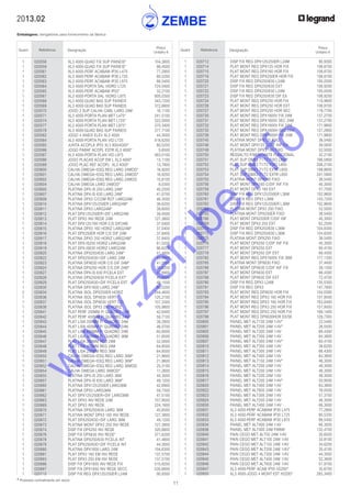 11
* Produtos normalmente em stock
2013.02
Embalagens: obrigatórias para fornecimento da fábrica
Quant. Referência Designação
Preço
Unitário €
Quant. Referência Designação
Preço
Unitário €
	 1	 020712	 DISP FIX REG DPX125/250ER L24M	 90,9300
	 1	 020714	 PLAT MONT REG DPX125 HOR FIX	 108,8700
	 1	 020715	 PLAT MONT REG DPX160 HOR FIX	 108,8700
	 1	 020716	 PLAT MONT REG DPX250ER HOR FIX	 108,8700
	 1	 020720	 DISP FIX REG DPX250/630 L24M	 100,0500
	 1	 020721	 DISP FIX REG DPX250/630 EXT	 108,9200
	 1	 020722	 DISP FIX REG DPX250/630 L24M	 100,0500
	 1	 020723	 DISP FIX REG DPX250/630 DIF EX	 108,9200
	 1	 020724	 PLAT MONT REG DPX250 HOR FIX	 110,9800
	 1	 020726	 PLAT MONT REG DPX250 HOR EXT	 108,8700
	 1	 020727	 PLAT MONT REG DPX250 HOR SEC	 119,7700
	 1	 020730	 PLAT MONT REG DPX1600V FIX 24M	 137,2700
	 1	 020731	 PLAT MONT REG DPX1600V SEC 24M	 137,2700
	 1	 020732	 PLAT MONT REG DPX1600V FIX 24M	 171,9800
	 1	 020735	 PLAT MONT REG DPX1600H SEC 24M	 127,2800
	 1	 020736	 PLAT MONT REG DPX1600H FIX 24M	 171,9800
	 1	 020745	 PLATINA MONT DPX125 FIXO	 38,5400
	 1	 020746	 PLAT MONT DPX125 C/DIF INF FIX	 39,5600
	 1	 020749	 PLATINA MONT DPX3 160 FIXO	 52,5000
	 1	 020750	 RESSALTO P/MONTANTE FUNCIONAL	 32,2100
	 1	 020751	 PLAT SUP DMX3 T1/T2 FIXO L600*	 166,5800
	 1	 020752	 PLAT SUP DMX3 T1/T2 FIXO L850	 208,2100
	 1	 020753	 PLAT SUP DMX3 T1/T2 EXTR L600	 199,8600
	 1	 020754	 PLAT SUP DMX3 T1/T2 EXTR L850	 241,5900
	 1	 020755	 PLATINA MONT DPX160 FIXO	 38,5400
	 1	 020756	 PLAT MONT DPX160 C/DIF INF FIX	 40,3000
	 1	 020759	 PLAT MONT DPX3 160 EXT	 57,7500
	 1	 020760	 DISP FIX REG DPX125/250ER L36M	 102,9600
	 1	 020761	 DISP FIX REG DPX3 L36M	 143,7200
	 1	 020762	 DISP FIX REG DPX125/250ER L36M	 102,9600
	 1	 020764	 PLATINA MONT DPX3 250 FIXO	 52,5000
	 1	 020765	 PLATINA MONT DPX250ER FIXO	 38,5400
	 1	 020766	 PLAT MONT DPX250ER C/DIF INF	 40,3000
	 1	 020769	 PLAT MONT DPX3 250 EXT	 62,2500
	 1	 020770	 DISP FIX REG DPX250/630 L36M	 104,8300
	 1	 020772	 DISP FIX REG DPX250/630 L36M	 104,8300
	 1	 020775	 PLATINA MONT DPX250 FIXO	 38,5400
	 1	 020776	 PLAT MONT DPX250 C/DIF INF FIX	 40,3000
	 1	 020777	 PLAT MONT DPX250 EXT	 60,4100
	 1	 020778	 PLAT MONT DPX250 DIF EXT	 68,4300
	 1	 020782	 PLAT MONT REG DPX1600V FIX 36M	 177,1200
	 1	 020785	 PLATINA MONT DPX630 FIXO	 37,4400
	 1	 020786	 PLAT MONT DPX630 C/DIF INF FIX	 39,1500
	 1	 020787	 PLAT MONT DPX630 EXT	 68,4300
	 1	 020788	 PLAT MONT DPX630 DIF EXT	 72,4700
	 1	 020790	 DISP FIX REG DPX3 L24M	 135,5300
	 1	 020791	 DISP FIX REG DPX3	 147,7600
	 1	 020793	 PLAT MONT REG DPX630 HOR FIX	 104,0300
	 1	 020794	 PLAT MONT REG DPX3 160 HOR FIX	 157,9500
	 1	 020795	 PLAT MONT REG DPX3 160 HOR FIX	 163,0400
	 1	 020796	 PLAT MONT REG DPX3 250 HOR FIX	 157,9500
	 1	 020797	 PLAT MONT REG DPX3 250 HOR FIX	 168,1400
	 1	 020798	 PLAT MONT REG DPX630HOR EX/SE	 128,7300
	 1	 020800	 PAINEL MET ALT150 24M 1/4V*	 22,5400
	 1	 020801	 PAINEL MET ALT200 24M 1/4V*	 26,5500
	 1	 020805	 PAINEL MET ALT300 24M 1/4V	 68,4300
	 1	 020806	 PAINEL MET ALT300 24M 1/4V	 64,3800
	 1	 020807	 PAINEL MET ALT300 24M 1/4V*	 60,4100
	 1	 020810	 PAINEL MET ALT300 24M 1/4V	 38,6200
	 1	 020811	 PAINEL MET ALT300 24M 1/4V	 68,4300
	 1	 020812	 PAINEL MET ALT400 24M 1/4V	 64,3800
	 1	 020813	 PAINEL MET ALT150 24M 1/4V*	 48,3000
	 1	 020814	 PAINEL MET ALT200 24M 1/4V	 48,3000
	 1	 020815	 PAINEL MET ALT200 24M 1/4V	 48,3000
	 1	 020816	 PAINEL MET ALT200 24M 1/4V	 48,3000
	 1	 020817	 PAINEL MET ALT200 24M 1/4V*	 50,9500
	 1	 020820	 PAINEL MET ALT400 24M 1/4V	 64,3800
	 1	 020822	 PAINEL MET ALT600 24M 1/4V	 78,0500
	 1	 020823	 PAINEL MET ALT300 24M 1/4V	 57,3700
	 1	 020824	 PAINEL MET ALT200 24M 1/4V	 48,3000
	 1	 020830	 PAINEL MET ALT400 24M 1/4V	 66,3000
	 1	 020831	 XL3 4000-PERF ACABAM IP30 L475	 77,2900
	 1	 020832	 XL3 4000-PERF ACABAM IP30 L725	 80,5200
	 1	 020833	 XL3 4000-PERF ACABAM IP30 L975	 88,5400
	 1	 020834	 PAINEL MET ALT400 24M 1/4V	 66,3000
	 1	 020836	 PAINEL MET ALT400 24M PARAF	 132,4700
	 1	 020840	 PAIN CEGO MET ALT50 24M 1/4V	 30,6000
	 1	 020841	 PAIN CEGO MET ALT100 24M 1/4V	 33,8100
	 1	 020842	 PAIN CEGO MET ALT150 24M 1/4V	 34,6200
	 1	 020843	 PAIN CEGO MET ALT200 24M 1/4V*	 35,4100
	 1	 020844	 PAIN CEGO MET ALT300 24M 1/4V	 44,3000
	 1	 020845	 PAIN CEGO MET ALT400 24M 1/4V	 52,3600
	 1	 020846	 PAIN CEGO MET ALT600 24M 1/4V	 57,9700
	 1	 020847	 XL3 4000-PERF ACAB IP55 H2200*	 35,6700
	 1	 020850	 XL3 4000-JOGO 4 MONT EST H2200*	 283,3400
	 1	 020558	 XL3 4000-QUAD FIX SUP PAINEIS*	 104,3800
	 1	 020559	 XL3 4000-QUAD FIX SUP PAINEIS*	 99,4500
	 1	 020561	 XL3 4000-PERF ACABAM IP30 L475	 77,2900
	 1	 020562	 XL3 4000-PERF ACABAM IP30 L725	 80,5200
	 1	 020563	 XL3 4000-PERF ACABAM IP30 L975	 88,5400
	 1	 020564	 XL3 4000-PORTA SAL VIDRO L725	 724,5400
	 1	 020565	 XL3 4000-PERF ACABAM IP55*	 32,2100
	 1	 020567	 XL3 4000-PORTA SAL VIDRO L975	 805,0300
	 1	 020568	 XL3 4000-QUAD BAS SUP PAINEIS	 343,7200
	 1	 020569	 XL3 4000-QUAD BAS SUP PAINEIS	 372,6800
	 1	 020570	 JOGO 2 SUP CALHA CABL LARG 24M	 16,1100
	 1	 020571	 XL3 4000-PORTA PLAN MET L475*	 241,5100
	 1	 020574	 XL3 4000-PORTA PLAN MET L725*	 322,0000
	 1	 020577	 XL3 4000-PORTA PLAN MET L975*	 370,3400
	 1	 020579	 XL3 4000-QUAD BAS SUP PAINEIS	 377,7100
	 1	 020582	 JOGO 4 ANEIS ELEV XL3 4000	 44,3000
	 1	 020584	 XL3 4000-PORTA PLAN VID L725	 418,6200
	 1	 020585	 JUNTA ACOPLA IP55 XL3 800/4000*	 80,5200
	 1	 020586	 JOGO PARAF ACOPL ESTR XL3 4000*	 5,6500
	 1	 020587	 XL3 4000-PORTA PLAN VID L975	 483,0100
	 1	 020588	 JOGO PLACAS ACOP EM L XL3 4000*	 13,1100
	 1	 020589	 JOGO PLAC REF ACOPL XL3 4000*	 13,7800
	 1	 020600	 CALHA OMEGA+ESQ REG LARG 24MOD*	 16,9200
	 1	 020601	 CALHA OMEGA+ESQ REG LARG 24MOD*	 16,9200
	 1	 020602	 CALHA OMEGA+ESQ REG LARG 24MOD	 15,8100
	 1	 020604	 CALHA OMEGA LARG 24MOD*	 8,0300
	 1	 020605	 PLATINA DPX-IS 250 LARG 24M*	 40,2500
	 1	 020607	 PLATINA DPX-IS 630 LARG 24M*	 41,0700
	 1	 020608	 PLATINA DPX3 C/COM ROT LARG24M	 46,3500
	 1	 020610	 PLATINA DPX125/250ER LARG24M*	 38,6200
	 1	 020611	 PLATINA DPX3 LARG24M*	 39,8000
	 1	 020612	 PLAT DPX125/250ER+DIF LARG24M	 39,4500
	 1	 020613	 PLAT DPX3 INV REDE 24M	 127,3800
	 1	 020614	 PLAT DPX125/160 HOR C/S DIF24M	 37,0400
	 1	 020615	 PLATINA DPX3 160 HORIZ LARG24M*	 37,0400
	 1	 020616	 PLAT DPX250ER HOR C/S DIF 24M	 37,8400
	 1	 020617	 PLATINA DPX3 250 HORIZ LARG24M*	 37,8400
	 1	 020618	 PLAT DPX-IS250 HORIZ LARG24M	 81,5200
	 1	 020619	 PLAT DPX-IS630 HORIZ LARG24M	 86,6200
	 1	 020620	 PLATINA DPX250/630 LARG 24M*	 41,4800
	 1	 020622	 PLAT DPX250/630+DIF LARG 24M	 43,9900
	 1	 020623	 PLATINA DPX630 HOR C/S DIF 24M*	 41,0500
	 1	 020624	 PLATINA DPX250 HOR C/S DIF 24M*	 38,6200
	 1	 020627	 PLATINA DPX-IS 630 P/CELA EXT	 47,8900
	 1	 020628	 PLATINA DPX250/630 P/CELA EXT*	 45,6500
	 1	 020629	 PLAT DPX250/630+DIF P/CELA EXT	 48,1500
	 1	 020630	 PLATINA DPX1600 LARG 24M*	 80,5200
	 2	 020634	 PLATINA ISOL DPX250ER HORIZ	 244,4600
	 1	 020636	 PLATINA ISOL DPX630 VERT	 125,2100
	 1	 020637	 PLATINA ISOL DPX630 VERT CCI	 107,3300
	 1	 020638	 PLATINA ISOL DPX3 250 HORIZ	 105,9800
	 1	 020641	 PLAT PERF 200MM P/ QUADRO 24M	 42,6400
	 1	 020642	 PLAT PERF 400MM P/ QUADRO 24M	 59,7100
	 1	 020643	 PLAT LISA 200MM P/ QUADRO 24M	 39,2800
	 1	 020644	 PLAT LISA 400MM P/ QUADRO 24M	 46,0700
	 1	 020645	 PLAT LISA 600MM P/ QUADRO 24M	 60,8000
	 1	 020646	 PLAT LISA 400MM P/ QUADRO 36M	 51,8500
	 1	 020647	 PLAT LISA 200MM REG 24M	 52,0000
	 1	 020648	 PLAT LISA 400MM REG 24M	 64,8500
	 1	 020649	 PLAT LISA 200MM REG 36M	 64,8500
	 1	 020650	 CALHA OMEGA+ESQ REG LARG 36M*	 21,9600
	 1	 020651	 CALHA OMEGA+ESQ REG LARG 36M*	 21,9600
	 1	 020652	 CALHA OMEGA+ESQ REG LARG 36MOD	 25,3100
	 1	 020654	 CALHA OMEGA LARG 36MOD*	 11,2600
	 1	 020655	 PLATINA DPX-IS 250 LARG 36M	 44,3000
	 1	 020657	 PLATINA DPX-IS 630 LARG 36M*	 49,1200
	 1	 020660	 PLATINA DPX125/250ER LARG36M	 42,6900
	 1	 020661	 PLATINA DPX3 LARG36M	 59,7300
	 1	 020662	 PLAT DPX125/250ER+DIF LARG36M	 47,5100
	 1	 020663	 PLAT DPX3 INV REDE 24M	 157,9500
	 1	 020669	 PLAT DPX3 INV REDE	 224,1800
	 1	 020670	 PLATINA DPX250/630 LARG 36M	 45,6500
	 1	 020671	 PLATINA MONT DPX3 160 INV REDE	 127,3800
	 1	 020672	 PLAT DPX250/630+DIF LARG 36M	 49,1200
	 1	 020673	 PLATINA MONT DPX3 250 INV REDE	 127,3800
	 1	 020674	 DISP FIX DPX250 INV REDE	 320,8800
	 1	 020676	 DISP FIX DPX630 INV REDE*	 371,6200
	 1	 020678	 PLATINA DPX250/630 P/CELA INT	 41,4800
	 1	 020679	 PLAT DPX250/630+DIF P/CELA INT	 44,3000
	 1	 020680	 PLATINA DPX1600 LARG 24M	 104,6300
	 1	 020681	 PLAT DPX3 160 EM INV REDE	 137,5700
	 1	 020683	 PLAT DPX3 250 EM INV REDE	 137,5700
	 1	 020686	 DISP FIX DPX1600 INV REDE FIX	 515,8200
	 1	 020687	 DISP FIX DPX1600 INV REDE SECC	 535,6600
	 1	 020710	 DISP FIX REG DPX125/250ER L24M	 90,9300
w
w
w
.zem
be.info
 