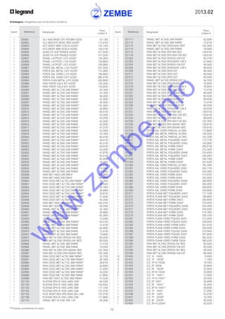 2013.02
12* Produtos normalmente em stock
Embalagens: obrigatórias para fornecimento da fábrica
Quant. Referência Designação
Preço
Unitário €
Quant. Referência Designação
Preço
Unitário €
	 1	 021111	 PAINEL MET ALT400 24M PARAF*	 62,0000
	 1	 021112	 PAINEL MET ALT400 36M PARAF	 72,4700
	 1	 021113	 PAIN MET ALT400 DPXIS1600 VERT	 145,5800
	 1	 021114	 PAINEL MET ALT400 24M PARAF	 78,0900
	 1	 021115	 PAIN MET ALT600 DPX1600 SEC	 128,8100
	 1	 021116	 PAIN MET ALT600 DPX1600+CM SEC	 128,8100
	 1	 021202	 PAIN MET ALT400 DPX250+CM EXT	 90,2700
	 1	 021203	 PAIN MET ALT600 DPX250DIF+CM E	 97,5600
	 1	 021204	 PAIN MET ALT400 DPX630+CM EXT	 88,5400
	 1	 021205	 PAIN MET ALT600 DPX630DIF+CM E	 96,6200
	 1	 021208	 PAIN MET ALT400 DPX3 EXT	 88,5400
	 1	 021211	 PAIN MET ALT400 DPX3 EXT	 88,5400
	 1	 021213	 PAIN MET ALT200 DPX3 EXT	 80,5200
	 1	 021217	 PAINEL MET ALT300 DPX630 EXT H	 94,7000
	 1	 021218	 PAIN MET ALT300 DPX250/630 DIF	 78,9400
	 1	 021219	 PAIN MET ALT300 DPX630DIF+CM E	 78,9400
	 1	 021220	 PAIN MET ALT400 DPX250/630 EXT	 72,4700
	 1	 021221	 PAIN MET ALT400 DPX250/630 EXT	 88,5400
	 1	 021222	 PAIN MET ALT600 DPX250/630 EXT	 80,5200
	 1	 021223	 PAIN MET ALT600 DPX250/630 DIF	 96,6200
	 1	 021224	 PAIN MET ALT200 DPX250 EXT H	 72,4700
	 1	 021226	 PAIN MET ALT300 DPX250/630 DIF	 80,5200
	 1	 021227	 PAIN MET ALT300 DPX250DIF+CM E	 80,5200
	 1	 021231	 PAIN MET ALT600 DPX1600 SEC	 128,8100
	 1	 021232	 PAIN MET ALT600 DPX1600+CM SEC	 128,8100
	 1	 021234	 PAIN MET ALT400 DPX1600 SEC	 96,6200
	 1	 021235	 PAIN MET ALT400 DPX1600+CM SEC	 120,7600
	 1	 021236	 PAIN MET ALT800 DPX1600INV RED	 128,8100
	 1	 021237	 PAIN MET ALT800 DPX1600INV RED	 128,8100
	 1	 021239	 PORTA SAL VIDRO PARCIAL ALT600	 173,8800
	 1	 021249	 PORTA SAL METAL PARCIAL ALT600	 146,2000
	 1	 021250	 PORTA SAL METAL PARCIAL ALT800	 152,3300
	 1	 021251	 PORTA SAL METAL P/QUADRO 20401	 172,7700
	 1	 021252	 PORTA SAL METAL P/QUADRO 20402	 183,5600
	 1	 021253	 PORTA SAL METAL P/ARM 20403*	 260,8100
	 1	 021254	 PORTA SAL METAL P/ARM 20404*	 275,3400
	 1	 021256	 PORTA SAL METAL P/QUADRO 20406	 225,4000
	 1	 021257	 PORTA SAL METAL P/QUADRO 20407	 238,2800
	 1	 021258	 PORTA SAL METAL P/ARM 20408*	 338,1300
	 1	 021259	 PORTA SAL METAL P/ARM 20409*	 357,4300
	 1	 021260	 PORTA SAL VIDRO PARCIAL ALT800	 182,7600
	 1	 021261	 PORTA SAL VIDRO P/QUADRO 20401	 206,1100
	 1	 021262	 PORTA SAL VIDRO P/QUADRO 20402	 220,5800
	 1	 021263	 PORTA SAL VIDRO P/ARM 20403	 313,9700
	 1	 021264	 PORTA SAL VIDRO P/ARM 20404	 330,0500
	 1	 021266	 PORTA SAL VIDRO P/QUADRO 20406	 268,8900
	 1	 021267	 PORTA SAL VIDRO P/QUADRO 20407	 286,5800
	 1	 021268	 PORTA SAL VIDRO P/ARM 20408	 408,9500
	 1	 021269	 PORTA SAL VIDRO P/ARM 20409	 429,8900
	 1	 021271	 PORTA PLANA MET P/QUADRO 20451	 177,1200
	 1	 021272	 PORTA PLANA MET P/QUADRO 20452	 189,9900
	 1	 021273	 PORTA PLANA MET P/ARM 20453	 265,6500
	 1	 021274	 PORTA PLANA MET P/ARM 20454*	 278,5500
	 1	 021276	 PORTA PLANA MET P/QUADRO 20456	 230,2600
	 1	 021277	 PORTA PLANA MET P/QUADRO 20457	 249,5500
	 1	 021278	 PORTA PLANA MET P/ARM 20458	 318,7800
	 1	 021279	 PORTA PLANA MET P/ARM 20459*	 338,1300
	 1	 021281	 PORTA PLANA VIDRO P/QUAD 20451	 212,5400
	 1	 021282	 PORTA PLANA VIDRO P/QUAD 20452	 228,6400
	 1	 021283	 PORTA PLANA VIDRO P/ARM 20453	 301,0700
	 1	 021284	 PORTA PLANA VIDRO P/ARM 20454	 330,0500
	 1	 021286	 PORTA PLANA VIDRO P/QUAD 20456	 276,9400
	 1	 021287	 PORTA PLANA VIDRO P/QUAD 20457	 297,8500
	 1	 021288	 PORTA PLANA VIDRO P/ARM 20458	 365,5200
	 1	 021289	 PORTA PLANA VIDRO P/ARM 20459	 386,4300
	 1	 021290	 PAIN MET ALT400 DPX250 INV RED	 80,5200
	 1	 021291	 PAIN MET ALT400 DPX250+CM EXT	 80,5200
	 1	 021294	 PAIN MET ALT400 DPX630 INV RED	 88,5400
	 1	 021295	 PAIN MET ALT400 DPX630+CM EXT	 88,5400
	 10	 021400	 C/C N 10X38	 8,4900
	 10	 021401	 C/C 1P 10X38*	 7,1000
	 5	 021402	 C/C 1P+N 10X38	 19,7000
	 5	 021403	 C/C 2P 10X38	 20,8400
	 3	 021404	 C/C 3P 10X38*	 24,5400
	 2	 021405	 C/C 3P+N 10X38	 32,9800
	 5	 021501	 C/C 1P 14X51*	 12,5400
	 1	 021502	 C/C 1P+N 14X51*	 29,5500
	 1	 021503	 C/C 2P 14X51	 28,4900
	 1	 021504	 C/C 3P 14X51*	 36,3400
	 1	 021505	 C/C 3P+N 14X51*	 48,6000
	 1	 021533	 C/C 1P 14X51	 27,2900
	 1	 021536	 C/C 3P 14X51	 53,3700
	 3	 021601	 C/C 1P 22X58*	 19,7800
	 1	 021604	 C/C 3P 22X58*	 56,5500
	 1	 021605	 C/C 3P+N 22X58*	 82,0200
	 1	 020851	 XL3 4000-MONT EST INTERM H2200	 53,1300
	 1	 020852	 XL3 4000-KIT2 MONT RED H2200*	 113,5700
	 1	 020853	 KIT2 MONT ARM C/CELA H2200*	 155,1500
	 1	 020854	 KIT2 MONT ARM S/CELA H2200	 159,2100
	 1	 020855	 QUAD FIX SUP PAINEIS H2200*	 477,0200
	 1	 020856	 QUAD FIX SUP PAINEIS H2200*	 477,0200
	 1	 020857	 PAINEL LAT/POST L475 H2200*	 159,3800
	 1	 020858	 PAINEL LAT/POST L725 H2200*	 194,8600
	 1	 020859	 PAINEL LAT/POST L975 H2200*	 256,8800
	 1	 020861	 PORTA SAL METAL L725 H2200*	 637,5500
	 1	 020862	 PORTA SAL METAL L975 H2200*	 770,3800
	 1	 020863	 PORTA SAL VIDRO L725 H2200	 796,9800
	 1	 020864	 PORTA SAL VIDRO L975 H2200	 885,4700
	 1	 020865	 PORTA PLAN METAL L475 H2200	 265,6900
	 1	 020866	 PAIN FRONT CELA INT H2200*	 126,3500
	 1	 020867	 PAIN FRONT CELA EXT H2200	 132,8500
	 1	 020900	 PAINEL MET ALT150 24M PARAF*	 20,1500
	 1	 020901	 PAINEL MET ALT200 24M PARAF*	 24,1800
	 1	 020905	 PAINEL MET ALT300 24M PARAF	 56,4500
	 1	 020906	 PAINEL MET ALT300 24M PARAF	 52,3600
	 1	 020907	 PAINEL MET ALT300 24M PARAF*	 48,3000
	 1	 020908	 PAINEL MET ALT400 24M PARAF*	 145,5800
	 1	 020910	 PAINEL MET ALT300 24M PARAF*	 28,9800
	 1	 020912	 PAINEL MET ALT400 24M PARAF	 60,4100
	 1	 020913	 PAINEL MET ALT150 24M PARAF*	 40,2500
	 1	 020914	 PAINEL MET ALT200 24M PARAF	 40,2500
	 1	 020915	 PAINEL MET ALT200 24M PARAF	 40,2500
	 1	 020916	 PAINEL MET ALT200 24M PARAF	 40,2500
	 1	 020917	 PAINEL MET ALT200 24M PARAF*	 41,2700
	 1	 020918	 PAINEL MET ALT300 24M PARAF	 52,3600
	 1	 020919	 PAINEL MET ALT300 24M PARAF	 53,1900
	 1	 020920	 PAINEL MET ALT400 24M PARAF*	 60,4100
	 1	 020921	 PAINEL MET ALT300 24M PARAF*	 49,8100
	 1	 020922	 PAINEL MET ALT600 24M PARAF	 65,2100
	 1	 020923	 PAINEL MET ALT300 24M PARAF	 49,8100
	 1	 020924	 PAINEL MET ALT200 24M PARAF*	 40,2500
	 1	 020925	 PAINEL MET ALT300 24M PARAF	 47,8700
	 1	 020927	 PAINEL MET ALT400 24M PARAF	 60,4100
	 1	 020930	 PAINEL MET ALT400 24M PARAF*	 62,0000
	 1	 020932	 PAINEL MET ALT400 24M PARAF	 78,0900
	 1	 020934	 PAINEL MET ALT400 24M PARAF*	 60,4100
	 1	 020935	 PAINEL MET ALT400 24M PARAF	 78,0900
	 1	 020936	 PAINEL MET ALT400 24M PARAF	 76,5800
	 1	 020938	 PAIN MET H600 24M DMX3*	 194,8600
	 1	 020939	 PAIN MET H600 24M DMX3	 194,8600
	 1	 020940	 PAIN CEGO MET ALT50 24M PARAF*	 24,1800
	 1	 020941	 PAIN CEGO MET ALT100 24M PARAF*	 26,5500
	 1	 020942	 PAIN CEGO MET ALT150 24M PARAF*	 28,1900
	 1	 020943	 PAIN CEGO MET ALT200 24M PARAF*	 28,9800
	 1	 020944	 PAIN CEGO MET ALT300 24M PARAF*	 29,8100
	 1	 020945	 PAIN CEGO MET ALT400 24M PARAF*	 31,4000
	 1	 020946	 PAIN CEGO MET ALT600 24M PARAF*	 40,2500
	 1	 020948	 PAIN MET H850 36M DMX3	 230,2700
	 1	 020949	 PAIN MET VENT ALT200 24M PARAF	 48,3000
	 1	 020950	 PAINEL MET ALT150 36M PARAF*	 24,1800
	 1	 020951	 PAINEL MET ALT200 36M PARAF*	 28,9800
	 1	 020957	 PAINEL MET ALT300 36M PARAF*	 64,3800
	 1	 020959	 JOGO 2 CHARNEIRAS*	 10,4300
	 1	 020960	 PAINEL MET ALT300 36M PARAF*	 60,4100
	 1	 020962	 PAINEL MET ALT400 36M PARAF	 72,4700
	 1	 020965	 PAINEL MET ALT300 36M PARAF	 64,4800
	 1	 020970	 PAINEL MET ALT400 36M PARAF	 72,4700
	 1	 020972	 PAINEL MET ALT600 36M PARAF	 75,6800
	 1	 020974	 PAIN MET ALT400 DPX250 INV RED	 80,5200
	 1	 020976	 PAIN MET ALT400 DPX630 INV RED*	 80,5200
	 1	 020980	 PAINEL MET ALT400 36M PARAF	 72,4700
	 1	 020984	 PAINEL MET ALT400 36M PARAF	 74,0300
	 1	 020986	 PAIN MET ALT800 DPX1600INV RED	 120,7600
	 1	 020987	 PAIN MET ALT800 DPX1600INV RED	 120,7600
	 1	 020990	 PAIN CEGO MET ALT50 36M PARAF*	 25,7700
	 1	 020991	 PAIN CEGO MET ALT100 36M PARAF*	 28,1900
	 1	 020992	 PAIN CEGO MET ALT150 36M PARAF*	 29,8100
	 1	 020993	 PAIN CEGO MET ALT200 36M PARAF*	 30,6000
	 1	 020994	 PAIN CEGO MET ALT300 36M PARAF*	 31,4000
	 1	 020995	 PAIN CEGO MET ALT400 36M PARAF*	 33,0300
	 1	 020996	 PAIN CEGO MET ALT600 36M PARAF	 41,8600
	 1	 020999	 PAIN MET VENT ALT200 36M PARAF	 51,5200
	 1	 021100	 PLATINA DPX-IS 1600 LARG 24M*	 80,5200
	 1	 021102	 PLATINA DPX-IS 1600 LARG 36M	 104,6300
	 1	 021103	 PLATINA DPX-IS 1600 LARG 36M	 177,1200
	 1	 021104	 PLATINA DPX-IS 1600 LARG 24M	 137,2700
	 1	 021105	 PLAT MONT REG DPX1600V SEC 24M	 137,2700
	 1	 021106	 PLATINA DPX-IS 1600 LARG 24M	 171,9800
	 1	 021110	 PAINEL MET ALT400 24M 1/4V	 66,3000
w
w
w
.zem
be.info
 