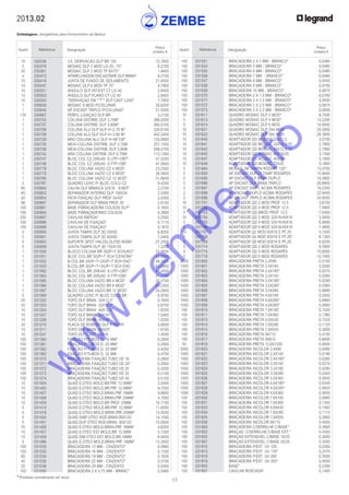 17
* Produtos normalmente em stock
2013.02
Embalagens: obrigatórias para fornecimento da fábrica
Quant. Referência Designação
Preço
Unitário €
Quant. Referência Designação
Preço
Unitário €
	 100	 031551	 BRACADEIRA 2 X 1 MM - BRANCO*	 0,0480
	 100	 031554	 BRACADEIRA 5 MM - BRANCO*	 0,0480
	 100	 031555	 BRACADEIRA 6 MM - BRANCO*	 0,0480
	 100	 031556	 BRACADEIRA 7 MM - BRANCO*	 0,0460
	 100	 031557	 BRACADEIRA 8 MM - BRANCO*	 0,0450
	 100	 031558	 BRACADEIRA 9 MM - BRANCO*	 0,0700
	 100	 031559	 BRACADEIRA 10 MM - BRANCO*	 0,0870
	 100	 031570	 BRACADEIRA 2 X 1,5 MM - BRANCO*	 0,0760
	 100	 031571	 BRACADEIRA 3 X 1,5 MM - BRANCO*	 0,0930
	 100	 031572	 BRACADEIRA 2 X 2,5 MM - BRANCO*	 0,0810
	 100	 031573	 BRACADEIRA 3 X 2,5 MM - BRANCO*	 0,0830
	 10	 031611	 QUADRO MOSAIC DLP 2 MOD*	 8,7000
	 5	 031613	 QUADRO MOSAIC DLP 4 MOD*	 13,5200
	 5	 031614	 QUADRO MOSAIC DLP 6 MOD	 14,8500
	 10	 031621	 QUADRO MOSAIC DLP 2X4 MOD	 24,5800
	 10	 031622	 QUADRO MOSAIC DLP 3X4 MOD	 28,3800
	 10	 031640	 ADAPTADOR QD MOSAIC 20X12,5	 3,0700
	 10	 031641	 ADAPTADOR QD MOSAIC 32X12,5/16	 2,7900
	 10	 031642	 ADAPTADOR QD MOSAIC 40X12,5/16	 2,7900
	 10	 031645	 ADAPTADOR QD MOSAIC 60X16/20	 3,1300
	 10	 031647	 ADAPTADOR QD MOSAIC 40X20	 3,1800
	 10	 031648	 ADAPTADOR QD MOSAIC 75X20	 3,1800
	 5	 031664	 MOSAIC 2M TAMPA RODAPÉ 120*	 13,4700
	 5	 031693	 AP ENCAST.DUPLO TAMP RODAPES	 15,9400
	 5	 031695	 AP ENCAST.DLP BRAN DUPLO	 19,3600
	 5	 031696	 AP ENCAST.DLP BRAN TRIPLO	 20,8800
	 2	 031697	 AP ENCAST.SIMPL ACIMA RODAPES	 18,2300
	 2	 031698	 AP ENCAST.DUPLO ACIMA RODAPES	 22,9400
	 2	 031699	 AP ENCAST.TRIPLO ACIMA RODAPES	 24,9500
	 10	 031701	 ADAPTADOR QD 2 MOD PROF 12,5	 3,8700
	 10	 031702	 ADAPTADOR QD 4 MOD PROF 12,5	 7,5900
	 5	 031703	 ADAPTADOR QD 6MOD PROF 12,5	 7,5400
	 10	 031704	 ADAPTADOR QD 2 MOD 32X16/40X16	 3,5600
	 5	 031705	 ADAPTADOR QD 4 MOD 32X16/40X16	 6,9900
	 5	 031706	 ADAPTADOR QD 6 MOD 32X16/40X16	 7,4800
	 10	 031707	 ADAPTADOR Q2 MOD 60X16 E PF.20	 4,1000
	 5	 031708	 ADAPTADOR Q4 MOD 60X16 E PF.20*	 8,1300
	 5	 031709	 ADAPTADOR Q6 MOD 60X16 E PF.20	 8,8200
	 5	 031714	 ADAPTADOR QD 2 MOD RODAPES	 9,5900
	 5	 031715	 ADAPTADOR QD 4 MOD RODAPÉS	 10,8000
	 5	 031716	 ADAPTADOR QD 6 MOD RODAPES	 12,7400
	 2000	 031800	 BRACADEIRA PRETA 2,4X95	 0,0100
	 1000	 031801	 BRACADEIRA PRETA 2,4X140	 0,0200
	 1000	 031802	 BRACADEIRA PRETA 2,4X180*	 0,0270
	 1000	 031803	 BRACADEIRA PRETA 3,5X140	 0,0280
	 1000	 031804	 BRACADEIRA PRETA 3,5X180*	 0,0290
	 1000	 031805	 BRACADEIRA PRETA 3,5X280*	 0,0360
	 1000	 031806	 BRACADEIRA PRETA 3,5X360	 0,0660
	 1000	 031807	 BRACADEIRA PRETA 4,6X180	 0,0350
	 1000	 031808	 BRACADEIRA PRETA 4,6X280*	 0,0660
	 1000	 031809	 BRACADEIRA PRETA 4,6X360*	 0,0660
	 100	 031810	 BRACADEIRA PRETA 7,6X180	 0,1020
	 100	 031811	 BRACADEIRA PRETA 7,6X360	 0,1360
	 100	 031813	 BRACADEIRA PRETA 4,6X430	 0,1520
	 100	 031814	 BRACADEIRA PRETA 7,6X290	 0,1120
	 100	 031815	 BRACADEIRA PRETA 7,6X550	 0,3000
	 100	 031816	 BRACADEIRA PRETA 9X710	 0,4100
	 100	 031817	 BRACADEIRA PRETA 9X810	 0,6600
	 50	 031818	 BRACADEIRA PRETA 12,6X1030	 0,9500
	 2000	 031820	 BRACADEIRA INCOLOR 2,4X95	 0,0080
	 1000	 031821	 BRACADEIRA INCOLOR 2,4X140	 0,0190
	 1000	 031822	 BRACADEIRA INCOLOR 2,4X180*	 0,0260
	 1000	 031823	 BRACADEIRA INCOLOR 3,5X140	 0,0270
	 1000	 031824	 BRACADEIRA INCOLOR 3,5X180	 0,0280
	 1000	 031825	 BRACADEIRA INCOLOR 3,5X280	 0,0350
	 1000	 031826	 BRACADEIRA INCOLOR 3,5X360	 0,0650
	 1000	 031827	 BRACADEIRA INCOLOR 4,6X180*	 0,0340
	 1000	 031828	 BRACADEIRA INCOLOR 4,6X280*	 0,0650
	 1000	 031829	 BRACADEIRA INCOLOR 4,6X360	 0,0650
	 100	 031830	 BRACADEIRA INCOLOR 7,6X180	 0,0990
	 100	 031831	 BRACADEIRA INCOLOR 7,6X360	 0,1350
	 100	 031833	 BRACADEIRA INCOLOR 4,6X430	 0,1400
	 100	 031834	 BRACADEIRA INCOLOR 7,6X290	 0,1110
	 100	 031835	 BRACADEIRA INCOLOR 7,6X550	 0,2900
	 100	 031836	 BRACADEIRA INCOLOR 9X710	 0,4000
	 100	 031900	 BRAÇADEIRA C/SERRILHA C/BASE*	 0,3900
	 100	 031902	 BRAÇAD. C/SERRILHA C/BASE EXT.*	 0,4300
	 100	 031905	 BRAÇAD.EXTENSIVEL C/BASE 16/20	 0,3000
	 100	 031907	 BRAÇAD.EXTENSIVEL C/BASE 20/25	 0,3500
	 100	 031910	 BRACADEIRA P/EXT. UV 120	 0,2260
	 100	 031913	 BRACADEIRA P/EXT. UV 176*	 0,2470
	 100	 031916	 BRACADEIRA P/EXT. UV 260	 0,3500
	 100	 031919	 BRACADEIRA P/EXT. UV 350*	 0,4500
	100	 031955	 BASE*	 0,2260
	 100	 031957	 CAVILHA ROSCADA*	 0,1400
	 10	 030336	 CX. DERIVACAO DLP BR 150	 12,7600
	 5	 030379	 MOSAIC DLP 2 MOD LG 20...75*	 8,2700
	 20	 030381	 MOSAIC DLP 2 MOD TP 60/75*	 1,9400
	 5	 030413	 APARELHAGEM ENCASTRAR DLP BRAN*	 9,2700
	 10	 030418	 JUNTA DE FUNDO DE ISOLAMENTO	 21,8500
	 10	 030547	 MOSAIC DLP 6 MOD TP 75*	 4,7900
	 10	 030551	 ANGULO DLP INT/EXT CT LG 40	 2,8400
	 10	 030553	 ANGULO DLP PLANO CT LG 40	 2,8400
	 10	 030554	 “DERIVAÇAO EM “”T”” DLP CAST LG40”	 7,7600
	 1	 030639	 MOSAIC 6 MOD P/COLUNAS	 35,6200
	 1	 030640	 AP ENCAST TRIPLO P/COLUNAS*	 31,5000
	 135	 030667	 PERFIL LIGAÇAO DLP BR	 3,2100
	 1	 030703	 COLUNA DISTRIB. DLP 2,70M*	 288,0200
	 1	 030707	 COLUNA DISTRIB. DLP 3,90M*	 360,0100
	 1	 030708	 COLUNA ALU DLP DLP H=2,70 M*	 320,6100
	 1	 030709	 COLUNA ALU DLP DLP H=3,90 M*	 402,2400
	 1	 030729	 MINI COLUNA ALU DLP H=68 CM*	 120,0900
	 1	 030735	 MEIA-COLUNA DISTRIB. DLP 2,70M	 257,1500
	 1	 030736	 MEIA-COLUNA DISTRIB. DLP 3,90M	 308,5700
	 1	 030742	 MINI COLUNA DISTRIB. DLP 0,70M*	 113,1300
	 1	 030747	 BLOC COL CZ 2XRJ45 6 UTP+OBT*	 47,5200
	 1	 030748	 BLOC COL CZ 2XRJ45 6 FTP+OBT	 47,0600
	 1	 030778	 BLOC COLUNA VAZIO CZ 4 MOD*	 23,2300
	 1	 030779	 BLOC COLUNA VAZIO CZ 8 MOD*	 26,5600
	 1	 030780	 BLOC COLUNA VAZIO CZ 12 MOD*	 31,8600
	 5	 030787	 QUADRO LEXIC P/ BLOC COLU CZ	 9,4200
	 60	 030804	 CALHA DLP BRANCA 32X16 S/SEP*	 2,2700
	 40	 030853	 SEPARADOR INTERNO DLP 100X34	 2,5300
	 20	 030854	 PATA FIXAÇAO DLP PROF 34/50*	 2,0200
	 88	 030867	 SEPARADOR DLP BRAN PROF 20	 2,8100
	 100	 030881	 BASE P/BRACADEIRA COLSON DLP*	 0,1600
	 100	 030894	 BASE P/BRAÇADEIRAS COLSON	 0,3900
	 200	 030897	 CAVILHA RAPIDA*	 0,2500
	 100	 030898	 CAVILHA DE FIXAÇAO*	 0,1110
	 100	 030899	 CAVILHA DE FIXAÇAO*	 0,1870
	 5	 030900	 JUNTA TAMPA DLP 3D 55X55	 6,8200
	 5	 030901	 JUNTA TAMPA DLP 3D 80X80	 7,0400
	 5	 030903	 SUPORTE SPOT HALOG.DLP3D 80X80	 27,2500
	 5	 030908	 JUNTA TAMPA DLP 3D 105X105	 7,2200
	 1	 031050	 BLOCO COLUNA BR 3X2P+T SCHUKO*	 33,9500
	 1	 031051	 BLOC COL.BR 3X2P+T SCH C/ENCRA*	 42,8000
	 1	 031052	 B.COL.BR 2X2P+T+2X2P+T SCH ENC*	 48,3200
	 1	 031053	 B.COL.BR 3X2P+T+3X2P+T SCH ENC	 63,5900
	 1	 031062	 BLOC COL BR 2XRJ45 6 UTP+OBT*	 41,4500
	 1	 031063	 BLOC COL BR 2XRJ45 6 FTP+OBT	 41,1100
	 1	 031065	 BLOC COLUNA VAZIO BR 4 MOD*	 22,0700
	 1	 031066	 BLOC COLUNA VAZIO BR 8 MOD*	 25,2300
	 1	 031067	 BLOC COLUNA VAZIO BR 12 MOD*	 30,2800
	 5	 031069	 QUADRO LEXIC P/ BLOC COLU BR	 8,9700
	 20	 031202	 TOPO DLP BRAN 20X12,5*	 0,7600
	 20	 031203	 TOPO DLP BRAN 32X12,5*	 0,8700
	 10	 031204	 TOPO DLP BRAN 40X12,5*	 1,6200
	 10	 031207	 TOPO DLP BRAN 32X16*	 1,0400
	 10	 031208	 TOPO DLP BRAN 40X16*	 1,4200
	 20	 031210	 PLACA DE BORNES DLP P/30316*	 3,8000
	 10	 031211	 TOPO DLP BRAN 40X20*	 1,6700
	 10	 031241	 TOPO DLP CAST 40X16	 1,4500
	 100	 031360	 FIXAÇÃO P/TUBOS D. 16 MM*	 0,2800
	 100	 031361	 FIXAÇÃO P/TUBOS D. 20 MM*	 0,2900
	 100	 031362	 FIXAÇÃO P/TUBOS D. 25 MM*	 0,4200
	 100	 031363	 FIXAÇÃO P/TUBOS D. 32 MM	 0,4700
	 100	 031370	 BRAÇADEIRA FIXAÇÃO TUBO VD 16	 0,2800
	 100	 031371	 BRAÇADEIRA FIXAÇÃO TUBO VD 20*	 0,2900
	 100	 031372	 BRAÇADEIRA FIXAÇÃO TUBO VD 25	 0,4200
	 100	 031373	 BRAÇADEIRA FIXAÇÃO TUBO VD 32	 0,5100
	 100	 031374	 BRAÇADEIRA FIXAÇÃO TUBO VD 40	 0,5100
	 10	 031404	 QUAD.S.OTEO MOLD.BR.PRF.12,5MM*	 3,5400
	 10	 031405	 QUAD.S.OTEO MOLD.BR.PRF.12,5MM*	 9,7200
	 10	 031407	 QUAD.S.OTEO MOLD.BRAN.PRF.16MM	 9,8600
	 10	 031408	 QUAD.S.OTEO MOLD.BRAN.PRF.20MM*	 4,7000
	 10	 031409	 QUAD.S.OTEO MOLD.BR PROF 20MM	 10,7100
	 5	 031414	 QUAD.D.OTEO MOLD.BR.PRF.12,5MM*	 11,9300
	 5	 031418	 QUAD.D.OTEO MOLD.BRAN.PRF.20MM*	 13,4500
	 5	 031450	 QUAD.SIMP.OTEO ROD.BRAN.80X120	 14,1500
	 5	 031451	 QUAD.DUP.OTEO ROD.BRAN. 80X120	 15,0000
	 10	 031456	 QUAD.S.OTEO MOLD.BRAN.PRF.16MM*	 4,6200
	 10	 031457	 QUAD.S.OTEO EST.MOLD.BR 12,5MM	 5,7200
	 10	 031459	 QUAD.SIM.OTEO EST.MOLD.BR.16MM	 6,9400
	 5	 031466	 QUAD.D.OTEO MOLD.BRAN.PRF.16MM*	 13,3000
	 100	 031530	 BRACADEIRA 12 MM - CINZENTO*	 0,0980
	 100	 031532	 BRACADEIRA 16 MM - CINZENTO*	 0,1330
	 60	 031534	 BRACADEIRA 19 MM - CINZENTO*	 0,1630
	 40	 031535	 BRACADEIRA 22 MM - CINZENTO*	 0,3100
	 20	 031536	 BRACADEIRA 29 MM - CINZENTO	 0,5400
	 100	 031550	 BRACADEIRA 2 X 0,75 MM - BRANC*	 0,0480
w
w
w
.zem
be.info
 