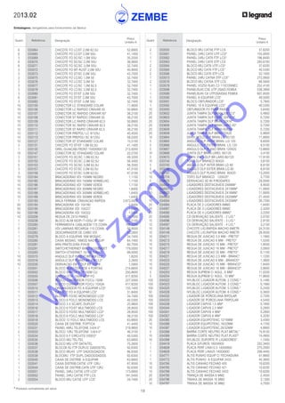 19
* Produtos normalmente em stock
2013.02
Embalagens: obrigatórias para fornecimento da fábrica
Quant. Referência Designação
Preço
Unitário €
Quant. Referência Designação
Preço
Unitário €
	 2	 033555	 BLOCO 6RJ CAT5E FTP LCS	 37,6200
	 1	 033561	 PAINEL 24RJ CAT6 UTP LCS*	 155,0000
	 1	 033562	 PAINEL 24RJ CAT6 FTP LCS*	 196,8400
	 1	 033563	 PAINEL 24RJ CAT6 STP LCS	 283,6700
	 2	 033564	 BLOCO 6RJ CAT6 UTP LCS*	 37,6200
	 2	 033565	 BLOCO 6RJ CAT6 FTP LCS*	 40,5300
	 2	 033566	 BLOCO 6RJ CAT6 STP LCS	 52,1000
	 1	 033573	 PAINEL 24RJ CAT6A STP LCS*	 272,0800
	 2	 033576	 BLOCO 6RJ CAT6A STP LCS	 66,5800
	 1	 033579	 PAINEL VOZ50 RJ45 C3 110CONNEC	 252,4100
	 1	 033588	 PAINELRJ45 C5E UTP 2SAID.FEMEA	 538,3900
	 1	 033589	 PAINELRJ45 C6 UTP2SAIDAS FEMEA	 607,8500
	 1	 033590	 PAINEL A EQUIPAR LCS*	 49,5000
	 10	 033591	 BLOCO OBTURADOR LCS*	 5,7900
	 1	 033592	 PAINEL 10 A EQUIPAR LCS*	 40,5300
	 10	 033593	 OBTURADOR FO PARA PAINEL	 3,6400
	 20	 033602	 JUNTA TAMPA DLP BRAN 20X12,5*	 0,4900
	 20	 033603	 JUNTA TAMPA DLP BRAN 32X12,5*	 0,7200
	 20	 033604	 JUNTA TAMPA DLP BRAN 32X16*	 0,7200
	 20	 033606	 JUNTA TAMPA DLP BRAN LARG 40*	 0,7200
	 20	 033608	 JUNTA TAMPA DLP BRAN 60X20	 0,7200
	 20	 033609	 JUNTA TAMPA DLP BRAN 75X20	 0,9800
	 10	 033664	 DERIV.MOLD.DLP BRAN.LG.80/120	 11,8900
	 5	 033665	 ANGULO DLP INTER BRAN. LG 120	 9,6000
	 5	 033666	 ANGULO DLP EXTER. BRAN. LG 120	 9,5100
	 5	 033667	 ANGULO DLP PLANO BRAN 120X20	 13,8800
	 10	 033668	 JUNTA DLP BRAN LARG. 80/120	 3,4100
	 5	 033670	 DERIV. EM T DLP BR.LARG.80/120	 17,9100
	 10	 033744	 TOPO DLP BRANCO 80X20	 3,6100
	 5	 033745	 ANGULO DLP INTER BRAN LG 80	 8,8100
	 5	 033746	 ANGULO DLP EXTER BRAN LG 80	 8,8100
	 10	 033747	 ANGULO DLP PLANO BRAN 80X20	 13,2000
	 10	 033774	 TOPO DLP BRANCO 120X20*	 3,7700
	 5	 033825	 DERIVACAO 3D 80 P/RODAPES	 29,0000
	 10	 034000	 LIGADORES DESTACÁVEIS 2X6MM*	 8,9500
	 10	 034001	 LIGADORES DESTACÁVEIS 2X10MM*	 11,0800
	 10	 034002	 LIGADORES DESTACÁVEIS 2X16MM*	 11,0800
	 10	 034003	 LIGADORES DESTACÁVEIS 2X25MM*	 21,4500
	 10	 034004	 LIGADORES DESTACÁVEIS 2X35MM*	 26,7200
	 20	 034084	 PLACA DE 2 LIGADORES 6MM2	 1,8400
	 20	 034087	 PLACA DE 3 LIGADORES 6MM2	 2,4200
	 20	 034090	 PLACA DE 4 LIGADORES 6MM2*	 3,2200
	 25	 034095	 CX DERIVAÇÃO SALIENTE - 2 LIG.*	 2,0700
	 15	 034096	 CX DERIVAÇÃO SALIENTE - 3 LIG.*	 2,9100
	 15	 034097	 CX DERIVAÇÃO SALIENTE - 4 LIG.*	 3,2100
	 10	 034148	 CHICOTE LIG.RAPIDA MACHO 6METR	 24,3100
	 10	 034149	 CHICOTE LIG.RAPIDA MACHO 8METR	 28,9500
	 10	 034211	 REGUA DE JUNCAO 2,5 MM - PRETO*	 1,1900
	 10	 034213	 REGUA DE JUNCAO 6 MM - PRETO*	 1,5200
	 10	 034215	 REGUA DE JUNCAO 10 MM - PRETO*	 1,9500
	 10	 034217	 REGUA DE JUNCAO 16 MM - PRETO*	 3,0900
	 10	 034219	 REGUA DE JUNCAO 25 MM - PRETO*	 6,1100
	 10	 034221	 REGUA DE JUNCAO 2,5 MM - BRANC*	 1,1200
	 10	 034223	 REGUA DE JUNCAO 6 MM - BRANCO*	 1,3800
	 10	 034225	 REGUA DE JUNCAO 10 MM - BRANCO*	 1,8400
	 10	 034227	 REGUA DE JUNCAO 16 MM - BRANCO*	 2,8600
	 5	 034253	 REGUA SUPREM C/ AGUL. 6 MM*	 11,0200
	 5	 034254	 REGUA SUPREM C/ AGUL. 10 MM*	 11,8600
	 100	 034322	 NYLBLOC LIGADOR AUTOM. 2 COND.*	 0,1490
	 100	 034323	 NYLBLOC LIGADOR AUTOM. 3 COND.*	 0,1680
	 100	 034325	 NYLBLOC LIGADOR AUTOM. 5 COND.*	 0,2450
	 50	 034328	 NYLBLOC LIGADOR AUTOM. 8 COND.*	 0,3800
	 100	 034332	 LIGADOR DE PORCELANA BIPOLAR	 2,7200
	 100	 034333	 LIGADOR DE PORCELANA TRIPOLAR	 4,5400
	 100	 034338	 LIGADOR CAPVIS 1,5 MM*	 0,1800
	 100	 034344	 LIGADOR CAPVIS 2,5 MM*	 0,2900
	 100	 034351	 LIGADOR CAPVIS 4 MM*	 0,2900
	 100	 034357	 LIGADOR CAPVIS 6 MM*	 0,3200
	 20	 034385	 LIGADOR EQUIPOTENC.12/16MM	 3,4300
	 10	 034386	 LIGADOR EQUIPOTENC.18/22MM	 4,1700
	 10	 034387	 LIGADOR EQUIPOTENC.28/32MM	 4,8900
	 5	 034388	 BARRA CORTE NEUTRO PLAT.METAL*	 15,9100
	 10	 034389	 BARRA CORTE NEUTRO PLAT.PLAST*	 10,4900
	 10	 034398	 NYLBLOC SUPORTE P/ LIGADORES*	 1,7400
	 1	 034418	 PLACA S/FUROS 1800X800	 202,3400
	 1	 034608	 PLACA PERF.LINA12,5 1400X800	 275,2000
	 1	 034609	 PLACA PERF.LINA25 1400X800	 299,4400
	 1	 034771	 ALTIS PUNHO EQUIP C/ FECHADURA	 41,9800
	 1	 034772	 ALTIS PUNHO A EQUIPAR 2433	 44,3800
	 10	 034784	 ALTIS CANHAO FECHAD 405	 10,6200
	 10	 034785	 ALTIS CANHAO FECHAD 421	 10,6200
	 10	 034789	 ALTIS CANHAO FECHAD 2433	 10,6200
	 20	 034795	 TRANÇA DE MASSA 6 MM2	 2,4500
	 20	 034796	 TRANA DE MASSA 16 MM2	 3,1300
	 10	 034797	 TRANA DE MASSA 30 MM2	 4,7000
	 6	 033064	 CHICOTE FO LC/ST 2,0M 62,5U	 52,8900
	 6	 033065	 CHICOTE FO LC/ST 2,0M 50U	 41,1400
	 3	 033069	 CHICOTE FO SC/SC 1,0M 50U	 35,2500
	 6	 033070	 CHICOTE FO SC/SC 2,0M 50U	 38,0600
	 6	 033071	 CHICOTE FO SC/SC 3,0M 50U	 32,7400
	 3	 033072	 CHICOTE FO MT-RJ/ST 2,0M 50U	 40,9000
	 3	 033073	 CHICOTE FO ST/SC 2,0M 50U	 43,7000
	 3	 033075	 CHICOTE FO LC/SC 1,0M 50	 32,7400
	 3	 033076	 CHICOTE FO LC/SC 3,0M 50	 32,7400
	 3	 033077	 CHICOTE FO LC/SC 1,0M 62,5	 32,7400
	 3	 033078	 CHICOTE FO LC/SC 3,0M 62,5	 32,7400
	 3	 033080	 CHICOTE FO ST/ST 3,0M 50U	 32,7400
	 6	 033081	 CHICOTE FO ST/ST 2,0M 50U	 43,7000
	 3	 033082	 CHICOTE FO ST/ST 3,0M 50U	 32,7400
	 10	 033100	 CONECTOR LC STANDARD COLAR	 11,4600
	 10	 033106	 CONECTOR LC RAPIDO CRAVAR 50	 50,8900
	 10	 033107	 CONECTOR SC RAPIDO CRAVAR 50*	 38,2100
	 10	 033108	 CONECTOR ST RAPIDO CRAVAR 50	 38,2100
	 10	 033109	 CONECTOR LC RAPID CRAVAR 62,5	 50,8900
	 10	 033110	 CONECTOR SC RAPID CRAVAR 62,5	 38,2100
	 10	 033111	 CONECTOR ST RAPID CRAVAR 62,5	 38,2100
	 10	 033112	 CONECTOR PREPOLI LC 9/125U	 40,4500
	 10	 033113	 CONECTOR PREPOLI SC 9/125U	 58,0300
	 10	 033127	 CONECTOR ST STANDARD COLAR	 15,5100
	 3	 033131	 CHICOTE FO ST/ST 1,0M 62,5U	 41,1400
	1	 033135	 GREL.GUIACAB.FRONT.1500X90X130	 213,9200
	 10	 033147	 CONECTOR SC STANDARD COLAR	 22,5700
	 3	 033151	 CHICOTE FO SC/SC 1,0M 62,5U	 49,3200
	 3	 033152	 CHICOTE FO SC/SC 2,0M 62,5U	 56,3400
	 5	 033153	 CHICOTE FO SC/SC 3,0M 62,5U	 56,3500
	 3	 033157	 CHICOTE FO ST/SC 2,0M 62,5U	 47,0100
	 3	 033158	 CHICOTE FO ST/SC 3,0M 62,5U	 47,0100
	 10	 033184	 BRACADEIRAS VDI 150MM NEGRO	 1,1100
	 10	 033185	 BRACADEIRAS VDI 150MM VERMELHO	 1,1100
	 10	 033186	 BRACADEIRAS VDI 150MM VERDE	 1,1100
	 10	 033187	 BRACADEIRAS VDI 300MM NEGRO	 1,6400
	 10	 033188	 BRACADEIRAS VDI 300MM VERMELHO	 1,6400
	 10	 033189	 BRACADEIRAS VDI 300MM VERDE	 1,6400
	 1	 033193	 MALA FERRAM. CRAVACAO RAPIDA	 2.673,5000
	 50	 033194	 BRACADEIRA VDI 15X180	 0,8400
	 50	 033195	 BRACADEIRA VDI 15X227	 1,0300
	 50	 033196	 BRACADEIRA VDI 15X322	 1,0300
	 10	 033208	 REGUA DE 2X10 PARES	 29,1500
	 1	 033238	 BLOCO ALIM 6X2P+T+DISJ 2P 16A*	 143,5100
	 1	 033260	 FERRAMENTA CABLAGEM 110 CONN.	 188,5200
	 5	 033261	 VDI LAMINAS RECARGA 110 CONN.	 50,9500
	 1	 033262	 DESCARNADOR DE CABO VDI	 33,2900
	 1	 033279	 BLOCO A EQUIPAR 16M MOSAIC	 34,7400
	 1	 033280	 CAIXA MOSAIC 16MOD NAO EQUIP	 64,7400
	 1	 033281	 MINI PRATELEIRA P/HUB	 80,7500
	 1	 033291	 SWITCHETHERNET 8XRJ10/100BASET	 179,0000
	 1	 033293	 SWITCH ETHERNET 10/100 5 RJ45	 99,0000
	 10	 033315	 ANGULO DLP INT/EXT BR 40X12,5*	 1,8200
	 10	 033316	 ANGULO DLP PLANO BR 40X12,5*	 2,2600
	 10	 033330	 DERIVACAO EM T DLP BR 32X16	 1,5900
	 1	 033501	 BLOCO INJECTOR POE 4 PORTAS	 214,6600
	 1	 033502	 BLOCO SWITCH ETH 100M CU	 250,8600
	 1	 033505	 SWITCH ETH. 100M VOIP FO	 417,8200
	 1	 033506	 BLOCO CONVERSOR FO/CU 100M	 227,0000
	 1	 033507	 BLOCO CONVERSOR FO/CU 1GIGA	 417,8200
	 1	 033510	 ORGANIZADOR FO A EQUIPAR LCS*	 133,1400
	 1	 033511	 CASSETE FO A EQUIPAR LCS*	 31,8400
	 1	 033512	 BLOCO 6 FO/SC MONOMODO LCS*	 34,7400
	 1	 033513	 BLOCO 6 FO/LC MONOMODO LCS	 40,5300
	 1	 033514	 BLOCO 3 X SC/APC DUPLEX*	 25,9800
	 1	 033516	 BLOCO 6 FO/ST MULTIMODO LCS	 28,9500
	 1	 033517	 BLOCO 6 FO/SC MULTIMODO LCS*	 28,9500
	 1	 033518	 BLOCO 6 FO/LC MULTIMODO LCS*	 38,2100
	 1	 033519	 BLOCO 12 FO/LC MULTIMODO LCS	 63,6800
	 1	 033520	 CAIXA DE DISTRIB. FOPTICA	 41,4400
	 1	 033531	 PAINEL 48RJ TELEFONE 3-6/4-5*	 219,9800
	 2	 033533	 BLOCO 12RJ TELEFONE 3-6/4-5*	 46,3100
	 1	 033534	 BLOCO 6 F CIRCUITO VIDEO*	 40,5300
	 1	 033535	 BLOCO 6RJ TEL/TEL	 63,6800
	 1	 033536	 BLOCO 6RJ UTP DATA/TEL	 75,2600
	 1	 033537	 BLOCO6 RJ FTP DUPLIC DADOS/TEL	 92,6300
	 1	 033538	 BLOCO 6RJ45 UTP DADOS/DADOS	 86,8300
	 1	 033539	 BLOC6RJ FTP DUPL.DADOS/DADOS	 92,6300
	 1	 033540	 CAIXA DE DISTRIB. A EQUIPAR	 63,6800
	 1	 033541	 CAIXA DISTRIB.CAT5E UTP 12RJ	 87,9500
	 1	 033544	 CAIXA DE DISTRIB.CAT6 UTP 12RJ	 92,6300
	 1	 033551	 PAINEL 24RJ CAT5E UTP LCS*	 173,6800
	 1	 033552	 PAINEL 24RJ CAT5E FTP LCS	 191,0400
	 2	 033554	 BLOCO 6RJ CAT5E UTP LCS*	 34,7400
w
w
w
.zem
be.info
 