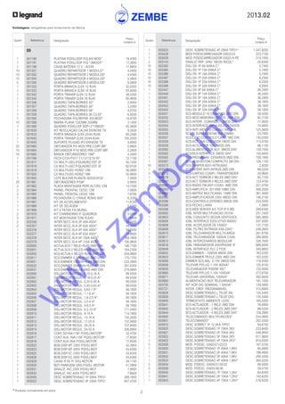 2013.02
2* Produtos normalmente em stock
Embalagens: obrigatórias para fornecimento da fábrica
Quant. Referência Designação
Preço
Unitário €
Quant. Referência Designação
Preço
Unitário €
	 1	 003023	 DESC SOBRETENSAO 4P 25KA TIPO1*	 1.047,8200
	 1	 003028	 MOD P/DESCARREGADOR 03022/23	 223,7100
	 1	 003029	 MOD P/DESCARREGADOR 03023 N-PE	 210,1000
	 2	 003143	 SINALIZ.TRIP. 3IND. NEON INCOL*	 20,6300
	 10	 003382	 DISJ DX 1P 6A 6/6KA C*	 5,7400
	 10	 003384	 DISJ DX 1P 10A 6/6KA C*	 5,7400
	 10	 003386	 DISJ DX 1P 16A 6/6KA C*	 5,7400
	 10	 003387	 DISJ DX 1P 20A 6/6KA C*	 6,2300
	 10	 003388	 DISJ DX 1P 25A 6/6KA C*	 6,2300
	 10	 003389	 DISJ DX 1P 32A 6/6KA C*	 9,0000
	 1	 003447	 DISJ DX 3P 6A 6/6KA C*	 36,2400
	 1	 003449	 DISJ DX 3P 10A 6/6KA C*	 36,2400
	 1	 003451	 DISJ DX 3P 16A 6/6KA C*	 36,2400
	 1	 003452	 DISJ DX 3P 20A 6/6KA C*	 38,1600
	 1	 003453	 DISJ DX 3P 25A 6/6KA C*	 38,1600
	 1	 003454	 DISJ DX 3P 32A 6/6KA C*	 38,1600
	 1	 003551	 SCS-MODULO 16 CENARIOS 2MD DIN	 59,4200
	 1	 003552	 SCS-MOD.MEMORIA+RELOG. 2MD DIN	 82,7100
	 1	 003553	 SCS-INTERF. COMANDO - 2MOD DIN	 71,0600
	 1	 003554	 SCS-INTERFACE IMPULSO-CONTADOR	 74,6800
	 1	 003555	 SCS-INTF.INDICAD.CONSU.1MD DIN	 125,5600
	 1	 003556	 SCS-TI SUPLEMENTAR 90A 25MM2	 23,7400
	 1	 003557	 SCS-CENT.CONTROLO CARG.1MD DIN	 130,0300
	 1	 003558	 SCS-ACT. 16A C/SENSOR 1MOD DIN	 113,0700
	 1	 003559	 SCS-ACTUADOR 16A 1MOD DIN	 96,1100
	 1	 003560	 SCS-ALIMENTADOR AUT. 8MOD DIN*	 139,7500
	 1	 003562	 SCS/SCS-INTERFACE 2MOD DIN*	 140,9400
	 1	 003565	 SCS-PROGRAMA. CENARIOS 6MD DIN	 758,1900
	 1	 003567	 SCS-ALIM.AUTOM.COMPACTO 2M DIN	 128,1100
	 10	 003572	 SCS-TAMPER ANTI-INTRUSAO	 2,9200
	 1	 003573	 SCS-INTERF.ANTI-INTRUS.2MD DIN	 88,5200
	 3	 003575	 SCS-CARTAO CODIFI.-TRANSPONDER	 20,9600
	 1	 003579	 SCS-ACT.TERMOR.2 RELES 2MD DIN*	 82,7100
	 1	 003580	 SCS-ACT.TERMOR.4 RELES 2MD DIN*	 123,4700
	 1	 003582	 SCS-RADIO FM-ANT+COAX 4MD DIN	 221,3700
	 1	 003583	 SCS-AMPLIFICA. 30+30W 10MD DIN	 408,2500
	 1	 003584	 SCS-MATRIZ MULTICANAL 10MD DIN	 361,4400
	 1	 003585	 SCS-AMPLIFICADOR 230V 4MOD DIN	 146,2100
	 1	 003586	 SCS-CONTROLO ESTEREO 4MOD DIN	 233,5500
	 1	 003589	 SCS-FECHO LINHA	 7,5900
	 1	 003598	 SCS-WEB SERVER A/V TCP-IP 6 MD	 599,6300
	 1	 003600	 IOBL INTER MULTIFUNCAO 2X10A	 231,7400
	 1	 003603	 IOBL CONJUNTO SEGUR.VENTO/SOL	 560,3800
	 1	 003606	 IOBL INTERFACE EVOLUTIVO-RADIO	 247,9300
	 1	 003608	 IOBL ACOPLADOR DE FASES*	 137,7100
	 1	 003609	 IOBL FILTRO ENTRADA 63A-230V*	 248,2600
	 1	 003610	 IOBL TELEVARIADOR MULTICARGA	 261,6700
	 1	 003611	 IOBL TELEVARIADOR 1000VA C/SIN	 299,0600
	 1	 003612	 IOBL INTERCENARIOS MODULAR	 226,7600
	 1	 003618	 IOBL TRANSMISSOR AXIOPHONE IP	 688,6000
	 1	 003648	 IOBL INTERFACE PLC 2 FIOS	 340,8600
	 1	 003652	 SCS-DIMMER - 1000VA 4MOD DIN	 163,5200
	 1	 003653	 SCS-DIMMER TR.ELE.230V 4MD DIN	 163,5200
	 1	 003656	 DIMMER SCS BAL. 0-10V 2MOD DIN	 116,9300
	 1	 003658	 TELEVAR P/FLUO 1-10V 800VA*	 125,9100
	 1	 003659	 TELEVARIADOR P/600W INC*	 120,0000
	 1	 003660	 TELEVAR P/FLUO 1-10V 1000VA*	 272,6700
	 1	 003671	 TELEVAR UNIVERSAL 1000VA*	 392,0600
	 1	 003680	 ALIMENTACAO BUS TELEVARIADOR	 181,1500
	 1	 003705	 INT HOR DIG SEMANAL 1 SAIDA*	 139,5600
	 1	 003721	 INTER. CREP. PROGRAMAVEL	 312,6900
	 1	 003828	 DESC.SOBRETENSAO L.TELEF.AN.	 135,5400
	 1	 003829	 DESC.SOBRETENSAO L.TELEF.DIG.	 135,5400
	 1	 003840	 TERMOSTATO AMBIENTE LEXIC	 165,0200
	 1	 003841	 SCS-ACTUADOR - 1 RELE 2MD DIN	 76,8900
	 1	 003842	 SCS-ACTUADOR - 2 RELES 2MD DIN*	 88,5200
	 1	 003844	 SCS-ACTUADOR - 4 RELES 2MD DIN*	 129,2900
	 1	 003900	 TELECOMANDO MULTIFUNCOES*	 234,4800
	1	 003901	 TELECOMANDO*	 202,5500
	 1	 003910	 DESC SOBRET 1P 12,5KA TIPO1	 94,6700
	 1	 003920	 DESC.SOBRETENSAO 1P 70KA 2KV	 233,8400
	 1	 003921	 DESC.SOBRETENSAO 2P 70KA 2KV	 548,9500
	 1	 003922	 DESC.SOBRETENSAO 3P 70KA 2KV	 611,9800
	 1	 003923	 DESC.SOBRETENSAO 4P 70KA 2KV*	 674,9300
	 5	 003928	 MOD. P/DESC. 03920/21/22/23	 187,0700
	 1	 003930	 DESC.SOBRETENSAO 1P 40KA 1,8KV	 85,6900
	 1	 003931	 DESC.SOBRETENSAO 2P 40KA 1,8KV	 198,4800
	 1	 003932	 DESC.SOBRETENSAO 3P 40KA 1,8KV	 290,5500
	 1	 003933	 DESC.SOBRETENSAO 4P 40KA 1,8KV*	 380,5200
	 5	 003934	 MOD. P/DESC. 03930/31/32/33	 68,5000
	 5	 003939	 MOD. P/DESC. 03935/36/38	 59,5700
	 1	 003940	 DESC.SOBRETENSAO 1P 15KA 1,2KV	 64,6400
	 1	 003941	 DESC.SOBRETENSAO 2P 15KA 1,2KV*	 143,6200
	 1	 003943	 DESC.SOBRETENSAO 4P 15KA 1,2KV*	 216,8200
		 00
		
	 1	 001190	 PLATINA P/DISJ.EDP P/Q.8/9 MOD*	 19,4300
	 1	 001191	 PLATINA P/DISJ.EDP P/Q 13MOD/F*	 17,3900
	 1	 001196	 CAIXA BATERIA 12 V - 40749	 17,8800
	 10	 001301	 QUADRO REPARTIDOR 1 MODULO*	 4,0400
	 10	 001302	 QUADRO REPARTIDOR 2 MODULOS*	 4,4300
	 10	 001304	 QUADRO REPARTIDOR 4 MODULOS*	 5,3800
	 5	 001306	 QUADRO REPARTIDOR 6 MODULOS*	 8,0800
	 1	 001332	 PORTA BRANCA Q.EK.12 RJ45	 32,0200
	 1	 001333	 PORTA BRANCA Q.EK.16 RJ45	 43,4000
	 1	 001342	 PORTA TRANSP.Q.EK.12 RJ45	 38,5300
	 1	 001343	 PORTA TRANSP.Q.EK.16 RJ45	 65,4600
	 1	 001356	 QUADRO TAPA-BORNES S2*	 2,8400
	 1	 001357	 QUADRO TAPA-BORNES S4*	 3,2000
	 1	 001358	 QUADRO TAPA-BORNES S6*	 4,0700
	 1	 001359	 QUADRO TAPA-BORNES S6 C/LIG*	 6,9200
	 1	 001390	 FECHADURA P/Q.REPAR. 8/9 MOD*	 14,9700
	 10	 001399	 BARRA PLANA 12X2MM 250MM	 3,1400
	 1	 001480	 QUADRO P/DISJ.DIF.EDP+2*10MOD*	 45,3600
	 1	 001630	 KIT REGULAÇÃO CALHA EKINOXE TX	 9,3000
	 1	 001633	 PORTA BRANCA Q.EK.20/44 RJ45	 60,2400
	 1	 001643	 PORTA TRANSP.Q.EK.20/44 RJ45	 105,2000
	 1	 001645	 SUPORTE P/LIGAD.IP2 EKINOXE TX	 4,8900
	 20	 001660	 OBTURADOR P/5 MOD PRE-CORT.BR*	 0,9800
	 10	 001664	 OBTURADOR P/18 MOD PRE-CORT.BR*	 2,2800
	 10	 001665	 BANDA OBTURADORES 18M*	 4,3400
	 1	 001766	 FECH.C/CH.P/017 11/12/13/15/16*	 12,1100
	 1	 001917	 CX MULTI-USO P/QUADRO EST 2F	 45,1200
	 1	 001918	 CX MULTI-USO P/QUADRO EST 3F	 62,9100
	 1	 001919	 CX MULTIUSO HORIZ 12M	 36,0900
	 1	 001920	 CX MULTIUSO HORIZ 18M	 55,8600
	 1	 001955	 LOTE BUCINS PLANOS ISO20/25/32	 7,3000
	 20	 001961	 OBTURADORES P/5M*	 0,9800
	 2	 001962	 PLACA MONTAGEM PERF.ALT250 12M	 14,7300
	 2	 001964	 PAINEL FRONTAL CEGO 12M	 7,0600
	 2	 001965	 PAINEL FRONTAL CEGO 18M	 7,6700
	 1	 001966	 FECHADURA C/ CHAVE RONIS 850*	 6,3300
	 1	 001967	 KIT DE ACOPLAMENTO*	 11,6700
	 1	 001968	 KIT DE SELAGEM	 5,5300
	 1	 001969	 KIT 4 PATAS FIX MURAL	 9,7000
	 2	 001970	 KIT CHARNEIRAS P/ QUADROS	 3,3700
	 5	 001971	 KIT MONTAGEM TOM PLEXO	 1,6800
	 2	 002356	 INTER SECC.IS-A 2P 40A 400V*	 38,0500
	 2	 002357	 INTER SECC.IS-A 2P 63A 400V*	 44,3000
	 1	 002376	 INTER SECC.IS-A 4P 40A 400V*	 58,8000
	 1	 002377	 INTER SECC.IS-A 4P 63A 400V*	 74,8800
	 1	 002378	 INTER SECC.IS-A 4P 100A 400V*	 164,1800
	 1	 002379	 INTER SECC.IS-A 4P 125A 400V*	 195,9600
	 1	 002600	 ACTUA.SCS 1 RELE+RJ45 6MD DIN	 146,7700
	 1	 002601	 ACTUA.SCS 2 RELES+RJ45 6MD DIN	 164,2300
	 1	 002602	 SCS-ACTUA.4 RELES+RJ45 6MD DIN	 204,9900
	 1	 002611	 SCS-DIMMER 0-10V+RJ45 6MD DIN	 175,1700
	 1	 002621	 SCS-DIMMER 1000VA+RJ45 6MD DIN	 233,3900
	 1	 002622	 SCS-DIMMER 2X400VA+RJ45 6M DIN	 291,6300
	 1	 002631	 SCS-DIMMER DALI-8-SAID 4MD DIN	 279,9900
	 1	 002800	 DISJ.MOTOR REGUL. 0,10-0,16 A	 89,5500
	 1	 002801	 DISJ.MOTOR REGUL. 0,16-0,25 A*	 89,5500
	 1	 002802	 DISJ.MOTOR REGUL. 0,25-0,40 A	 89,5500
	 1	 002803	 DISJ.MOTOR REGUL. 0,40-0,63 A*	 89,5500
	 1	 002804	 DISJ.MOTOR REGUL. 0,63-1 A*	 94,1600
	 1	 002805	 DISJ.MOTOR REGUL. 1-1,6 A*	 94,1600
	 1	 002806	 DISJ.MOTOR REGUL. 1,6-2,5 A*	 94,1600
	 1	 002807	 DISJ.MOTOR REGUL. 2,5-4 A*	 94,1600
	 1	 002808	 DISJ.MOTOR REGUL. 4-6,5 A*	 94,1600
	 1	 002809	 DISJ.MOTOR REGUL. 6,3-10 A*	 111,0400
	 1	 002810	 DISJ.MOTOR REGUL. 9-14 A	 114,1800
	 1	 002811	 DISJ.MOTOR REGUL. 13-18 A	 130,2600
	 1	 002812	 DISJ.MOTOR REGUL. 17-23 A	 137,9400
	 1	 002813	 DISJ.MOTOR REGUL. 20-25 A	 157,8400
	 1	 002814	 DISJ.MOTOR REGUL. 24-32 A	 206,8900
	 1	 002816	 CONT.SD1NA+1NF P/DISJ.MOTOR*	 32,4700
	 1	 002817	 CONT.AUX.1NA+1NF P/DISJ.MOTOR*	 17,8500
	 1	 002818	 CONT.AUX.2NA P/DISJ.MOTOR	 17,8500
	 1	 002822	 BOB.DISP.MT 230V P/DISJ.MOT	 42,3900
	 1	 002823	 BOB.DISP.MT 400V P/DISJ.MOT	 43,6300
	 1	 002825	 BOB.DISP.EC 230V P/DISJ.MOT	 43,6300
	 1	 002826	 BOB.DISP.EC 400V P/DISJ.MOT	 43,6300
	 1	 002829	 CAIXA IP 65 P/ DISJ.MOTOR	 34,1100
	 1	 002830	 BOT.PARAGEM URG.P/DISJ. MOTOR	 41,3900
	 1	 002831	 SINALIZ. INC.230V P/DISJ.MOT	 7,6600
	 1	 002832	 SINALIZ. INC.400V P/DISJ.MOT	 7,6600
	 1	 003000	 DESC SOBRETENSAO 1P 50KA TIPO1	 289,1600
	 1	 003022	 DESC SOBRETENSAO 3P 25KA TIPO1	 847,4700
w
w
w
.zem
be.info
 