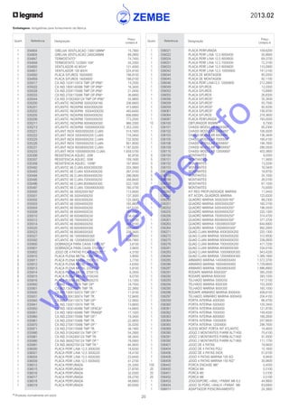 2013.02
20* Produtos normalmente em stock
Embalagens: obrigatórias para fornecimento da fábrica
Quant. Referência Designação
Preço
Unitário €
Quant. Referência Designação
Preço
Unitário €
	 1	 036021	 PLACA PERFURADA	 109,6200
	 1	 036022	 PLACA PERF.LINA 12,5 600X400	 50,9900
	 1	 036024	 PLACA PERF.LINA 12,5 600X600	 69,3700
	 1	 036031	 PLACA PERF.LINA 12,5 700X500	 72,3100
	 1	 036033	 PLACA PERF.LINA 12,5 800X600	 110,0900
	 1	 036042	 PLACA PERF.LINA 12,5 1000X800	 141,5100
	 1	 036044	 PLACA DE MONTAGEM	 85,0500
	 1	 036045	 PLACA DE MONTAGEM	 92,1100
	 1	 036046	 PLACA PERF.LINA12,5 1200X800	 212,2900
	 1	 036049	 PLACA S/FUROS	 12,0300
	 1	 036052	 PLACA S/FUROS	 15,6900
	 1	 036055	 PLACA S/FUROS	 26,8300
	 1	 036056	 PLACA S/FUROS*	 35,3400
	 1	 036058	 PLACA S/FUROS*	 55,7500
	 1	 036059	 PLACA S/FUROS*	 92,4200
	 1	 036061	 PLACA S/FUROS*	 156,9700
	 1	 036064	 PLACA S/FUROS	 218,3600
	 1	 036087	 PLACA PERFURADA	 193,0000
	 10	 036100	 OBTURADOR 800MM*	 8,7500
	 1	 036101	 CHASSI MODULAR 400X300*	 85,2300
	 1	 036102	 CHASSI MODULAR 500X400*	 106,0000
	 1	 036103	 CHASSI MODULAR 600X400	 136,3400
	 1	 036105	 CHASSI MODULAR 700X500*	 166,4100
	 1	 036106	 CHASSI MODULAR 800X600*	 194,7600
	 1	 036109	 CHASSI MODULAR 1000X800*	 286,0500
	 1	 036110	 CHASSI MODULAR 1200X800*	 403,3800
	5	 036150	 MONTANTES	 9,0300
	5	 036151	 MONTANTES	 11,5600
	5	 036152	 MONTANTES	 13,2200
	5	 036153	 MONTANTES	 16,5400
	5	 036154	 MONTANTES	 18,8700
	5	 036155	 MONTANTES	 24,1000
	5	 036156	 MONTANTES	 26,5100
	1	 036158	 MONTANTES	 67,1500
	10	 036192	 MONTANTES	 70,0000
	 1	 036242	 KIT REG PROFUNDIDADE MARINA	 11,5400
	 1	 036244	 KIT ACOPL QUADROS MARINA	 122,6200
	 1	 036250	 QUADRO MARINA 300X200X160*	 99,2300
	 1	 036251	 QUADRO MARINA 400X300X200*	 160,3100
	 1	 036252	 QUADRO MARINA 500X400X200*	 196,5500
	 1	 036255	 QUADRO MARINA 600X400X250*	 220,1300
	 1	 036256	 QUADRO MARINA 700X500X250*	 314,4700
	 1	 036261	 QUADRO MARINA 800X600X300*	 377,3700
	 1	 036263	 QUADRO MARINA 1000X800X300*	 644,6900
	 1	 036264	 QUADRO MARINA 1200X800X300*	 992,2900
	 1	 036271	 QUAD C/JAN MARINA 400X300X200	 220,1300
	 1	 036272	 QUAD C/JAN MARINA 500X400X200	 312,9500
	 1	 036275	 QUAD C/JAN MARINA 600X400X250	 338,0600
	 1	 036276	 QUAD C/JAN MARINA 700X500X250	 471,7200
	 1	 036281	 QUAD C/JAN MARINA 800X600X300	 534,6100
	 1	 036283	 QUAD C/JAN MARINA 1000X800X300	 943,4200
	 1	 036284	 QUAD C/JAN MARINA 1200X800X300	 1.389,1900
	 1	 036285	 ARMARIO MARINA 1400X800X400	 1.572,3700
	 1	 036286	 ARMÁRIO MARINA 1600X800X400	 1.729,6600
	 1	 036287	 ARMARIO MARINA 1800X800X400	 1.886,8900
	 1	 036291	 RODAPE MARINA 600X300*	 385,2500
	 1	 036292	 RODAPE MARINA 800X300	 393,1000
	 1	 036293	 TELHADO MARINA 500X250	 141,5100
	 1	 036294	 TELHADO MARINA 600X300	 153,3000
	 1	 036295	 TELHADO MARINA 800X300	 165,1000
	 1	 036296	 RODAPE ARMARIO MARINA 800X400	 408,8100
	 1	 036297	 TELHADO ARMÁRIO MARINA 800X400	 204,4100
	 1	 036359	 PORTA INTERNA 400X300	 86,4700
	 1	 036360	 PORTA INTERNA 500X400	 105,3400
	 1	 036361	 PORTA INTERNA 600X400	 121,8700
	 1	 036362	 PORTA INTERNA 700X500	 149,4000
	 1	 036363	 PORTA INTERNA 800X600	 168,2600
	 1	 036364	 PORTA INTERNA 1000X800	 247,6600
	 1	 036365	 PORTA INTERNA 1200X800	 298,7600
	 1	 036369	 ACESS MONT PORTA INT ATLANTIC	 18,4600
	 1	 036390	 JOGO 2 MONTANTES P/ARM ALT1400	 70,4100
	 1	 036391	 JOGO 2 MONTANTES P/ARM ALT1600	 91,5500
	 1	 036392	 JOGO 2 MONTANTES P/ARM ALT1800	 111,1700
	 1	 036401	 JOGO DE 4 PATAS	 19,9400
	 1	 036404	 JOGO DE 4 PATAS POLI	 15,1600
	 1	 036406	 JOGO DE 4 PATAS INOX	 51,6100
	 1	 036408	 JOGO 4 PATAS MARINA 100 KG	 8,9400
	 1	 036409	 JOGO 4 PATAS MARINA 150 KG*	 30,0600
	 100	 036442	 PORCA ENCAIXE M6*	 0,4500
	 20	 036450	 PORCA M4	 0,5100
	 20	 036451	 PORCA M5	 0,5100
	 20	 036452	 PORCA M6	 0,5100
	 1	 036453	 JOGO50PORC.+ANIL.+PARAF.M6 8,5	 44,9900
	 1	 036454	 JOGO 50 PORC.+ANILH.+PARAF. M6	 63,6900
	 1	 036511	 ADAPTADOR P/ENCRAVAMENTO	 24,3900
	 1	 034804	 GRELHA VENTILACAO 138X138MM*	 15,7900
	 1	 034805	 GRELHA VENTILACAO 248X248MM	 89,2800
	1	 034847	 TERMOSTATO*	 74,7400
	 1	 034848	 TERMOSTATO 12/260V 10A*	 55,3300
	 1	 034850	 VENTILADOR 40 M3/H*	 121,4000
	 1	 034851	 VENTILADOR 100 M3/H	 224,9100
	 1	 034950	 PLACA S/FUROS 1600X800	 198,8100
	 1	 034959	 PLACA S/FUROS 1400X800	 198,0100
	 1	 035017	 CX.IND.155X110X74 TMP OP.IP66*	 14,2500
	 1	 035022	 CX.IND.180X140X86 TMP OP.IP66*	 16,3400
	 1	 035028	 CX.IND.220X170X86 TMP OP.IP66*	 21,0400
	 1	 035033	 CX.IND.270X170X86 TMP OP.IP66*	 36,6800
	 1	 035044	 CX.IND.310X240X124 TMP OP.IP66*	 55,9800
	 1	 035200	 ATLANTIC INOXIP66 300X200X160	 336,6800
	 1	 035201	 ATLANTIC INOXIP66 400X300X200	 413,6800
	 1	 035202	 ATLANTIC INOXIP66 500X400X200	 493,6400
	 1	 035205	 ATLANTIC INOXIP66 600X400X250	 606,6900
	 1	 035206	 ATLANTIC INOXIP66 700X500X250	 773,2500
	 1	 035211	 ATLANTIC INOXIP66 800X600X300	 966,3300
	 1	 035213	 ATLANTIC INOXIP66 1000X800X300	 1.353,3300
	 1	 035221	 ATLANT INOX 400X300X200 C/JAN	 514,7400
	 1	 035222	 ATLANT INOX 500X400X200 C/JAN	 716,0400
	 1	 035225	 ATLANT INOX 600X400X250 C/JAN	 732,9200
	 1	 035226	 ATLANT INOX 700X500X250 C/JAN	 951,9500
	 1	 035231	 ATLANT INOX 800X600X300 C/JAN	 1.187,8200
	 1	 035233	 ATLANT INOX 1000X800X300 C/JAN	 1.659,5700
	 1	 035306	 RESISTENCIA AQUEC. 20W	 92,9700
	 1	 035307	 RESISTENCIA AQUEC. 50W	 109,1600
	 1	 035308	 RESISTENCIA AQUEC. 100W*	 167,9500
	 1	 035492	 ATLANTIC 66 C/JAN.400X300X200	 224,3900
	 1	 035493	 ATLANTIC 66 C/JAN 500X400X200	 267,0100
	 1	 035494	 ATLANTIC 66 C/JAN.600X400X250	 296,0600
	 1	 035495	 ATLANTIC 66 C/JAN.700X500X250	 356,8400
	 1	 035496	 ATLANTIC 66 C/JAN.800X600X300	 522,1500
	 1	 035497	 ATLANTIC 66 C/JAN.1000X800X300	 780,4700
	 1	 035500	 ATLANTIC 66 300X200X160*	 113,9500
	 1	 035501	 ATLANTIC 66 300X400X200	 137,3000
	 1	 035502	 ATLANTIC 66 400X300X200	 125,5600
	 1	 035503	 ATLANTIC 66 500X400X200	 165,9800
	 1	 035504	 ATLANTIC 66 600X400X200	 167,5100
	 1	 035508	 ATLANTIC 66 600X400X230	 191,3300
	 1	 035510	 ATLANTIC 66 600X600X230	 238,4500
	 1	 035512	 ATLANTIC 66 700X500X230	 245,0700
	 1	 035514	 ATLANTIC 66 800X600X250	 298,8100
	 1	 035520	 ATLANTIC 66 600X600X300	 293,5400
	 1	 035523	 ATLANTIC 66 800X600X300	 338,3400
	 1	 035527	 ATLANTIC 66 1000X800X300	 514,8800
	 1	 035592	 ATLANTIC 66 1200X800X300	 599,7900
	 1	 035800	 DOBRADIÇA PARA CAIXA 130X130*	 3,6100
	 1	 035801	 DOBRADIÇA PARA CAIXA 310X240*	 3,9400
	 1	 035802	 JOGO DE 4 PATAS P/CAIX.INDUST.*	 4,3100
	 5	 035810	 PLACA PLENA METAL 130X130	 3,9000
	 5	 035811	 PLACA PLENA METAL 155X110	 3,7700
	 5	 035812	 PLACA PLENA METAL 180X140	 4,6300
	 5	 035813	 PLACA PLENA METAL 220X170	 5,8100
	 5	 035814	 PLACA PLENA METAL 270X170	 6,2400
	 5	 035815	 PLACA PLENA METAL 310X240	 9,0700
	 5	 035816	 PLACA PLENA METAL 360X270	 13,1300
	 1	 035900	 CX.IND.130X75X76 TMP OP*	 18,7500
	 1	 035901	 CX.IND.130X75X76 TMP TR.	 22,3900
	 1	 035930	 CX.IND.130X130X74 TMP OP.*	 11,9100
	 1	 035931	 CX.IND.130X130X74 TMP TR.	 12,9400
	 1	 035940	 CX.IND.155X110X74 TMP OP*	 12,5600
	 1	 035941	 CX.IND.155X110X74 TMP TR.	 13,6600
	 1	 035950	 CX.IND.180X140X86 TMP OPACA*	 14,6800
	 1	 035951	 CX.IND.180X140X86 TMP TRANSP	 17,1500
	 1	 035960	 CX.IND.220X170X86 TMP OP.*	 19,3400
	 1	 035961	 CX.IND.220X170X86 TMP TR.	 22,0600
	 1	 035970	 CX.IND.270X170X86 TMP OP.*	 35,0200
	 1	 035971	 CX.IND.270X170X86 TMP TR.	 39,1900
	 1	 035980	 CX.IND.310X240X124 TMP OP.*	 54,2900
	 1	 035981	 CX.IND.310X240X124 TMP TR.	 58,3400
	 1	 035990	 CX.IND.360X270X124 TMP OP.*	 78,0900
	 1	 035991	 CX.IND.360X270X124 TMP TR.*	 84,5600
	 1	 036000	 PLACA PERF.LINA 12,5 300X200	 18,6200
	 1	 036001	 PLACA PERF.LINA 12,5 300X220	 18,4100
	 1	 036004	 PLACA PERF.LINA 12,5 400X300	 23,6400
	 1	 036009	 PLACA PERF.LINA 12,5 500X400	 41,2700
	 1	 036012	 PLACA PERFURADA	 25,3300
	 1	 036015	 PLACA PERFURADA	 27,8700
	 1	 036016	 PLACA PERFURADA	 32,0300
	 1	 036017	 PLACA PERFURADA	 59,2700
	 1	 036018	 PLACA PERFURADA	 48,6900
	 1	 036019	 PLACA PERFURADA	 60,6500
w
w
w
.zem
be.info
 