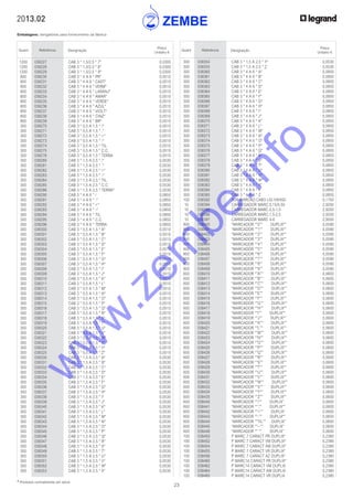 23
* Produtos normalmente em stock
2013.02
Embalagens: obrigatórias para fornecimento da fábrica
Quant. Referência Designação
Preço
Unitário €
Quant. Referência Designação
Preço
Unitário €
	 300	 038354	 CAB 3 * 1,5 A 2,5 * Y*	 0,0530
	 300	 038355	 CAB 3 * 1,5 A 2,5 * Z	 0,0530
	 300	 038360	 CAB 3 * 4 A 6 * A*	 0,0850
	 300	 038361	 CAB 3 * 4 A 6 * B*	 0,0850
	 300	 038362	 CAB 3 * 4 A 6 * C*	 0,0850
	 300	 038363	 CAB 3 * 4 A 6 * D*	 0,0850
	 300	 038364	 CAB 3 * 4 A 6 * E*	 0,0850
	 300	 038365	 CAB 3 * 4 A 6 * F*	 0,0850
	 300	 038366	 CAB 3 * 4 A 6 * G*	 0,0850
	 300	 038367	 CAB 3 * 4 A 6 * H*	 0,0850
	 300	 038368	 CAB 3 * 4 A 6 * I*	 0,0850
	 300	 038369	 CAB 3 * 4 A 6 * J*	 0,0850
	 300	 038370	 CAB 3 * 4 A 6 * K*	 0,0850
	 300	 038371	 CAB 3 * 4 A 6 * L*	 0,0850
	 300	 038372	 CAB 3 * 4 A 6 * M*	 0,0850
	 300	 038373	 CAB 3 * 4 A 6 * N*	 0,0850
	 300	 038374	 CAB 3 * 4 A 6 * O*	 0,0850
	 300	 038375	 CAB 3 * 4 A 6 * P*	 0,0850
	 300	 038376	 CAB 3 * 4 A 6 * Q*	 0,0850
	 300	 038377	 CAB 3 * 4 A 6 * R*	 0,0850
	 300	 038378	 CAB 3 * 4 A 6 * S*	 0,0850
	 300	 038379	 CAB 3 * 4 A 6 * T*	 0,0850
	 300	 038380	 CAB 3 * 4 A 6 * U*	 0,0850
	 300	 038381	 CAB 3 * 4 A 6 * V*	 0,0850
	 300	 038382	 CAB 3 * 4 A 6 * W*	 0,0850
	 300	 038383	 CAB 3 * 4 A 6 * X*	 0,0850
	 300	 038384	 CAB 3 * 4 A 6 * Y	 0,0850
	 300	 038385	 CAB 3 * 4 A 6 * Z	 0,0850
	 100	 038392	 SUP.MARCAD.CAB3 LIG.VIKING	 0,1750
	 10	 038394	 CARREGADOR MARC.0,15/0,50	 2,9200
	 10	 038395	 CARREGADOR MARC.0,5-1,5	 2,9200
	 10	 038396	 CARREGADOR MARC.1,5-2,5	 2,9200
	 10	 038397	 CARREGADOR MARC 4-6	 2,9500
	 800	 038400	 “MARCADOR “”0”” DUPLIX*”	 0,0590
	 800	 038401	 “MARCADOR “”1”” DUPLIX*”	 0,0590
	 800	 038402	 “MARCADOR “”2”” DUPLIX*”	 0,0590
	 800	 038403	 “MARCADOR “”3”” DUPLIX*”	 0,0590
	 800	 038404	 “MARCADOR “”4”” DUPLIX*”	 0,0590
	 800	 038405	 “MARCADOR “”5”” DUPLIX*”	 0,0590
	 800	 038406	 “MARCADOR “”6”” DUPLIX*”	 0,0590
	 800	 038407	 “MARCADOR “”7”” DUPLIX*”	 0,0590
	 800	 038408	 “MARCADOR “”8”” DUPLIX*”	 0,0590
	 800	 038409	 “MARCADOR “”9”” DUPLIX*”	 0,0590
	 600	 038410	 “MARCADOR “”A”” DUPLIX*”	 0,0600
	 600	 038411	 “MARCADOR “”B”” DUPLIX*”	 0,0600
	 600	 038412	 “MARCADOR “”C”” DUPLIX*”	 0,0600
	 600	 038413	 “MARCADOR “”D”” DUPLIX*”	 0,0600
	 600	 038414	 “MARCADOR “”E”” DUPLIX*”	 0,0600
	 600	 038415	 “MARCADOR “”F”” DUPLIX*”	 0,0600
	 600	 038416	 “MARCADOR “”G”” DUPLIX*”	 0,0600
	 600	 038417	 “MARCADOR “”H”” DUPLIX*”	 0,0600
	 600	 038418	 “MARCADOR “”I”” DUPLIX*”	 0,0600
	 600	 038419	 “MARCADOR “”J”” DUPLIX*”	 0,0600
	 600	 038420	 “MARCADOR “”K”” DUPLIX*”	 0,0600
	 600	 038421	 “MARCADOR “”L”” DUPLIX*”	 0,0600
	 600	 038422	 “MARCADOR “”M”” DUPLIX*”	 0,0600
	 600	 038423	 “MARCADOR “”N”” DUPLIX*”	 0,0600
	 600	 038424	 “MARCADOR “”O”” DUPLIX*”	 0,0600
	 600	 038425	 “MARCADOR “”P”” DUPLIX*”	 0,0600
	 600	 038426	 “MARCADOR “”Q”” DUPLIX*”	 0,0600
	 600	 038427	 “MARCADOR “”R”” DUPLIX*”	 0,0600
	 600	 038428	 “MARCADOR “”S”” DUPLIX*”	 0,0600
	 600	 038429	 “MARCADOR “”T”” DUPLIX*”	 0,0600
	 600	 038430	 “MARCADOR “”U”” DUPLIX*”	 0,0600
	 600	 038431	 “MARCADOR “”V”” DUPLIX*”	 0,0600
	 600	 038432	 “MARCADOR “”W”” DUPLIX*”	 0,0600
	 600	 038433	 “MARCADOR “”X”” DUPLIX*”	 0,0600
	 600	 038434	 “MARCADOR “”Y”” DUPLIX*”	 0,0600
	 600	 038435	 “MARCADOR “”Z”” DUPLIX*”	 0,0600
	 600	 038440	 “MARCADOR “”/”” DUPLIX”	 0,0600
	 600	 038441	 “MARCADOR “”.”” DUPLIX*”	 0,0600
	 600	 038442	 “MARCADOR “”+”” DUPLIX”	 0,0600
	 600	 038443	 “MARCADOR “”-”” DUPLIX*”	 0,0600
	 600	 038444	 “MARCADOR “”TIL”” DUPLIX”	 0,0600
	 600	 038445	 “MARCADOR “”--”” DUPLIX”	 0,0600
	 600	 038446	 “MARCADOR “” “” DUPLIX”	 0,0600
	 100	 038450	 P MARC 7 CARACT PR DUPLIX*	 0,2380
	 100	 038452	 P MARC 7 CARACT VM DUPLIX*	 0,2380
	 100	 038454	 P MARC 7 CARACT AM DUPLIX*	 0,2380
	 100	 038455	 P MARC 7 CARACT VR DUPLIX*	 0,2380
	 100	 038456	 P MARC 7 CARACT AZ DUPLIX*	 0,2380
	 100	 038460	 P MARC14 CARACT PR DUPLIX*	 0,2380
	 100	 038462	 P MARC14 CARACT VM DUPLIX	 0,2380
	 100	 038464	 P MARC14 CARACT AM DUPLIX	 0,2380
	 100	 038465	 P MARC14 CARACT VR DUPLIX	 0,2380
	 1200	 038227	 CAB 3 * 1,5/2,5 * 7*	 0,0300
	 1200	 038228	 CAB 3 * 1,5/2,5 * 8*	 0,0300
	 1200	 038229	 CAB 3 * 1,5/2,5 * 9*	 0,0300
	 800	 038230	 CAB 3 * 4 A 6 * PR*	 0,0510
	 800	 038231	 CAB 3 * 4 A 6 * CAST*	 0,0510
	 800	 038232	 CAB 3 * 4 A 6 * VERM*	 0,0510
	 800	 038233	 CAB 3 * 4 A 6 * LARANJ*	 0,0510
	 800	 038234	 CAB 3 * 4 A 6 * AMAR*	 0,0510
	 800	 038235	 CAB 3 * 4 A 6 * VERDE*	 0,0510
	 800	 038236	 CAB 3 * 4 A 6 * AZUL*	 0,0510
	 800	 038237	 CAB 3 * 4 A 6 * VIOLT*	 0,0510
	 800	 038238	 CAB 3 * 4 A 6 * CINZ*	 0,0510
	 800	 038239	 CAB 3 * 4 A 6 * BR*	 0,0510
	 300	 038270	 CAB 3 * 0,5 A 1,5 * /*	 0,0510
	 300	 038271	 CAB 3 * 0,5 A 1,5 * .*	 0,0510
	 300	 038272	 CAB 3 * 0,5 A 1,5 * +*	 0,0510
	 300	 038273	 CAB 3 * 0,5 A 1,5 * -*	 0,0510
	 300	 038274	 CAB 3 * 0,5 A 1,5 * TIL.	 0,0510
	 300	 038275	 CAB 3 * 0,5 A 1,5 * C.C.	 0,0510
	 300	 038276	 CAB 3 * 0,5 A 1,5 * TERRA	 0,0510
	 300	 038280	 CAB 3 * 1,5 A 2,5 * /*	 0,0530
	 300	 038281	 CAB 3 * 1,5 A 2,5 * .*	 0,0530
	 300	 038282	 CAB 3 * 1,5 A 2,5 * +*	 0,0530
	 300	 038283	 CAB 3 * 1,5 A 2,5 * -*	 0,0530
	 300	 038284	 CAB 3 * 1,5 A 2,5 * TIL.	 0,0530
	 300	 038285	 CAB 3 * 1,5 A 2,5 * C.C.	 0,0530
	 300	 038286	 CAB 3 * 1,5 A 2,5 * TERRA*	 0,0530
	 300	 038290	 CAB 3 * 4 A 6 * /	 0,0850
	 300	 038291	 CAB 3 * 4 A 6 * .*	 0,0850
	 300	 038292	 CAB 3 * 4 A 6 * +*	 0,0850
	 300	 038293	 CAB 3 * 4 A 6 * -*	 0,0850
	 300	 038294	 CAB 3 * 4 A 6 * TIL.	 0,0850
	 300	 038295	 CAB 3 * 4 A 6 * C.C.	 0,0850
	 300	 038296	 CAB 3 * 4 A 6 * TERRA	 0,0850
	 300	 038300	 CAB 3 * 0,5 A 1,5 * A*	 0,0510
	 300	 038301	 CAB 3 * 0,5 A 1,5 * B*	 0,0510
	 300	 038302	 CAB 3 * 0,5 A 1,5 * C*	 0,0510
	 300	 038303	 CAB 3 * 0,5 A 1,5 * D*	 0,0510
	 300	 038304	 CAB 3 * 0,5 A 1,5 * E*	 0,0510
	 300	 038305	 CAB 3 * 0,5 A 1,5 * F*	 0,0510
	 300	 038306	 CAB 3 * 0,5 A 1,5 * G*	 0,0510
	 300	 038307	 CAB 3 * 0,5 A 1,5 * H*	 0,0510
	 300	 038308	 CAB 3 * 0,5 A 1,5 * I*	 0,0510
	 300	 038309	 CAB 3 * 0,5 A 1,5 * J*	 0,0510
	 300	 038310	 CAB 3 * 0,5 A 1,5 * K*	 0,0510
	 300	 038311	 CAB 3 * 0,5 A 1,5 * L*	 0,0510
	 300	 038312	 CAB 3 * 0,5 A 1,5 * M*	 0,0510
	 300	 038313	 CAB 3 * 0,5 A 1,5 * N*	 0,0510
	 300	 038314	 CAB 3 * 0,5 A 1,5 * O*	 0,0510
	 300	 038315	 CAB 3 * 0,5 A 1,5 * P*	 0,0510
	 300	 038316	 CAB 3 * 0,5 A 1,5 * Q*	 0,0510
	 300	 038317	 CAB 3 * 0,5 A 1,5 * R*	 0,0510
	 300	 038318	 CAB 3 * 0,5 A 1,5 * S*	 0,0510
	 300	 038319	 CAB 3 * 0,5 A 1,5 * T*	 0,0510
	 300	 038320	 CAB 3 * 0,5 A 1,5 * U*	 0,0510
	 300	 038321	 CAB 3 * 0,5 A 1,5 * V*	 0,0510
	 300	 038322	 CAB 3 * 0,5 A 1,5 * W*	 0,0510
	 300	 038323	 CAB 3 * 0,5 A 1,5 * X*	 0,0510
	 300	 038324	 CAB 3 * 0,5 A 1,5 * Y*	 0,0510
	 300	 038325	 CAB 3 * 0,5 A 1,5 * Z*	 0,0510
	 300	 038330	 CAB 3 * 1,5 A 2,5 * A*	 0,0530
	 300	 038331	 CAB 3 * 1,5 A 2,5 * B*	 0,0530
	 300	 038332	 CAB 3 * 1,5 A 2,5 * C*	 0,0530
	 300	 038333	 CAB 3 * 1,5 A 2,5 * D*	 0,0530
	 300	 038334	 CAB 3 * 1,5 A 2,5 * E*	 0,0530
	 300	 038335	 CAB 3 * 1,5 A 2,5 * F*	 0,0530
	 300	 038336	 CAB 3 * 1,5 A 2,5 * G*	 0,0530
	 300	 038337	 CAB 3 * 1,5 A 2,5 * H*	 0,0530
	 300	 038338	 CAB 3 * 1,5 A 2,5 * I*	 0,0530
	 300	 038339	 CAB 3 * 1,5 A 2,5 * J*	 0,0530
	 300	 038340	 CAB 3 * 1,5 A 2,5 * K*	 0,0530
	 300	 038341	 CAB 3 * 1,5 A 2,5 * L*	 0,0530
	 300	 038342	 CAB 3 * 1,5 A 2,5 * M*	 0,0530
	 300	 038343	 CAB 3 * 1,5 A 2,5 * N*	 0,0530
	 300	 038344	 CAB 3 * 1,5 A 2,5 * O*	 0,0530
	 300	 038345	 CAB 3 * 1,5 A 2,5 * P*	 0,0530
	 300	 038346	 CAB 3 * 1,5 A 2,5 * Q*	 0,0530
	 300	 038347	 CAB 3 * 1,5 A 2,5 * R*	 0,0530
	 300	 038348	 CAB 3 * 1,5 A 2,5 * S*	 0,0530
	 300	 038349	 CAB 3 * 1,5 A 2,5 * T*	 0,0530
	 300	 038350	 CAB 3 * 1,5 A 2,5 * U*	 0,0530
	 300	 038351	 CAB 3 * 1,5 A 2,5 * V*	 0,0530
	 300	 038352	 CAB 3 * 1,5 A 2,5 * W*	 0,0530
	 300	 038353	 CAB 3 * 1,5 A 2,5 * X*	 0,0530
w
w
w
.zem
be.info
 