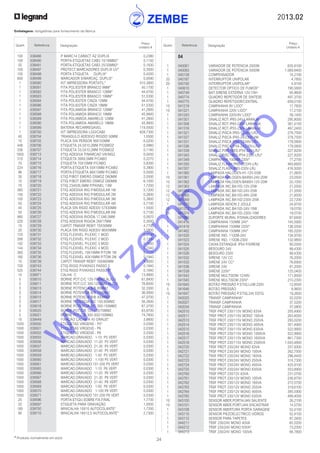 2013.02
24* Produtos normalmente em stock
Embalagens: obrigatórias para fornecimento da fábrica
Quant. Referência Designação
Preço
Unitário €
Quant. Referência Designação
Preço
Unitário €
		 04
		
	 1	 040081	 VARIADOR DE POTENCIA 2500W	 635,8100
	 1	 040083	 VARIADOR DE POTENCIA 5000W	 1.069,8400
	1	 040139	 COMPENSADOR	 14,2100
	 20	 040187	 INTERRUPTOR UNIPOLAR	 4,7800
	 20	 040192	 INTERRUPTOR UNIPOLAR*	 4,9100
	 1	 040610	 DETECTOR OPTICO DE FUMOS*	 190,5800
	 1	 040749	 BAT.SIRENE EXTERNA 12V-7AH	 95,9600
	 1	 040774	 QUADRO REPETIDOR DE SINTESE	 497,3700
	 1	 040775	 QUADRO REPETIDOR/CENTRAL	 659,0100
	 10	 041219	 CAMPAINHA 8V LIDO*	 17,7600
	 10	 041221	 CAMPAINHA 220V LIDO*	 17,2100
	 1	 041243	 CAMPAINHA 220V/8V LIDO*	 39,1400
	1	 041301	 SINALIZ.ROT.IP65-24V-LARANJA	 295,8000
	1	 041308	 SINALIZ.ROT.IP65-230V-LARANJA	 381,4100
	1	 041316	 SINALIZ.ROT.IP55-230V-LARANJA	 467,2400
	 1	 041321	 SINALIZ.PISCA IP65-12/48V-LRJ	 278,7500
	 1	 041327	 SINALIZ.PISCA IP65-24/230V-VM	 278,7500
	 1	 041331	 SINALIZ.PISCA IP54-12/48V-LRJ	 179,5800
	 1	 041336	 SINALIZ.PISCA IP54-24/230V-LRJ	 179,5800
	1	 041339	 SINALIZ.PISC+BES.IP54-24V-LRJ*	 227,8200
	1	 041343	 SINALIZ.PISC+BES.IP54-230V-LRJ*	 227,8200
	 1	 041349	 CAMPAINHA 100MM 220V*	 77,2700
	 1	 041350	 SINALIZ.FLASH IP65-12/24V-LRJ	 465,6600
	 1	 041357	 SINALIZ.FLASH IP65-230V-LRJ	 416,5000
	 1	 041360	 LAMPADA HALOGEN.H1-12V-55W	 21,0600
	 10	 041361	 LAMPADA HALOGEN.BA9SH-24V-20W	 23,0500
	 10	 041362	 LAMPADA HALOGEN.BA9SH-12V-20W	 20,1000
	 12	 041363	 LAMPADA INC.BA15D-12V-25W	 21,5500
	 12	 041364	 LAMPADA INC.BA15D-24V-25W	 21,5500
	 12	 041365	 LAMPADA INC.BA15D-48V-25W	 21,8500
	 12	 041369	 LAMPADA INC.BA15D-230V-25W	 22,7200
	 1	 041370	 LAMPADA XENON 2 JOULE	 24,9700
	 25	 041372	 LAMPADA INC.BA15D-24V-10W	 19,0700
	 25	 041374	 LAMPADA INC.BA15D-230V-10W	 19,0700
	 1	 041385	 SUPORTE MURAL P/SINALIZADORES	 87,6400
	 1	 041416	 CAMPAINHA 150MM 24V*	 145,5900
	 1	 041419	 CAMPAINHA 150MM 220V*	 136,5500
	 1	 041462	 CAMPAINHA 150MM 24V*	 185,0200
	 1	 041520	 SIRENE IND. 110DB-24V	 134,9700
	 1	 041523	 SIRENE IND. 110DB-230V	 132,9800
	 1	 041524	 CAIXA ESTANQUE IP54 P/SIRENE	 90,0300
	 1	 041525	 BESOURO 24V	 99,4300
	 1	 041526	 BESOURO 230V	 99,4300
	 1	 041532	 SIRENE 12V CC	 76,2000
	 1	 041533	 SIRENE 24V CC*	 76,6900
	 1	 041536	 SIRENE 24V	 81,2000
	 1	 041539	 SIRENE 220V*	 125,0400
	 1	 041543	 SIRENE MULTISOM 12/48V	 171,8500
	 1	 041545	 SIRENE MULTISOM 230V*	 210,2300
	 10	 041645	 BOTÃO PRESSÃO P.ETIQ.LUM.230V	 12,8500
	 5	 041646	 BOTÃO PRESSÃO	 8,9600
	 10	 041647	 BOTÃO PRESSÃO P.ETIQ.24V ESTQ.	 19,2600
	1	 042025	 TRANSF.CAMPAINHA*	 32,0200
	1	 042027	 TRANSF.CAMPAINHA	 37,5200
	1	 042034	 TRANSF.CAMPAINHA	 37,0800
	 1	 042510	 TRSF PROT 230/115V MONO 63VA	 255,4900
	 1	 042511	 TRSF PROT 230/115V MONO 100VA	 263,6000
	 1	 042513	 TRSF PROT 230/115V MONO 250VA	 293,0200
	 1	 042514	 TRSF PROT 230/115V MONO 400VA	 351,4900
	 1	 042515	 TRSF PROT 230/115V MONO 630VA	 522,9900
	 1	 042516	 TRSF PROT 230/115V MONO 1000VA	 522,9900
	 1	 042517	 TRSF PROT 230/115V MONO 1600VA	 861,7300
	 1	 042518	 TRSF PROT 230/115V MONO 2500VA	 1.045,4800
	 1	 042720	 TRSF PROT 230/24V MONO 63VA	 257,9300
	 1	 042721	 TRSF PROT 230/24V MONO 100VA	 262,7500
	 1	 042722	 TRSF PROT 230/24V MONO 160VA	 296,4400
	 1	 042723	 TRSF PROT 230/24V MONO 250VA	 314,7300
	 1	 042724	 TRSF PROT 230/24V MONO 400VA	 425,9100
	 1	 042725	 TRSF PROT 230/24V MONO 630VA	 553,8900
	 1	 042760	 TRSF PROT 230/12V 63VA	 231,0700
	 1	 042761	 TRSF PROT 230/12V MONO 100VA	 236,8700
	 1	 042762	 TRSF PROT 230/12V MONO 160VA	 272,5700
	 1	 042763	 TRSF PROT 230/12V MONO 250VA	 319,6100
	 1	 042764	 TRSF PROT 230/12V MONO 400VA	 385,5900
	 1	 042765	 TRSF PROT 230/12V MONO 630VA	 499,4000
	 10	 043100	 SENSOR ABER.PORTA/JAN SALIENTE	 26,2100
	 10	 043101	 SENSOR ABER.PORT/JAN ENCASTRAR	 14,5700
	 1	 043108	 SENSOR ABERTURA PORTA GARAGEM	 52,4100
	 1	 043110	 SENSOR PIEZOELECTRICO VIDROS	 52,4100
	 1	 043112	 SENSOR PARA TAPETES	 87,3400
	 1	 044211	 TRSF 230/24V MONO 40VA	 65,5200
	 1	 044212	 TRSF 230/24V MONO 63VA*	 73,2300
	 1	 044213	 TRSF 230/24V MONO 100VA	 84,7800
	 100	 038466	 P MARC14 CARACT AZ DUPLIX	 0,2380
	 100	 038490	 PORTA-ETIQUETAS CAB3 10/16MM2*	 0,1150
	 50	 038491	 PORTA-ETIQUETAS CAB3 25/35MM2*	 0,1830
	 100	 038497	 PROTECT.MARCADORES DUPLIX UV*	 0,3500
	 100	 038498	 PORTA ETIQUETA DUPLIX*	 0,4200
	 600	 038499	 MARCADOR S/MARCAÇ. DUPLIX*	 0,0590
	 1	 038580	 KIT IMPRESSORA PORTATIL*	 510,3800
	 1	 038581	 FITA POLIESTER BRANCO 9MM*	 40,1700
	 1	 038582	 FITA POLIESTER BRANCO 12MM*	 44,4700
	 1	 038583	 FITA POLIESTER BRANCO 19MM*	 51,5300
	 1	 038584	 FITA POLIESTER CINZA 12MM	 44,4700
	 1	 038586	 FITA POLIESTER CINZA 19MM	 51,5300
	 1	 038587	 FITA POLIAMIDA BRANCO 12MM*	 41,2800
	 1	 038588	 FITA POLIAMIDA BRANCO 19MM	 45,9900
	 1	 038589	 FITA POLIAMIDA AMARELO 12MM	 41,2800
	 1	 038590	 FITA POLIAMIDA AMARELO 19MM	 45,9900
	 1	 038599	 BATERIA RECARREGAVEL	 119,5500
	 1	 038700	 KIT IMPRESSORA LOGICAB2	 828,7300
	 40	 038704	 TRIANGULO ADESIVO RIGIDO 50MM	 1,5500
	 10	 038705	 PLACA SIN PERSON 99X105MM	 6,0200
	 448	 038706	 ETIQUETA 24,5X10,2MM P/OSMOZ	 0,0960
	 336	 038707	 ETIQUETA 33,5X10,2MM P/OSMOZ	 0,1160
	 1920	 038713	 ETIQ ADESIVA P/MARCAD VIKING3	 0,0450
	 310	 038714	 ETIQUETA 39X9,5MM P/CABO	 0,2270
	 70	 038715	 ETIQUETA 70X15MM P/CABO	 0,8300
	 224	 038716	 PORTA-ETIQUETA 50X10MM P/CABO	 0,3900
	 96	 038717	 PORTA-ETIQUETA 88X15MM P/CABO	 0,5000
	 30	 038718	 ETIQ P/BOT EMERG OSMOZ D60MM	 2,0500
	 10	 038719	 ETIQ P/BOT EMERG OSMOZ D80MM	 6,1000
	 70	 038720	 ETIQ 234X26,5MM P/PAINEL 13M	 1,7200
	 380	 038721	 ETIQ ADESIVA RIG P/MODULAR 1M	 0,1200
	 150	 038722	 ETIQ ADESIVA RIG P/MODULAR 2M	 0,2600
	 100	 038723	 ETIQ ADESIVA RIG P/MODULAR 3M	 0,3800
	 50	 038724	 ETIQ ADESIVA RIG P/MODULAR 4M	 0,7100
	 40	 038725	 PLACA SIN RIGID ADESIV 57X30MM	 1,5500
	 50	 038726	 ETIQ ADESIVA RIG P/MODULAR 6M	 0,7100
	 980	 038727	 ETIQ ADESIVA RIGIDA 17,5X6,5MM	 0,0970
	 220	 038728	 ETIQ ADESIVA RIGIDA 26X17MM	 0,3500
	 10	 038729	 CAPOT TRANSP REBIT 70X30MM	 4,7700
	 20	 038730	 PLACA SIN RIGID ADESIV 86X59MM	 3,0800
	 720	 038731	 ETIQ FLEXIVEL P/LEXIC 1 MOD	 0,0730
	 288	 038732	 ETIQ FLEXIVEL P/LEXIC 2 MOD	 0,1330
	 192	 038733	 ETIQ FLEXIVEL P/LEXIC 3 MOD	 0,1850
	 144	 038734	 ETIQ FLEXIVEL P/LEXIC 4 MOD	 0,2340
	 360	 038735	 ETIQ FLEXIVEL 19X16MM P/TOM 1M	 0,1110
	 180	 038736	 ETIQ FLEXIVEL 40X16MM P/TOM 2M	 0,1940
	 10	 038739	 CAPOT TRANSP REBIT 100X60MM	 9,8000
	 700	 038743	 ETIQ RIGID P/VIKING3 PASSO 5	 0,1840
	 525	 038744	 ETIQ RIGID P/VIKING3 PASSO 6*	 0,1840
	 10	 038971	 CALHA C	 13,9900
	 5	 039010	 BORNE POT.C/C 120-70MM2 AL/CU	 61,8400
	 5	 039011	 BORNE POT.C/C 300-120MM2 AL/CU	 76,6000
	 5	 039013	 BORNE POTENCIA B/B 95MM2	 32,3300
	 5	 039014	 BORNE POTENCIA B/B 150MM2	 36,0000
	 5	 039015	 BORNE POTENCIA B/B 300MM2	 47,0700
	 5	 039017	 BORNE POTENCIA B/C 150-95MM2	 56,2600
	 5	 039018	 BORNE POTENCIA B/C 300-150MM2	 67,3700
	 5	 039020	 BORNE POT.C/B 120-120/70MM2	 63,8700
	 5	 039021	 BORNE POT.C/B 300-300/150MM2	 74,7600
	 10	 039449	 FIXAÇÃO CALHA A 45 GRAUS*	 3,8800
	 1000	 039500	 ETIQUETAS VIRGENS - P5*	 0,0300
	 1000	 039501	 ETIQUETAS VIRGENS - P6	 0,0300
	 1000	 039502	 ETIQUETAS VIRGENS - P8	 0,0300
	 1000	 039555	 MARCAD.GRAVADO 1-10 P5 VERT	 0,0300
	 1000	 039556	 MARCAD.GRAVADO 11-20 P5 VERT	 0,0300
	 1000	 039557	 MARCAD.GRAVADO 21-30 P5 VERT	 0,0300
	 1000	 039558	 MARCAD.GRAVADO 31-40 P5 VERT	 0,0300
	 1000	 039559	 MARCAD.GRAVADO 1-50 P5 VERT	 0,0300
	 1000	 039560	 MARCAD.GRAVADO 1-100 P5 VERT	 0,0300
	 1000	 039561	 MARCAD.GRAVADO 101-200 P5 VERT	 0,0300
	 1000	 039565	 MARCAD.GRAVADO 1-10 P6 VERT	 0,0300
	 1000	 039566	 MARCAD.GRAVADO 11-20 P6 VERT	 0,0300
	 1000	 039567	 MARCAD.GRAVADO 21-30 P6 VERT	 0,0300
	 1000	 039568	 MARCAD.GRAVADO 31-40 P6 VERT	 0,0300
	 1000	 039569	 MARCAD.GRAVADO 1-50 P6 VERT	 0,0300
	 1000	 039570	 MARCAD.GRAVADO 1-100 P6 VERT	 0,0300
	 1000	 039571	 MARCAD.GRAVADO 101-200 P6 VERT	 0,0300
	 20	 039596	 PORTA-ETIQU.SOBRE FIX.FINAL	 1,7700
	 20	 039597	 ETIQUETA PARA GRAVAÇÃO	 1,0000
	 180	 039700	 MINICALHA 10X10 AUTOCOLANTE*	 1,7200
	 90	 039710	 MINICALHA 16X12,5 AUTOCOLANTE*	 2,7300
w
w
w
.zem
be.info
 