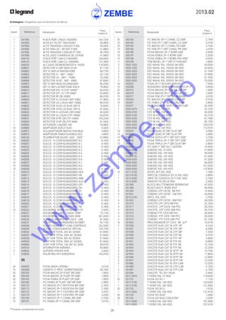 2013.02
26* Produtos normalmente em stock
Embalagens: obrigatórias para fornecimento da fábrica
Quant. Referência Designação
Preço
Unitário €
Quant. Referência Designação
Preço
Unitário €
	 25	 050192	 FIC MACHO 2P+T C/ANEL CZ GSB*	 2,7400
	 10	 050193	 FIC FEM 2P+T OBT C/ANEL CZ GSB*	 3,4700
	 25	 050194	 FIC MACHO 2P+T C/ANEL PR GSB*	 2,7400
	 10	 050195	 FIC FEM 2P+T OBT C/ANEL PR GSB*	 3,4700
	 10	 050196	 FICHA MACHO 2P+T BORR GSB*	 4,0000
	 10	 050197	 FICHA FEMEA 2P+T BORR GSB*	 5,2000
	 10	 050198	 FICHA FEMEA 2P+T BORR IP44 GSB*	 9,0200
	 4	 050199	 TOM MOVEL 2P+T OBT P/ FIXACAO*	 1,6600
	 3	 0502-1003	 ESC NAVAL KSL 100X30 3M HDG	 40,6500
	 3	 0502-1503	 ESC NAVAL KSL 150X30 3M HDG	 44,6200
	 3	 0502-2003	 ESC NAVAL KSL 200X30 3M HDG	 47,1400
	 3	 0502-3003	 ESC NAVAL KSL 300X30 3M HDG	 57,6900
	 3	 0502-4003	 ESC NAVAL KSL 400X30 3M HDG	 61,1600
	 3	 0502-5003	 ESC NAVAL KSL 500X30 3M HDG	 70,0200
	 10	 050252	 FICHA 2P+T SCHUKO MACHO*	 7,5400
	 10	 050299	 ACESSORIO DESENCRAVAMENTO 2P+T*	 0,8500
	 25	 050315	 FICHA MACHO 2P+T SAIDA DIR BR*	 1,5800
	 25	 050316	 FICHA MACHO 2P+T SAIDA LAT BR*	 1,6300
	 15	 050317	 FICHA FEM.2P+T OBT BR MONOBL*	 3,0700
	 10	 050340	 FIC MACHO 2P+T BORR C/BUCIM*	 4,5100
	 10	 050341	 FIC FEMEA 2P+T BORR C/BUCIM*	 5,9600
	 5	 050377	 PROLONGADOR 3X2P+T BORR 0,8M*	 32,2500
	 1	 0505-0075	 CTO 90 KSL 75 HDG	 55,1200
	 1	 0505-0100	 CTO 90 KSL 100 HDG	 58,5000
	 1	 0505-0150	 CTO 90 KSL 150 HDG	 63,3100
	 1	 0505-0200	 CTO 90 KSL 200 HDG	 67,7900
	 1	 0505-0300	 CTO 90 KSL 300 HDG	 98,1200
	 1	 0505-0400	 CTO 90 KSL 400 HDG	 129,0700
	 1	 0505-0500	 CTO 90 KSL 500 HDG	 173,8700
	 10	 050650	 FICHA QUAD 2P OBT S/LAT BR*	 5,0900
	 10	 050651	 FICHA QUAD 2P OBT S/LAT PR*	 5,0900
	 10	 050655	 FICHA DUPLA 2P+T OBT S/FT GSB*	 2,7200
	 10	 050656	 FICHA TRIPLA 2P+T OBT S/FT GSB*	 3,6700
	 10	 050662	 FICHA TRIPLA 2P+T OBT S/LAT BR*	 3,9600
	 5	 050665	 FIC 2X2P+T OBT S/LT C/EXTRA*	 10,9500
	 1	 0508-0075	 SUB/DSC KSL 75 HDG	 51,6900
	 1	 0508-0100	 SUB/DSC KSL 100 HDG	 58,0500
	 1	 0508-0150	 SUB/DSC KSL 150 HDG	 61,0000
	 1	 0508-0200	 SUB/DSC KSL 200 HDG	 67,5200
	 1	 0508-0300	 SUB DSC KSL 300 HDG	 80,6000
	 1	 0508-0400	 SUB/DSC KSL 400 HDG	 101,0200
	 1	 0508-0500	 SUB/DSC KSL 500 HDG	 114,8000
	 10	 0511-0100	 ACOPL APT KSL HDG	 1,7900
	 1	 0513-0100	 GRPO DE CONSOLA (D7,5) KSL HDG	 0,8800
	 1	 0513-0200	 GRPO DE CONSOLA (D11) KSL HDG	 0,7900
	 1	 0513-0300	 GANCHO FIX KSL-B HDG	 2,3000
	 5	 051366	 BLOCO MULTITOMADAS BORRACHA*	 47,6200
	 5	 051369	 BLOCO MULTI. BORR IP44*	 46,4900
	 4	 051500	 CORDAO UTP CAT5E 8M PVC	 14,4800
	 4	 051501	 CORDAO UTP CAT5E 15M PVC	 20,8400
	 1	 0515-0100	 ARTCL KSL HDG	 5,7800
	 4	 051502	 CORDAO UTP CAT5E 20M PVC	 29,5300
	 4	 051510	 CHICOTE UTP CAT6 8M PVC	 23,1600
	 4	 051511	 CHICOTE UTP CAT6 15M PVC	 34,7400
	 4	 051512	 CHICOTE UTP CAT6 20M PVC	 46,3100
	 4	 051513	 CORDAO FTP CAT6 8M PVC	 28,9500
	 4	 051514	 CORDAO FTP CAT6 15M PVC	 56,0500
	 4	 051515	 CORDAO FTP CAT6 20M PVC	 61,1400
	 10	 051632	 PROLONGADOR S/T C/A.P. 3M G.P*	 10,9100
	 5	 051636	 CHICOTE RJ45 CAT 5E UTP 1M*	 4,3100
	 1	 051637	 CHICOTE RJ45 CAT 5E UTP 2M*	 6,3900
	 1	 051638	 CHICOTE RJ45 CAT 5E UTP 3M*	 7,4300
	 1	 051639	 CHICOTE RJ45 CAT 5E UTP 5M	 8,4700
	 1	 051640	 CHICOTE RJ45 CAT 5E FTP 1M*	 5,9800
	 1	 051641	 CHICOTE RJ45 CAT 5E FTP 2M	 8,0600
	 1	 051642	 CHICOTE RJ45 CAT 5E FTP 3M	 10,1400
	 5	 051643	 CHICOTE RJ45 CAT 5E FTP 5M	 12,2200
	 5	 051644	 CHICOTE RJ45 CAT 5E SFTP 1M	 10,7400
	 5	 051645	 CHICOTE RJ45 CAT 5E SFTP 2M	 11,8600
	 5	 051646	 CHICOTE RJ45 CAT 5E SFTP 3M	 12,9800
	 5	 051647	 CHICOTE RJ45 CAT 5E SFTP 5M	 15,2300
	 5	 051685	 CHICOTE RJ45 CAT 5E STP 0,6M	 12,5200
	 1	 051690	 CHICOTE RJ45 CAT 5E UTP 0,3M	 4,1200
	 5	 051691	 CHICOTE RJ45 CAT 5E FTP 0,3M	 4,7200
	 1	 051694	 CHICOTE TEL RJ11/RJ45	 5,4900
	 1	 0517-0075	 T HORIZ KSL 75 HDG	 119,6400
	 50	 051701	 FICHA VDI RJ11	 1,1100
	 1	 0517-0100	 T HORIZ KSL 100 HDG	 120,6300
	 1	 0517-0150	 T HORIZ KSL 300 HDG	 131,0800
	 50	 051702	 FICHA VDI RJ12	 1,4700
	 1	 0517-0200	 T HORIZ KSL 200 HDG	 131,8700
	 50	 051703	 FICHA VDI RJ45*	 1,2800
	 50	 051704	 FICHA VDI RJ45 COM ECRA*	 2,5300
	 1	 0517-0400	 T HORIZ KSL 400 HDG	 197,5900
	 1	 0517-0500	 T HORIZ KSL 500 HDG	 237,6100
	 1	 047495	 PLACA PERF LINA25 1000X800	 164,1200
	 1	 047683	 ALTIS KIT AS INT 1000 KG/M3	 59,9800
	 1	 047693	 ALTIS TRAVESSA LIGACAO P 600	 39,5900
	 1	 047694	 ALTIS TRAV AV / AR SOC P 800	 41,9800
	 1	 047695	 ALTIS TRAVESSA LIGACAO P.1000	 46,7900
	 1	 047696	 ALTIS JOGO 4 ANNEAUX DE LEVAGE	 41,9800
	 1	 048140	 PLACA PERF LINA12,5 800X800	 148,8400
	 1	 048143	 PLACA PERF LINA12,5 1000X800	 137,3900
	 1	 048220	 ALT.JOGO DE2MONTANTES19 H2000	 119,9500
	 1	 048801	 DETECTOR IV-360º-MOD.OCUP.	 81,1100
	1	 048802	 DET.IV-360ºLIG.RAPIDA-45M2	 89,7700
	 1	 048803	 DETECTOR IV - 360º - 45M2*	 55,1700
	 1	 048805	 DETECTOR US - 360º - 150M2	 76,2500
	 1	 048806	 DETECTOR IV/US - 360º - 90M3	 87,6800
	1	 048807	 DET.IV-360º-MOD.OCUP&AUSEN	 66,2300
	1	 048808	 DET.IV-360º-LIG.RAP-45M2-500LX	 79,9600
	 1	 048810	 DETECTOR EXT.-IV-270º-180M2*	 92,0700
	 1	 048811	 DETECTOR EXT.-IV-170º-45M2*	 63,6900
	 1	 048814	 DETECTOR RF-ZB-180M2	 86,0700
	 1	 048820	 DETECTOR IV LIG.RJ45-360º 45M2	 57,3600
	 1	 048821	 DETECTOR US LI.RJ45-360º-150M2	 69,5700
	 1	 048822	 DETECTOR IV/US LIG.RJ45-360º-9	 78,8000
	 1	 048823	 DETECTOR IV/US LIG.RJ45-180º-9	 81,0000
	 1	 048824	 DETECTOR IV LIG.RJ45-180º-45M2	 68,4200
	 1	 048830	 DETECTOR IV LI.RJ45-270º-180M2	 83,8700
	 1	 048831	 DETECTOR IV-RF-ZB-270º-180M2	 159,2200
	 1	 048835	 DETECTOR IV-RF-ZB-270º-90M2	 91,4400
	 1	 048850	 ACTUADOR 2 SAIDAS 16A	 76,8800
	 10	 048868	 ADAPTADOR DUPLO RJ45	 9,3200
	 10	 048872	 SCS-ADAPTADOR MACHO RJ45/BUS	 4,6600
	 10	 048873	 ADAPTADOR FEMEA RJ45/BUS-SCS	 4,6600
	 10	 049120	 TELERRUPTOR SILENC.10AX - 230V*	 51,8800
	 10	 049200	 SCS-CX. 10 CONFIGURADORES N.0	 8,1600
	 10	 049201	 SCS-CX. 10 CONFIGURADORES N.1	 8,1600
	 10	 049202	 SCS-CX. 10 CONFIGURADORES N.2	 8,1600
	 10	 049203	 SCS-CX. 10 CONFIGURADORES N.3	 8,1600
	 10	 049204	 SCS-CX. 10 CONFIGURADORES N.4	 8,1600
	 10	 049205	 SCS-CX. 10 CONFIGURADORES N.5	 8,1600
	 10	 049206	 SCS-CX. 10 CONFIGURADORES N.6	 8,1600
	 10	 049207	 SCS-CX. 10 CONFIGURADORES N.7	 8,1600
	 10	 049208	 SCS-CX. 10 CONFIGURADORES N.8	 8,1600
	 10	 049209	 SCS-CX. 10 CONFIGURADORES N.9	 8,1600
	 5	 049210	 SCS-CX. 10 CONFIGURADORES GEN	 8,1600
	 5	 049211	 SCS-CX. 10 CONFIGURADORES GR	 8,1600
	 5	 049212	 SCS-CX. 10 CONFIGURADORES AMB	 8,1600
	 5	 049213	 SCS-CX. 10 CONFIGURADORES AUX	 8,1600
	 5	 049214	 SCS-CX. 10 CONFIGURADORES OFF	 8,1600
	 5	 049215	 SCS-CX. 10 CONFIGURADORES ON	 8,1600
	 5	 049216	 SCS-CX. 10 CONFIGURADORES O/I	 8,1600
	 5	 049217	 SCS-CX. 10 CONFIGURADORES PUL	 8,1600
	 5	 049218	 SCS-CX. 10 CONFIGURADORES SLA	 8,1600
	 5	 049219	 SCS-CX. 10 CONFIGURADORES CEN	 8,1600
	 5	 049220	 SCS-CX. 10 CONFIGURADORES T	 8,1600
	 5	 049221	 SCS-CX. 10 CONFIGURADORES TM	 8,1600
	 10	 049222	 SCS-BORNE VERDE EXTRAIVEL 2 FS	 3,5000
	 1	 049231	 SCS-BOBINA CABO - CINZA 100M*	 75,7100
	 1	 049232	 SCS-BOBINA CABO - CINZA 500M	 361,0500
	 1	 049234	 SCS-MOD.INTERFACE PC/SCS - USB	 87,3400
	 1	 049237	 SCS-KIT CONFIGURADORES ALFABET	 93,1700
	 1	 049249	 SCS-MY HOME SOFT.COM./CONTROLO	 232,9300
	 1	 049290	 SCS-KIT CONFIGURACAO VIRTUAL	 139,7500
	 1	 049552	 CONT HOR TOTAL 24V AC SIGNIS	 61,8400
	 1	 049555	 CONT HOR TOTAL 240V AC SIGNIS	 61,8400
	 1	 049558	 CONT HOR TOTAL 48V AC SIGNIS	 61,8400
	 1	 049559	 CONT HOR TOTAL 380V AC SIGNIS	 61,8400
	 1	 049560	 CONT HOR TOTAL 12A 36V DC SIGN	 88,8700
	 1	 049754	 INTERRUPTOR HORARIO	 95,6600
	 5	 049832	 SUPORTE P/INTER HOR	 2,9400
	 1	 049926	 POLAR REX KKT-S/RESERVA*	 140,9700
		 05
		
	 20	 050005	 FICHA SAIDA LATERAL*	 3,0100
	 10	 050098	 CASSETE C/ PROT. SOBRETENSOES	 26,1900
	 30	 050162	 FICHA MACHO 2P PLAST BR GSB*	 1,5600
	 30	 050163	 FICHA MACHO 2P PLAST PR GSB*	 1,5600
	 30	 050164	 FICHA FEMEA 2P PLAST OR GSB*	 1,5600
	 15	 050166	 FIC FEMEA 2P PLAST OBT BR GSB*	 2,3900
	 10	 050172	 FIC MACHO 2P+T ROTATIVA BR GSB*	 2,1600
	 10	 050173	 FIC MACHO 2P+T ROTATIVA PR GSB*	 2,1600
	 5	 050175	 FIC MACHO 2P+T C/EXTRAC BR GSB*	 3,2200
	 5	 050176	 FIC MACHO 2P+T C/EXTRAC PR GSB*	 3,2200
	 25	 050190	 FIC MACHO 2P+T C/ANEL BR GSB*	 2,7400
	 10	 050191	 FIC FEMEA 2P+T C/ANEL BR GSB*	 3,4700
w
w
w
.zem
be.info
 